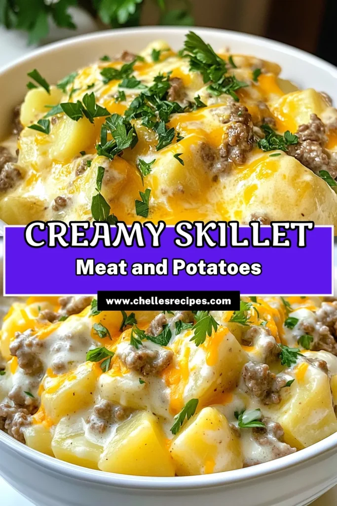 Savor the deliciousness of a Creamy Meat and Potato Skillet, your go-to ground beef potato recipe for a quick and satisfying meal. This creamy and cheesy skillet meal is perfect for busy weeknights! In just 30 minutes, you can whip up easy meat and potato recipes that your family will love. Don’t miss out—try this quick creamy dinner recipe tonight! Save this for later. #SkilletMeals #MeatAndPotato #EasyRecipes #DinnerIdeas