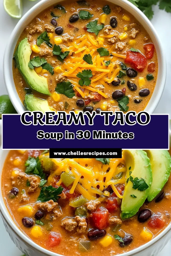 Looking for a comforting meal? Try this creamy taco soup recipe bursting with flavor! This easy creamy soup includes ground turkey, black beans, and corn for a satisfying dinner. In just 30 minutes, you can whip up a quick taco soup that’s perfect for busy nights. Don’t forget to top it with cheese and avocado for a cheesy taco soup with beans that everyone will love! Save this recipe for your next meal! #TacoSoup #CreamyTacoSoup #EasySoupRecipes #DinnerIdeas
