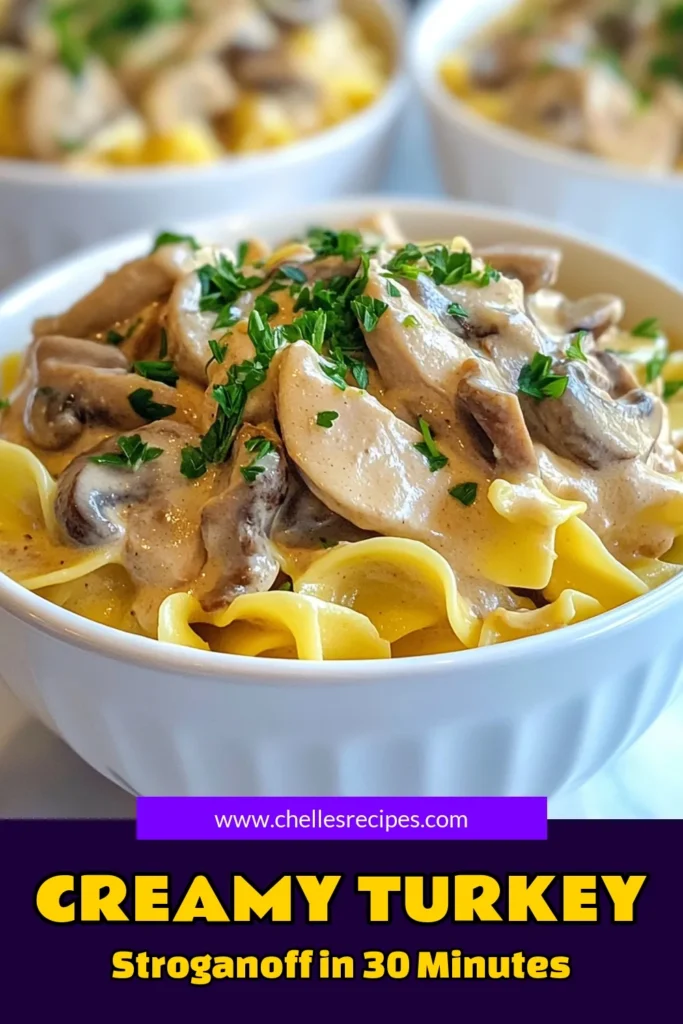 Looking for an easy and delicious meal? Try this Creamy Turkey Stroganoff recipe! It's a comfort food recipe that’s quick to make, featuring tender turkey stroganoff with egg noodles, perfect for busy nights. In just 30 minutes, you can enjoy this hearty dish that your whole family will love. Save this quick dinner recipe for your next mealtime inspiration! #CreamyTurkeyStroganoff #EasyTurkeyStroganoff #ComfortFood #QuickDinnerRecipes