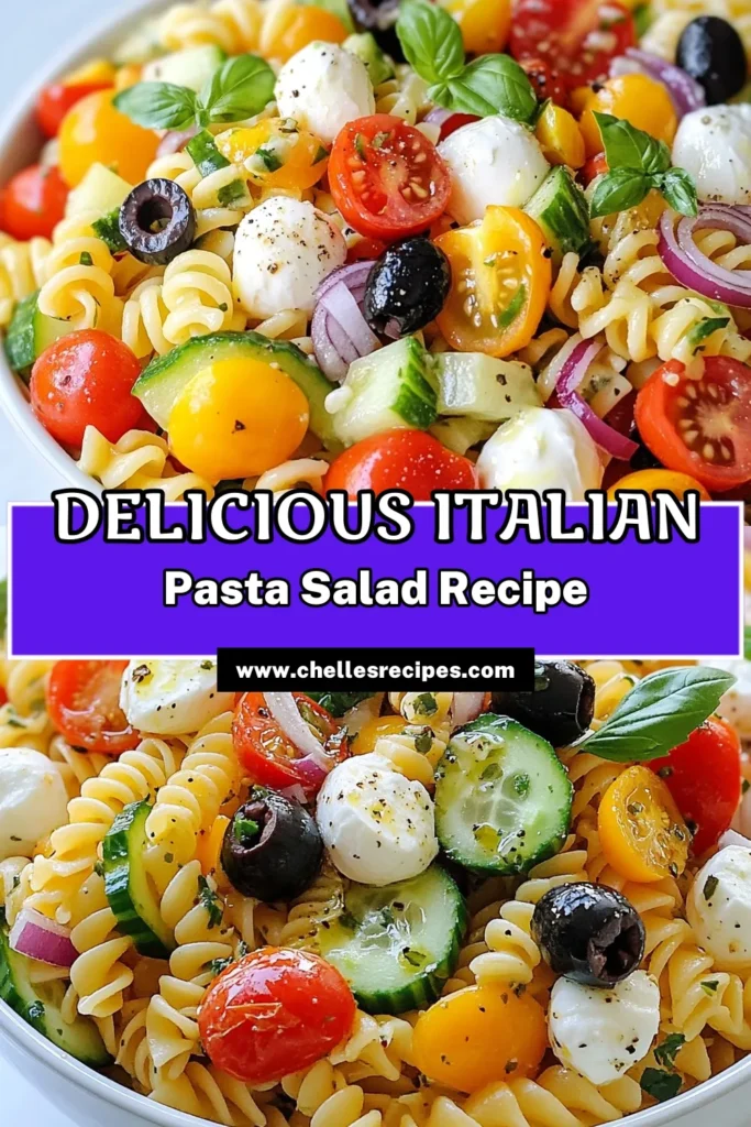 Enjoy this refreshing Italian pasta salad perfect for summer gatherings! Made with rotini pasta and vibrant veggies, this easy Italian dish takes just 15 minutes to prepare. Packed with flavor and served cold, it's a delightful addition to any meal. Try this Italian dressing pasta salad recipe for a tasty side that everyone will love. Don't forget to save it for your next cookout! #ItalianPastaSalad #RotiniPastaRecipes #SummerPastaSalad #EasyItalianDishes