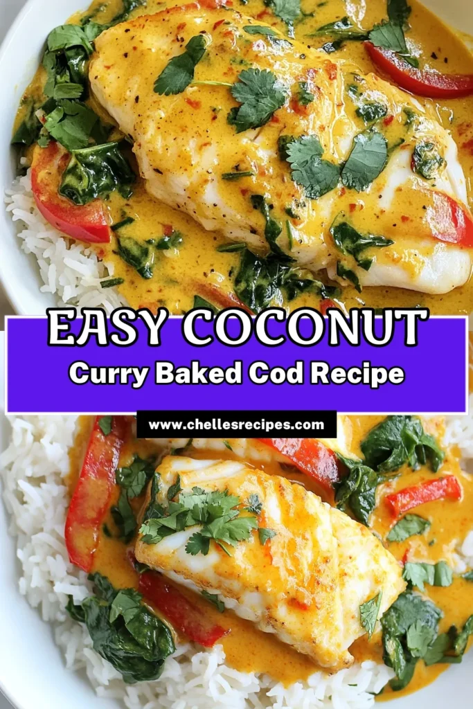 Discover the delicious Coconut Curry Baked Cod recipe that's perfect for an easy seafood dinner. This healthy cod curry combines flaky cod fillets with creamy baked cod with coconut milk and vibrant vegetables. Ready in just 40 minutes, it's a flavorful dish that the whole family will love. Try this curry cod fillets recipe tonight and elevate your weeknight meals! Save this recipe for a delightful dinner idea. #CoconutCurryCod #HealthySeafood #EasyDinner #CodRecipes