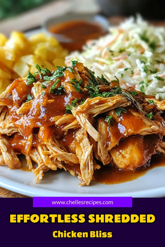 Looking for an easy shredded chicken recipe? Try this delicious slow cooker chicken that's perfect for BBQ chicken sandwiches! Just season and let it cook, then serve pulled chicken with coleslaw for a savory chicken dish your family will love. Ideal for weeknight dinners or gatherings, this pulled chicken is a crowd-pleaser. Save this recipe and enjoy effortless meal prep! #ShreddedChickenRecipe #SlowCookerChicken #BBQChickenSandwiches #SavoryChickenDishes
