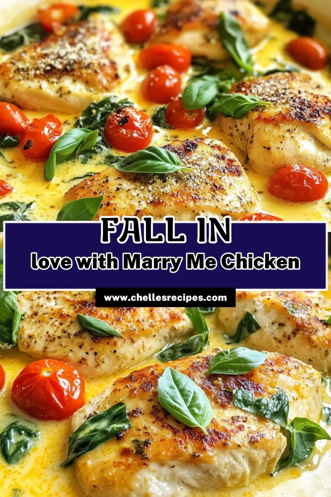 Discover the delicious Marry Me Chicken recipe—a creamy chicken with tomatoes that will impress everyone at your dinner table. This easy chicken skillet meal is perfect for busy nights, featuring tender chicken breasts and a rich sauce made in just one pan. Make your weeknight cooking stress-free with this flavorful skillet chicken dinner. Don’t miss out; save the recipe now! #MarryMeChicken #SkilletDinner #OnePanRecipe #EasyMeals
