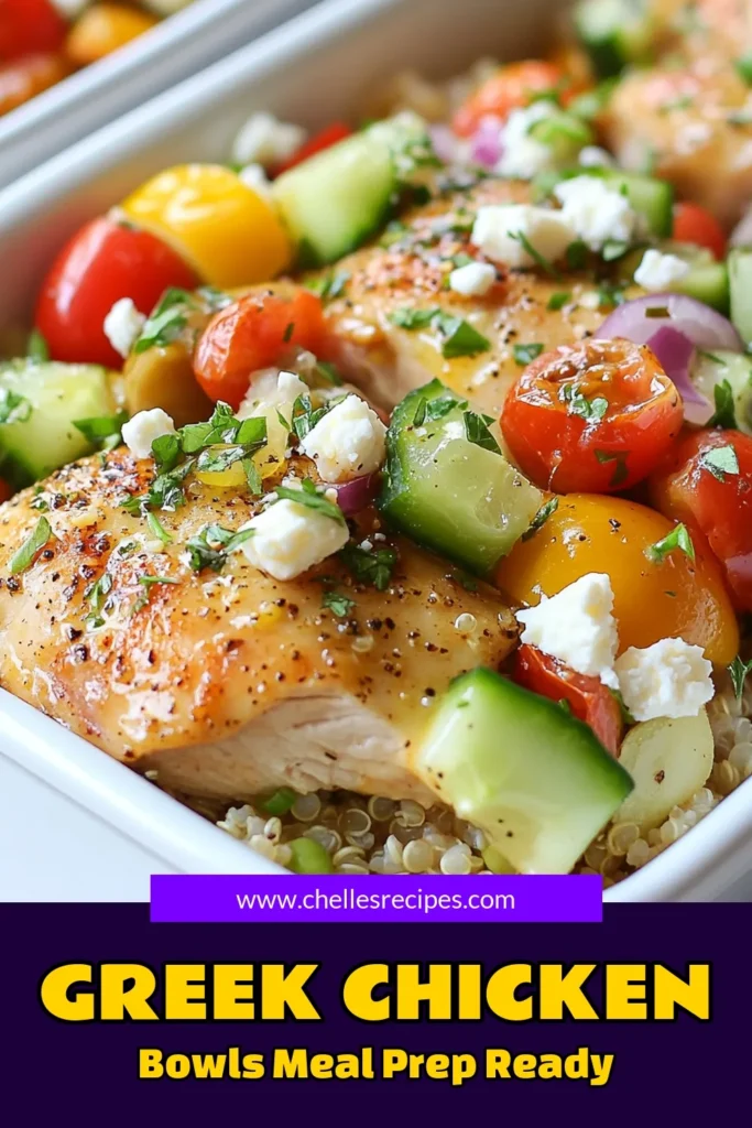 Make healthy eating easy with these delicious Greek chicken meal prep bowls! Packed with flavor and nutrition, this healthy chicken meal prep is perfect for busy weekdays. Featuring juicy marinated chicken thighs, veggies, quinoa, and creamy feta in Mediterranean chicken bowls, you'll love the vibrant blend. Try these quinoa meal prep recipes for your next meal prep session! Save this recipe for quick, nutritious meals. #MealPrep #HealthyRecipes #MediterraneanDiet #QuinoaBowls