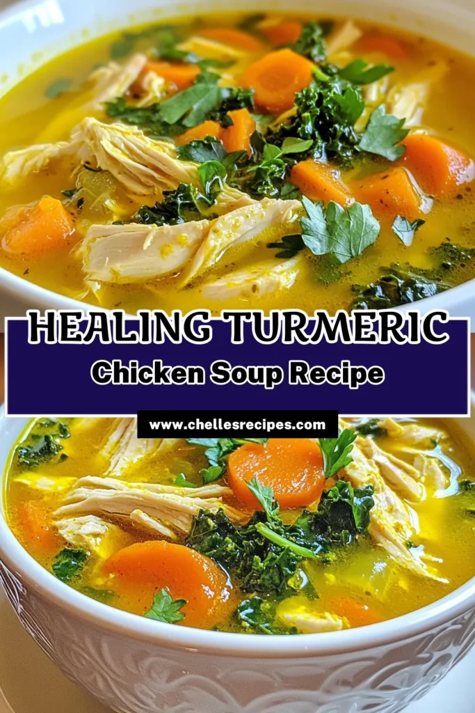 Warm up with this delicious turmeric chicken soup that’s not only comforting but also a healthy chicken soup recipe packed with flavor! This anti-inflammatory soup recipe uses coconut oil for a rich base and is loaded with veggies like carrots, sweet potatoes, and kale. Perfect for any day, this easy chicken soup with veggies makes for a nourishing meal. Save this recipe and boost your wellness today! #TurmericChickenSoup #HealthyRecipes #SoupSeason #AntiInflammatoryDiet
