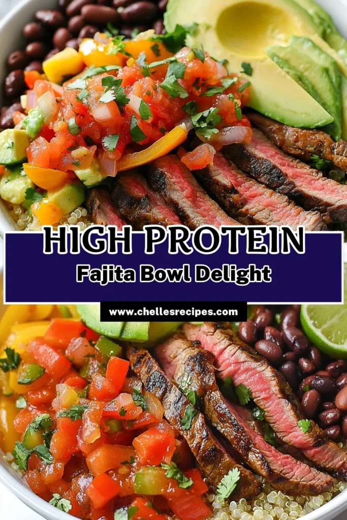 Indulge in a healthy twist with this high protein steak fajita bowl! This easy steak fajitas healthy recipe features tender flank steak marinated with spices, fresh veggies, and nutritious quinoa for a satisfying meal. Perfect for meal prep, this Mexican beef bowl recipe is not only delicious but also packed with protein. Try this healthy steak fajita recipe today and elevate your dinner game! Don’t forget to save and share! #SteakFajitaBowl #HealthyEating #QuinoaBowl #DinnerIdeas
