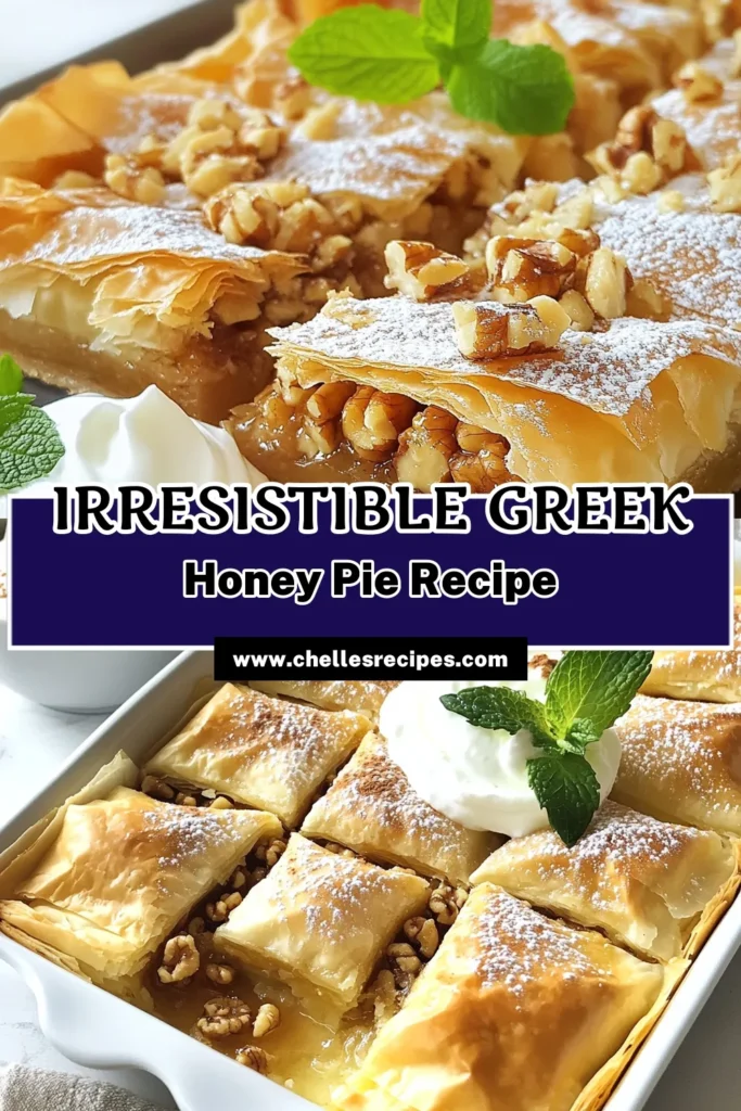 Discover the delicious Greek honey pie recipe that combines the flaky goodness of phyllo pastry with the rich flavors of walnuts and honey. This easy honey pie is the perfect traditional Greek dessert to impress your guests or treat your family. With just a few simple steps, you can create a mouthwatering walnut honey dessert that will have everyone asking for seconds. Save this recipe for your next gathering! #GreekHoneyPie #PhylloPastryDessert #TraditionalGreekDessert #EasyHoneyPie