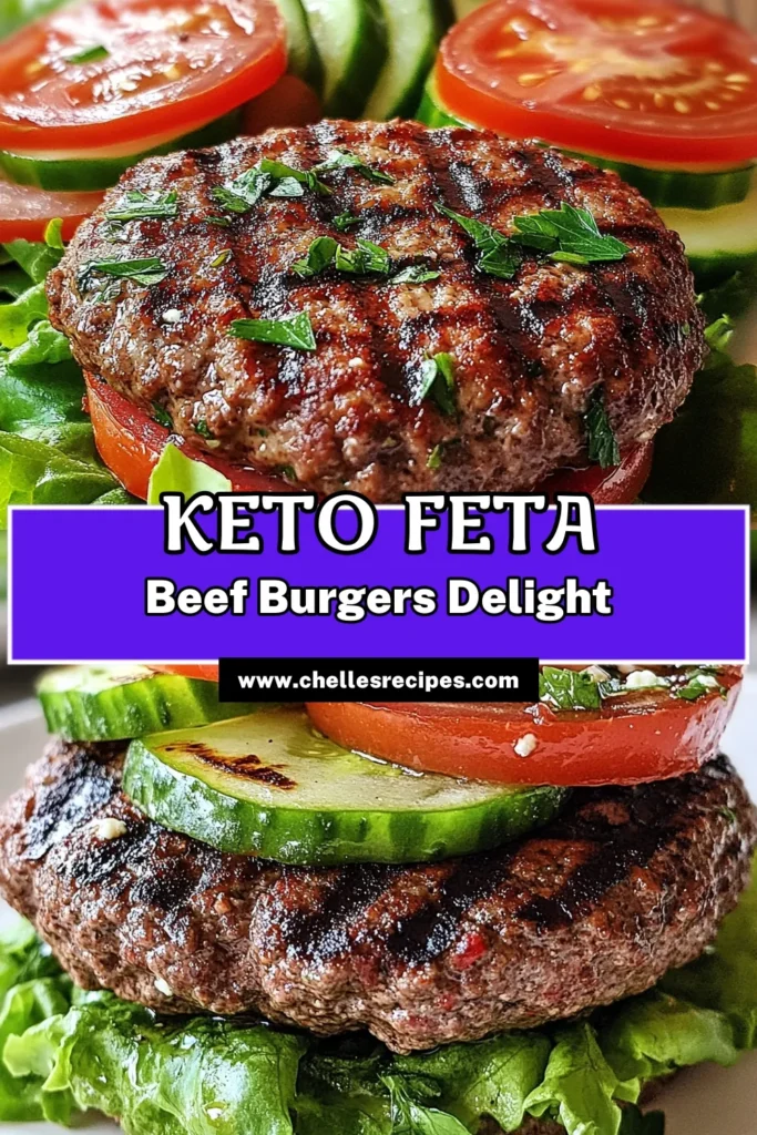 Enjoy delicious Keto Feta Beef Burgers that are perfect for your low carb lifestyle! This feta cheese burger recipe combines juicy ground beef with crumbled feta, garlic, and fresh herbs, making it a mouthwatering option for grilling keto burgers. Serve them in healthy burger lettuce wraps for a satisfying meal. Try this easy recipe now and save for your next cookout! #KetoRecipes #LowCarbLiving #HealthyEating #GrillingIdeas