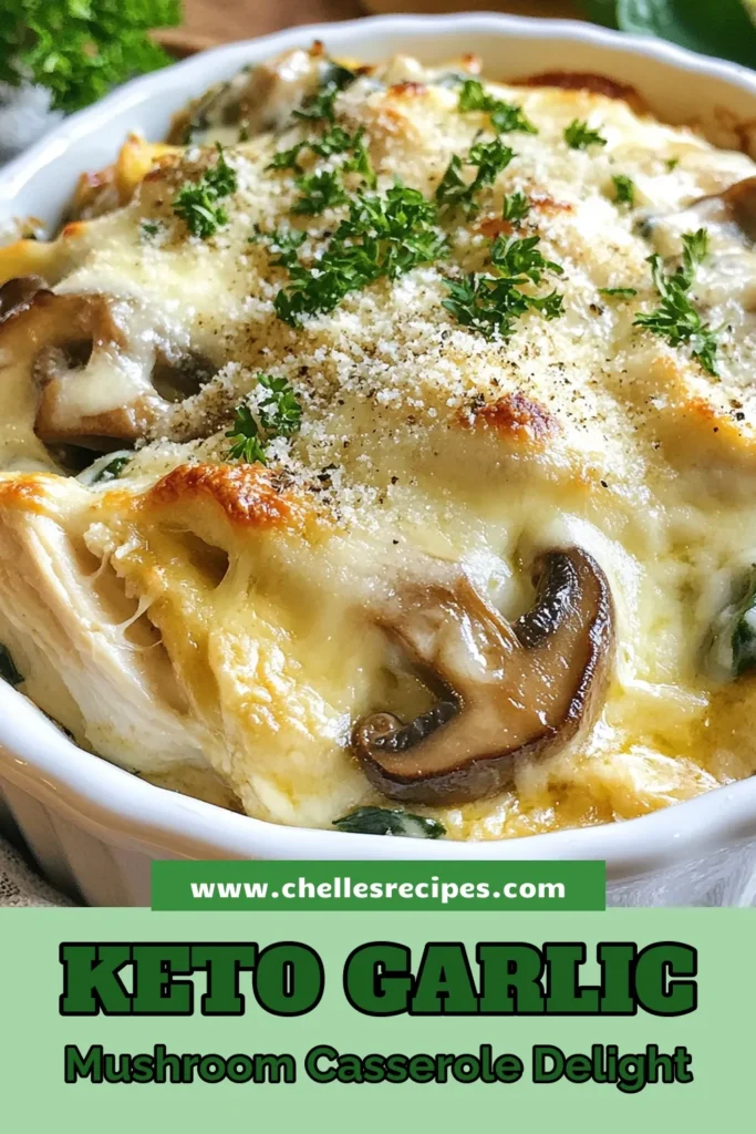 Savor this Keto Garlic Mushroom Chicken Casserole, the perfect low carb casserole recipe for a satisfying dinner! Packed with creamy mushroom chicken, shredded chicken, sautéed mushrooms, and rich cheeses, this keto-friendly dinner idea is both delicious and easy to make. Bake it for a bubbly, cheesy delight that everyone will love. Click to discover the full recipe and save it to your boards! #KetoDinner #LowCarbCasserole #KetoRecipes #MushroomChicken