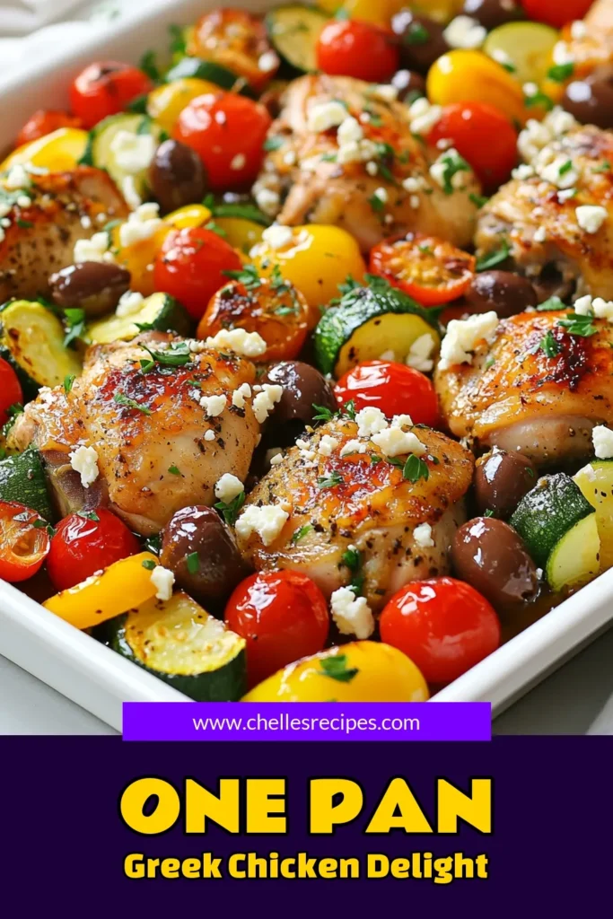 Discover the ultimate Greek chicken recipe with this one-pan chicken and veggies dish! Perfect for a healthy chicken dinner, this Mediterranean chicken dish combines juicy, baked chicken with vegetables like zucchini and cherry tomatoes for a flavorful meal. Easy to make in just 45 minutes, it's perfect for busy weeknights. Try it today and enjoy a burst of Mediterranean flavors! Save this delicious recipe! #GreekChickenRecipe #OnePanChicken #HealthyDinner #MediterraneanRecipes