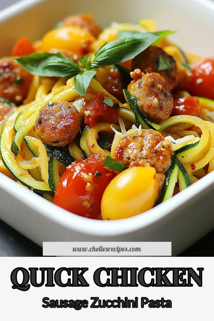 Discover the deliciousness of chicken sausage zucchini pasta, a perfect blend of flavors in this easy dinner recipe! Using spiralized zucchini, this healthy pasta dish is a lighter take on traditional favorites. SautΓ© chicken sausage and fresh veggies for a quick weeknight meal. Perfect for busy evenings, this Italian sausage zucchini skillet will impress your family. Save this recipe for a scrumptious dinner idea! #ChickenSausageZucchiniPasta #HealthyPastaDishes #EasyDinnerRecipes #SpiralizedZucchiniRecipes