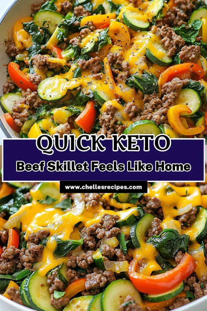 Looking for quick keto recipes? Try this delicious ground beef skillet recipe! Packed with zucchini, bell peppers, and spinach, this low carb dinner idea is perfect for busy weeknights. In just 25 minutes, you can create a healthy skillet meal that the whole family will love. Don’t wait—save this zucchini beef skillet for your next dinner! #QuickKetoRecipes #HealthySkilletMeals #LowCarbDinnerIdeas #GroundBeefSkilletRecipe