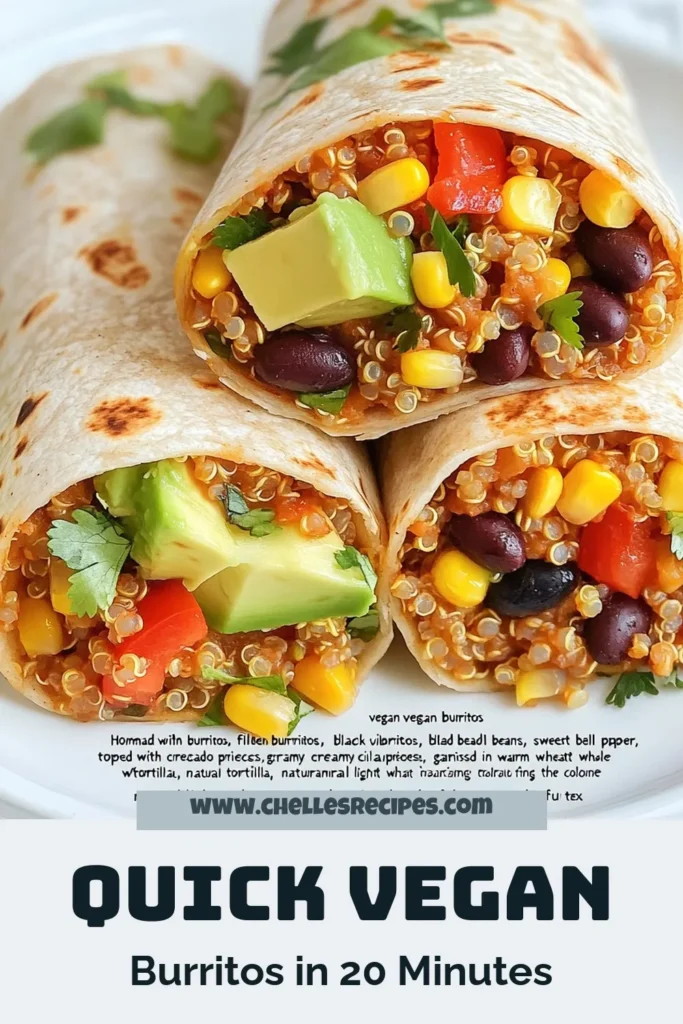 Looking for a quick meal? Try this delicious vegan burrito recipe featuring healthy quinoa burritos that are packed with flavor! These easy black bean burritos come together in just 20 minutes, making them perfect for busy days. Wrap your favorite ingredients in whole wheat tortillas for a satisfying and nutritious dish. Don't miss outβsave this recipe for your next quick vegetarian meal! #VeganBurritos #HealthyRecipes #QuickMeals #PlantBasedFood