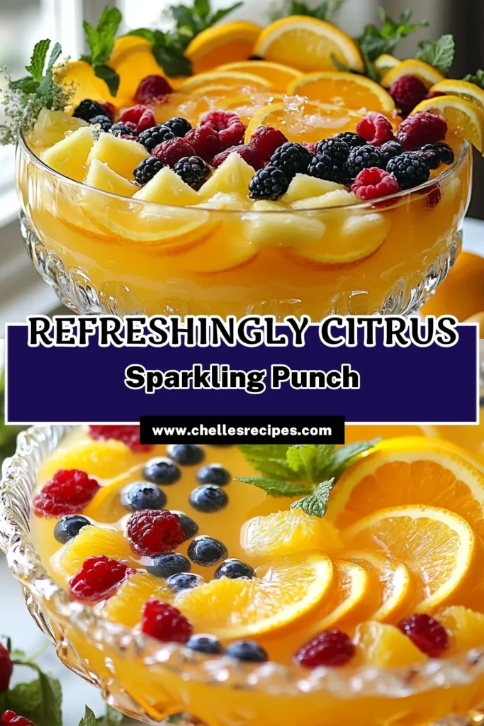 Looking for a delightful and refreshing fruit punch? Try this sparkling punch recipeβSparkling Citrus Bliss Punch! Perfect for summer gatherings, this non-alcoholic punch features a blend of sparkling water, citrus juices, and mixed berries. It's an easy-to-make citrus punch recipe that everyone will love. Ideal for any occasion, make this refreshing summer beverage idea today and impress your guests! Save this recipe! #FruitPunch #CitrusPunch #SummerBeverages #NonAlcoholicPunch