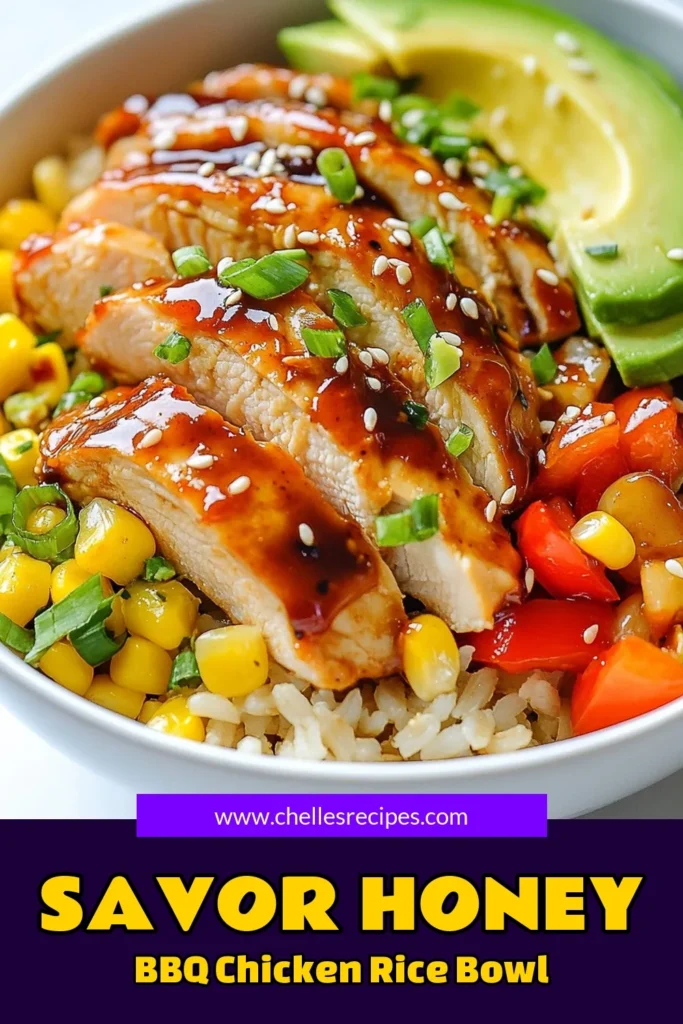 Discover the deliciousness of this Honey BBQ Chicken Bowl! Packed with tender chicken marinated in honey-infused BBQ sauce, this brown rice chicken recipe is a wholesome meal perfect for any night. The BBQ chicken rice bowl features colorful bell peppers, corn, and creamy avocado for a satisfying touch. Try this easy avocado rice bowl recipe that will impress your family and friends. Save for your next meal inspiration! #HoneyBBQChickenBowl #BBQChickenRiceBowl #BrownRiceChickenRecipe #AvocadoRiceBowlRecipe