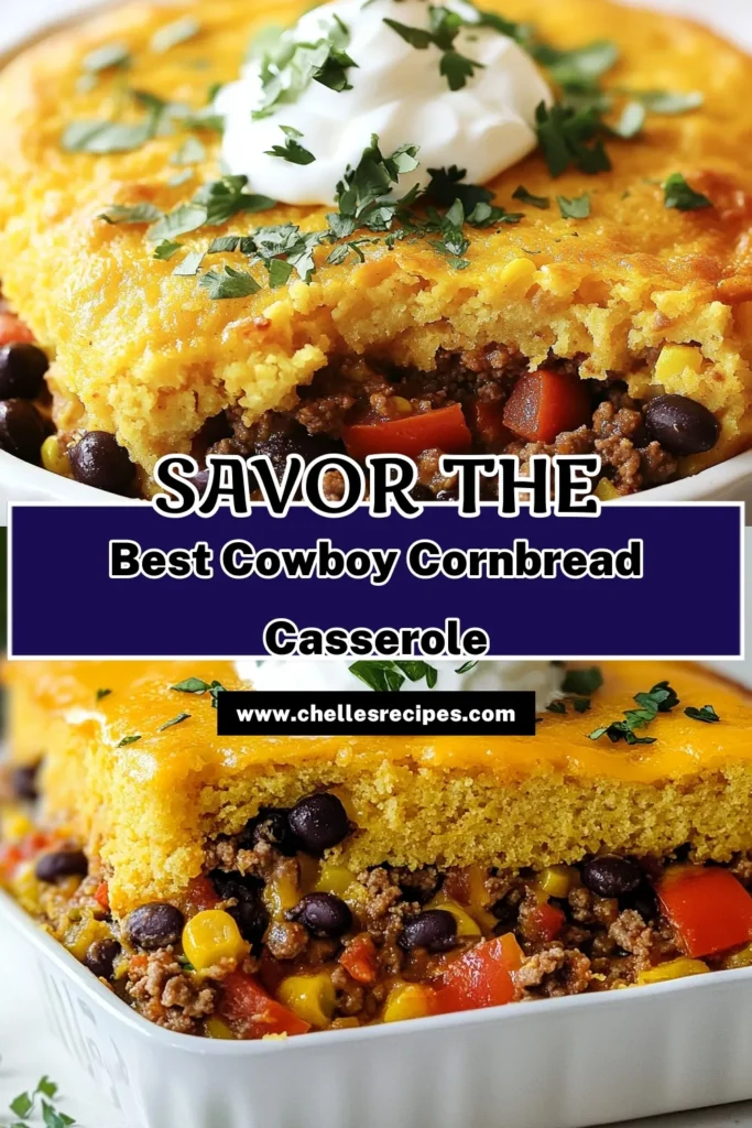 Savor the deliciousness of Cowboy Cornbread Casserole, the ultimate comfort dish your family will love! This Cornbread Casserole Recipe combines savory ground beef, zesty taco seasoning, and creamy cheddar cheese cornbread for a mouthwatering meal. Perfect for weeknight dinners or gatherings, it's easy to make and packed with flavor. Click for the full recipe and bring this hearty dish to your table tonight! #CowboyCornbreadCasserole #GroundBeefCasserole #CheddarCheeseCornbread #TacoSeasoningCasserole
