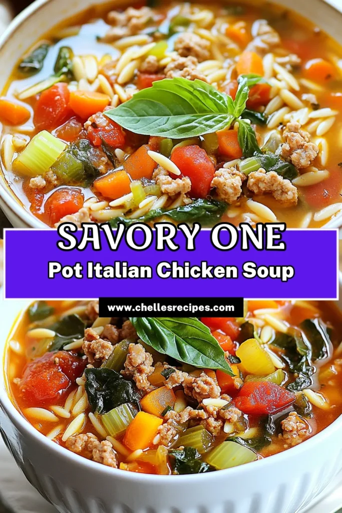 Discover a delicious and healthy chicken soup recipe with this One Pot Italian Ground Chicken Soup! This easy pasta soup combines tender ground chicken, fresh veggies, and orzo for a comforting meal in just 30 minutes. Perfect for busy weeknights, this flavorful orzo soup recipe is sure to become a family favorite. Save this recipe for a warming dinner that’s both nutritious and simple to make! #ItalianGroundChickenSoup #OnePotChickenSoup #EasyPastaSoup #OrzoSoupRecipe