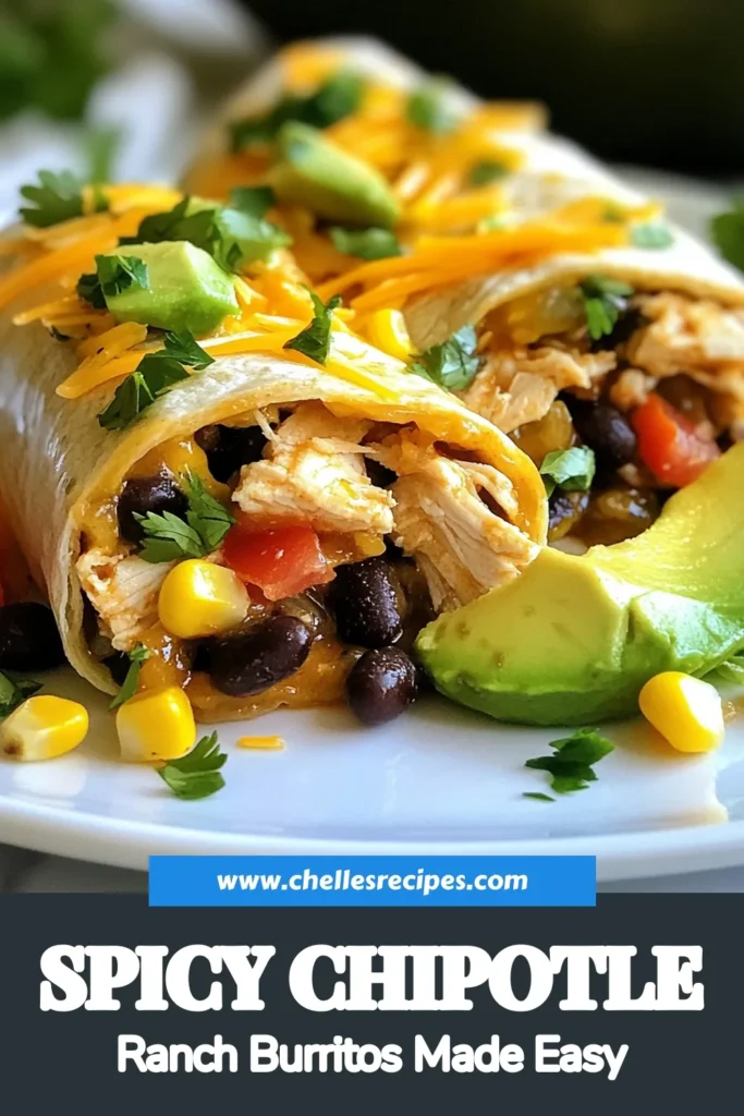 Discover the ultimate comfort food with these Chipotle Ranch Chicken Burritos! This easy burrito recipe combines tender shredded chicken, chipotle ranch dressing, and a medley of rice, black beans, and corn wrapped in a warm tortilla. Perfect for meal prep or weeknight dinners, these shredded chicken burritos are packed with flavor and nutrients. Try this delicious recipe today and elevate your burrito game! Save this for later! #ChipotleRanchChickenBurritos #EasyBurritoRecipes #ChickenBurritoRecipe #ShreddedChickenBurritos