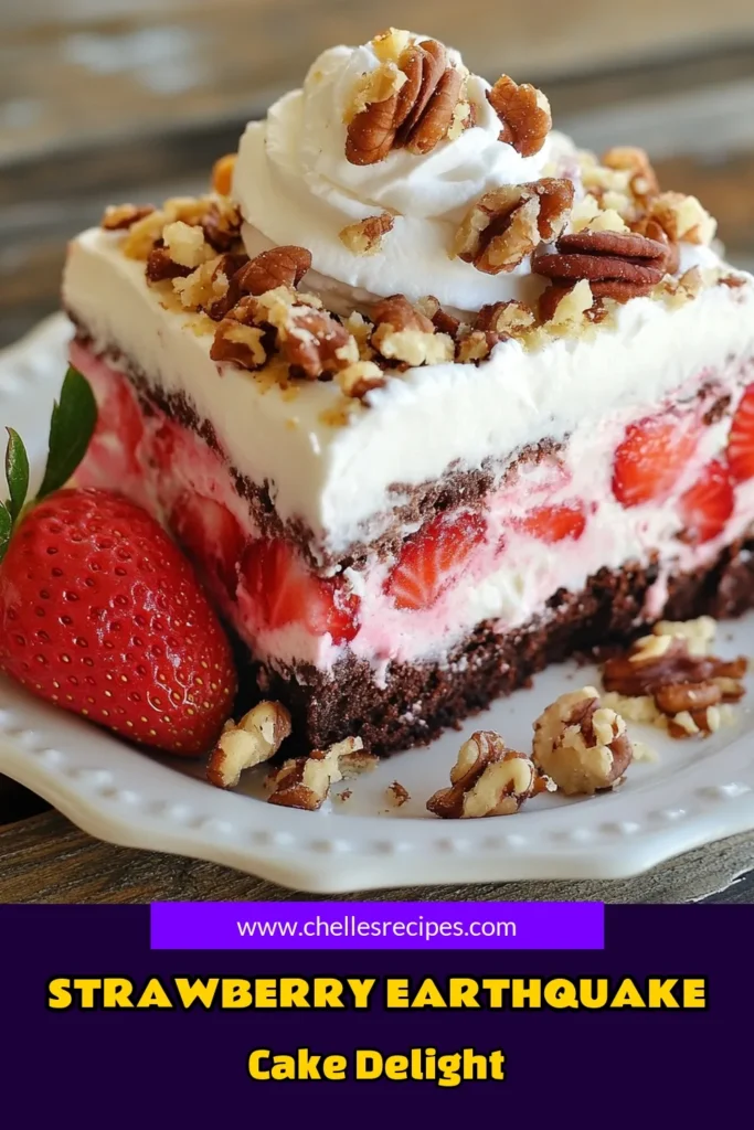 Indulge in the ultimate dessert with this Strawberry Earthquake Cake! This delightful Chocolate Strawberry Cake Recipe layers moist chocolate cake with fresh strawberries and a creamy cream cheese filling, making it an easy strawberry dessert everyone will love. Perfect for gatherings or a sweet treat at home, this Moist Chocolate Cake with Strawberries is a must-try. Save this recipe for your next baking adventure! #StrawberryDessert #ChocolateCake #EasyDesserts #BakingMagic