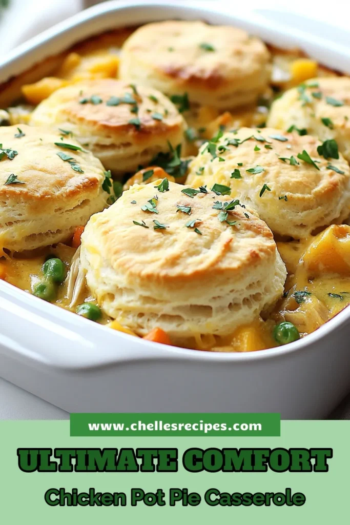 Discover the ultimate comfort food with this easy chicken pot pie casserole! Packed with shredded chicken, mixed veggies, and topped with buttery biscuits, it’s a hearty chicken casserole recipe perfect for family dinners. This delicious comfort food casserole is sure to become a favorite. Easy to make and even easier to love. Save this recipe for your next meal! #ChickenPotPieCasserole #EasyChickenCasseroleRecipe #HeartyChickenRecipes #ComfortFoodCasseroles