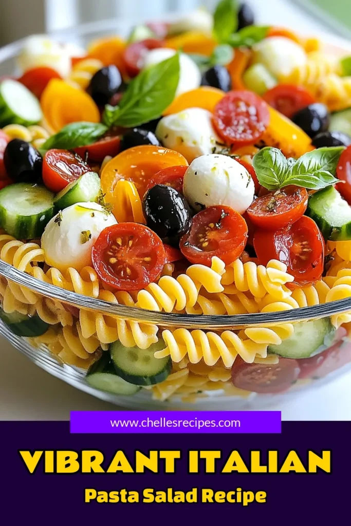 Looking for a delicious Italian pasta salad recipe? Try this vibrant classic Italian pasta salad featuring tri-color rotini salad, cherry tomatoes, cucumbers, and an easy pasta salad with olives. With creamy mozzarella and zesty dressing, this cold pasta salad with mozzarella is perfect for potlucks or family gatherings. Fresh and flavorful, it's sure to impress! Save this recipe for your next gathering! #ItalianPastaSalad #PastaSaladRecipe #EasyPastaSalad #ColdPastaSalad