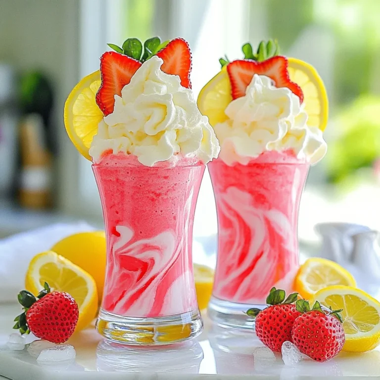 To make whipped pink lemonade, you need a few key items. Gather these ingredients for a refreshing drink: - 1 cup freshly squeezed lemon juice - 1 cup granulated sugar - 4 cups cold water - 1 cup fresh strawberries, hulled and sliced - 1 cup heavy whipping cream - 1 teaspoon vanilla extract - Ice cubes - Lemon slices for garnish - Strawberry slices for garnish These ingredients work together to create a sweet and tangy drink. The lemon juice gives it a bright flavor. The strawberries add a lovely pink hue and sweetness. If you want to change things up, you can try different sweeteners. Honey or agave syrup can replace granulated sugar. These choices add a unique flavor. If you want a lower-calorie option, consider using stevia or erythritol. For the cream, you can use coconut cream if you need a non-dairy option. It gives a nice richness, just like heavy cream. Whipped coconut cream can also work well in this recipe. Garnishing makes your drink look beautiful and adds flavor. Here are some ideas: - Lemon slices on the rim of the glass - Fresh strawberry slices placed on top - A sprig of mint for a pop of color These simple touches make your whipped pink lemonade even more appealing. They also add extra flavor and a fun look! {{ingredient_image_1}} To start, grab your blender. Add 1 cup of freshly squeezed lemon juice, 1 cup of granulated sugar, and 4 cups of cold water. Blend it well until the sugar disappears. This mix should look smooth and bright. Next, add 1 cup of fresh strawberries that you have hulled and sliced. Blend again until it turns creamy. If you like, you can strain this mix through a fine mesh sieve for a smoother drink. Set this wonderful pink lemonade aside. Now, let’s whip the cream! Take 1 cup of heavy whipping cream and pour it into a large mixing bowl. Use a hand mixer or a stand mixer for this. Start mixing on low speed and gradually increase it. Whip until you see soft peaks forming. This can take a few minutes. Once you see the soft peaks, add 1 teaspoon of vanilla extract. Continue whipping until you get stiff peaks. This means the cream should hold its shape well. It’s time to put everything together! Take your serving glasses and fill each one halfway with the strawberry lemonade base you made. Now, gently dollop or swirl the whipped cream on top. For a fun touch, use a spoon to create a marbled effect with the pink lemonade and cream. Don’t forget to add ice cubes to each glass to keep it nice and cold. Finally, garnish with lemon slices and strawberry slices on the rim. Enjoy this delightful and creamy treat! To make your lemonade smooth, blend well. Start with the lemon juice, sugar, and water. Blend until the sugar dissolves. If you want it even smoother, strain the mixture. Use a fine mesh sieve for best results. This helps remove any pulp and gives a nice texture. Whipping cream is all about timing. Use cold cream for the best results. Start mixing on a low speed to avoid mess. As the cream thickens, increase the speed. Stop when you see soft peaks first. Then add the vanilla and whip until stiff peaks form. This makes your cream light and fluffy. Make your drink look great! Use clear glasses to show off the layers. Fill the glass halfway with pink lemonade. Then, add a dollop of whipped cream on top. Swirl the cream for a fun look. Finally, add ice cubes and garnish with lemon and strawberry slices. This makes a stunning drink for any occasion! Pro Tips Use Fresh Ingredients: Always opt for freshly squeezed lemon juice and ripe strawberries for the best flavor. Fresh ingredients elevate the taste of your whipped pink lemonade. Adjust Sweetness: Depending on your preference and the tartness of your lemons, feel free to adjust the amount of sugar. Start with less, taste, and add more if needed. Chill Your Glasses: For an extra refreshing experience, chill your serving glasses in the freezer for a few minutes before pouring in the lemonade. This keeps your drink colder for longer. Create a Colorful Presentation: When garnishing, consider adding mint leaves or edible flowers alongside lemon and strawberry slices for a visually stunning drink that impresses your guests. {{image_2}} You can make this drink more fun by adding different fruits. Try using raspberries or blueberries. Both fruits add a nice color and taste. Blend them with the lemonade base, just like strawberries. You can even mix two or three fruits for a fruity twist. This makes your drink colorful and exciting. Each fruit brings its own flavor, making each sip unique. If you want a non-dairy option, there are great choices. Coconut cream works well as a substitute. Chill a can of coconut milk overnight. Scoop out the solid part and whip it up just like regular cream. Almond milk foam is another option. It's lighter but still gives a creamy feel. These alternatives make it easy for everyone to enjoy this treat. Adding herbs or extracts can change the drink's vibe. Fresh mint leaves can create a refreshing taste. Simply muddle a few leaves before blending. Basil adds a unique flavor that surprises the taste buds. You can also use extracts like almond, coconut, or even lavender. Just a drop or two can elevate your drink. Experimenting with flavors can help you find your favorite combination. To keep leftover lemonade fresh, pour it into a clean, airtight container. Make sure to seal the container tightly. Store it in the fridge. This helps maintain its flavor and chill. If you have leftover whipped cream, store it separately. It will keep for a short time but may lose texture. Store whipped cream in a tightly sealed container. If you have a lot, consider using a piping bag. This keeps it fresh and easy to use later. Place it in the fridge. Try to use it within a day or two for the best taste and texture. The assembled drink tastes best when served fresh. If you store it, the whipped cream may lose its fluff. It’s best to consume it within a few hours. If you keep the lemonade and whipped cream separate, the lemonade can last up to three days. The cream should be used within two days for the best results. Yes, you can make the lemonade mix ahead of time. Just blend the lemon juice, sugar, and water. Store it in the fridge for up to three days. However, I suggest whipping the cream fresh. It tastes best that way. If you don’t have fresh strawberries, you can use frozen ones. Just thaw and slice them. You can also try raspberries or blueberries for a twist. These fruits work well and will still give you that pink color. To make it less sweet, reduce the sugar. Start with half a cup and taste. You can also add more lemon juice for a tangy flavor. This way, you balance sweetness and tartness perfectly. Yes, you can use bottled lemon juice. Just make sure it’s pure lemon juice with no added sugar. Freshly squeezed juice gives the best flavor, but bottled juice works well in a pinch. Whipped pink lemonade is fun and easy to make. You learned about its key ingredients and preparation steps. We explored sweeteners, cream types, and garnishing ideas to enhance flavor. I shared tips for smooth lemonade and perfect whipped cream. You can also try fruit variations and non-dairy options. In the end, enjoy making this drink your own. Use these ideas for tasty results every time. Your friends will love the vibrant look and taste!