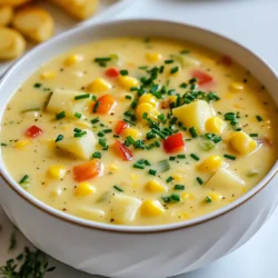- 4 cups fresh corn kernels (about 6-8 ears of corn, or 2 cans of corn, drained) - 1 medium onion, diced - 2 cloves garlic, minced - 2 medium potatoes, peeled and diced - 1 red bell pepper, diced - Fresh chives or parsley for garnish - 4 cups vegetable broth - 1 cup coconut milk (or heavy cream for a non-vegan option) - 1 tablespoon olive oil - 1 teaspoon smoked paprika - 1 teaspoon thyme - Salt and pepper to taste For a vegan option, use coconut milk. It gives a creamy taste without dairy. If you're gluten-free, check your broth label. Most vegetable broths are gluten-free. You can add different vegetables, too. Try zucchini or carrots for extra flavor. If you want protein, add cooked beans or tofu for a filling meal. Enjoy making it your own! {{ingredient_image_1}} Start by gathering your fresh ingredients. You need four cups of corn kernels. You can use six to eight ears of corn or two cans of drained corn. Next, dice one medium onion and mince two cloves of garlic. Peel and dice two medium potatoes. Finally, chop one red bell pepper. In a large pot, heat one tablespoon of olive oil over medium heat. Once hot, add the diced onion. Sauté for three to four minutes until soft. Then, add the minced garlic and stir for one minute. Next, toss in the diced red bell pepper and potatoes. Cook these for five more minutes. Now, stir in the corn kernels, one teaspoon of smoked paprika, and one teaspoon of thyme. Mix well to combine all the flavors. Pour in four cups of vegetable broth and bring it to a boil. Reduce the heat and let it simmer for 15 to 20 minutes. Make sure the potatoes are tender. When the potatoes are cooked, take an immersion blender. Puree about half of the chowder until creamy. Leave some chunks for texture. If you don't have an immersion blender, carefully transfer half to a standard blender. Blend until smooth, then return it to the pot. Lastly, stir in one cup of coconut milk or heavy cream. Season the chowder with salt and pepper to taste. Heat it through for five more minutes. Using an immersion blender is easy and fun. Keep the blender submerged in the chowder to avoid splatters. Start blending slowly, then increase speed for a smooth texture. If you want a chunkier chowder, blend less. Always remember to turn off the blender before lifting it out. This prevents messes in your kitchen! To get the best texture, you should sauté your onion and garlic well. This step adds a nice base. Use a good amount of olive oil to keep it moist. When adding corn, mix it in well. I like to blend half of the chowder to create creaminess. This keeps some corn pieces for a nice bite. If you don’t have an immersion blender, use a regular blender carefully. Remember to let it cool a bit before blending hot soup. For extra flavor, I suggest using smoked paprika. It gives depth to the chowder. You can also add thyme for a lovely herbal note. Don’t forget to season with salt and pepper to taste. Fresh chives or parsley make a great garnish too. They add color and a fresh taste. If you want, try a squeeze of lemon juice. This can brighten up the flavors nicely. One common mistake is overcooking the potatoes. They should be tender, not mushy. Make sure to check them with a fork. Another mistake is not blending enough. The creamy texture is key, so blend at least half. Lastly, don’t skip the seasoning. Taste as you cook, and adjust to your liking. This ensures a delicious chowder every time. Pro Tips Fresh Corn Matters: Use fresh corn for the best flavor and sweetness. If using frozen corn, make sure it's high-quality and thawed before adding it to the chowder. Texture Variation: For a creamier chowder, blend more of the mixture. If you prefer a chunkier texture, blend less and retain more of the vegetable pieces. Seasoning Adjustments: Taste the chowder before serving and adjust the seasoning as needed. Adding a pinch of cayenne pepper can give it a nice kick! Garnish for Freshness: Always garnish with fresh herbs like chives or parsley just before serving to add a burst of color and flavor. {{image_2}} You can make this chowder vegan by using coconut milk. This milk gives the soup a rich and creamy taste. Use the same ingredients from the original recipe. Just skip the heavy cream. The fresh corn adds sweetness. It blends well with the spices too. This version is just as tasty and satisfying. To make this chowder gluten-free, you don’t need to change much. All the main ingredients are naturally gluten-free. Use vegetable broth and check the label for any gluten. If you want to add some thickness, use cornstarch mixed with water. This will keep your chowder creamy without any gluten. You can boost the nutrition of this chowder by adding proteins. Cooked chicken or shrimp works well. You could also add beans for a vegetarian option. For extra veggies, try carrots, zucchini, or spinach. Just chop them up and add them in when you add the corn. They will cook quickly and add nice colors. To store your creamy corn chowder, let it cool first. Use an airtight container. This keeps it fresh in the fridge for up to three days. When ready to eat, check for any signs of spoilage first. If it smells good and looks fine, you can dig in! If you want to keep chowder longer, freezing works well. Portion the chowder into freezer-safe containers. Leave some space at the top, as it expands when frozen. Label each container with the date. You can freeze it for up to three months. Just remember, freezing may change the texture a bit. When it's time to enjoy your chowder again, take it out of the fridge or freezer. If frozen, let it thaw overnight in the fridge. To reheat, pour the chowder into a pot over medium heat. Stir often until it’s hot. If it seems thick, add a splash of vegetable broth or coconut milk to loosen it up. Enjoy your warm, tasty bowl! Yes, you can use frozen corn. It saves time and is easy to find. Frozen corn has a great taste and cooks quickly. Just add it to the pot with the other veggies. You can skip the step of cutting fresh corn off the cob. To spice up your chowder, add more smoked paprika. You can also mix in some cayenne pepper or diced jalapeños. Start with a little, then taste it. This way, you can adjust the heat to your liking. Adding fresh black pepper can also give it an extra kick. For toppings, fresh chives or parsley add bright flavor. Crumbled bacon gives a nice crunch and saltiness. You can also sprinkle cheese or a dollop of sour cream on top. If you like a bit more heat, try adding sliced jalapeños or a drizzle of hot sauce. This blog post covered all you need to make the best corn chowder. We explored fresh and pantry ingredients, plus options for different diets. I shared a step-by-step guide and tips for perfect texture and flavor. You learned variations, storage tips, and answers to common questions. The right ingredients and techniques can elevate your dish. Enjoy making this chowder your own! Your creativity can lead to a delicious meal everyone will love.