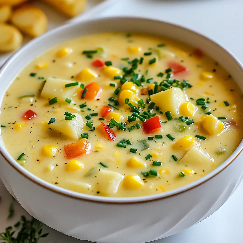 - 4 cups fresh corn kernels (about 6-8 ears of corn, or 2 cans of corn, drained) - 1 medium onion, diced - 2 cloves garlic, minced - 2 medium potatoes, peeled and diced - 1 red bell pepper, diced - Fresh chives or parsley for garnish - 4 cups vegetable broth - 1 cup coconut milk (or heavy cream for a non-vegan option) - 1 tablespoon olive oil - 1 teaspoon smoked paprika - 1 teaspoon thyme - Salt and pepper to taste For a vegan option, use coconut milk. It gives a creamy taste without dairy. If you're gluten-free, check your broth label. Most vegetable broths are gluten-free. You can add different vegetables, too. Try zucchini or carrots for extra flavor. If you want protein, add cooked beans or tofu for a filling meal. Enjoy making it your own! {{ingredient_image_1}} Start by gathering your fresh ingredients. You need four cups of corn kernels. You can use six to eight ears of corn or two cans of drained corn. Next, dice one medium onion and mince two cloves of garlic. Peel and dice two medium potatoes. Finally, chop one red bell pepper. In a large pot, heat one tablespoon of olive oil over medium heat. Once hot, add the diced onion. Sauté for three to four minutes until soft. Then, add the minced garlic and stir for one minute. Next, toss in the diced red bell pepper and potatoes. Cook these for five more minutes. Now, stir in the corn kernels, one teaspoon of smoked paprika, and one teaspoon of thyme. Mix well to combine all the flavors. Pour in four cups of vegetable broth and bring it to a boil. Reduce the heat and let it simmer for 15 to 20 minutes. Make sure the potatoes are tender. When the potatoes are cooked, take an immersion blender. Puree about half of the chowder until creamy. Leave some chunks for texture. If you don't have an immersion blender, carefully transfer half to a standard blender. Blend until smooth, then return it to the pot. Lastly, stir in one cup of coconut milk or heavy cream. Season the chowder with salt and pepper to taste. Heat it through for five more minutes. Using an immersion blender is easy and fun. Keep the blender submerged in the chowder to avoid splatters. Start blending slowly, then increase speed for a smooth texture. If you want a chunkier chowder, blend less. Always remember to turn off the blender before lifting it out. This prevents messes in your kitchen! To get the best texture, you should sauté your onion and garlic well. This step adds a nice base. Use a good amount of olive oil to keep it moist. When adding corn, mix it in well. I like to blend half of the chowder to create creaminess. This keeps some corn pieces for a nice bite. If you don’t have an immersion blender, use a regular blender carefully. Remember to let it cool a bit before blending hot soup. For extra flavor, I suggest using smoked paprika. It gives depth to the chowder. You can also add thyme for a lovely herbal note. Don’t forget to season with salt and pepper to taste. Fresh chives or parsley make a great garnish too. They add color and a fresh taste. If you want, try a squeeze of lemon juice. This can brighten up the flavors nicely. One common mistake is overcooking the potatoes. They should be tender, not mushy. Make sure to check them with a fork. Another mistake is not blending enough. The creamy texture is key, so blend at least half. Lastly, don’t skip the seasoning. Taste as you cook, and adjust to your liking. This ensures a delicious chowder every time. Pro Tips Fresh Corn Matters: Use fresh corn for the best flavor and sweetness. If using frozen corn, make sure it's high-quality and thawed before adding it to the chowder. Texture Variation: For a creamier chowder, blend more of the mixture. If you prefer a chunkier texture, blend less and retain more of the vegetable pieces. Seasoning Adjustments: Taste the chowder before serving and adjust the seasoning as needed. Adding a pinch of cayenne pepper can give it a nice kick! Garnish for Freshness: Always garnish with fresh herbs like chives or parsley just before serving to add a burst of color and flavor. {{image_2}} You can make this chowder vegan by using coconut milk. This milk gives the soup a rich and creamy taste. Use the same ingredients from the original recipe. Just skip the heavy cream. The fresh corn adds sweetness. It blends well with the spices too. This version is just as tasty and satisfying. To make this chowder gluten-free, you don’t need to change much. All the main ingredients are naturally gluten-free. Use vegetable broth and check the label for any gluten. If you want to add some thickness, use cornstarch mixed with water. This will keep your chowder creamy without any gluten. You can boost the nutrition of this chowder by adding proteins. Cooked chicken or shrimp works well. You could also add beans for a vegetarian option. For extra veggies, try carrots, zucchini, or spinach. Just chop them up and add them in when you add the corn. They will cook quickly and add nice colors. To store your creamy corn chowder, let it cool first. Use an airtight container. This keeps it fresh in the fridge for up to three days. When ready to eat, check for any signs of spoilage first. If it smells good and looks fine, you can dig in! If you want to keep chowder longer, freezing works well. Portion the chowder into freezer-safe containers. Leave some space at the top, as it expands when frozen. Label each container with the date. You can freeze it for up to three months. Just remember, freezing may change the texture a bit. When it's time to enjoy your chowder again, take it out of the fridge or freezer. If frozen, let it thaw overnight in the fridge. To reheat, pour the chowder into a pot over medium heat. Stir often until it’s hot. If it seems thick, add a splash of vegetable broth or coconut milk to loosen it up. Enjoy your warm, tasty bowl! Yes, you can use frozen corn. It saves time and is easy to find. Frozen corn has a great taste and cooks quickly. Just add it to the pot with the other veggies. You can skip the step of cutting fresh corn off the cob. To spice up your chowder, add more smoked paprika. You can also mix in some cayenne pepper or diced jalapeños. Start with a little, then taste it. This way, you can adjust the heat to your liking. Adding fresh black pepper can also give it an extra kick. For toppings, fresh chives or parsley add bright flavor. Crumbled bacon gives a nice crunch and saltiness. You can also sprinkle cheese or a dollop of sour cream on top. If you like a bit more heat, try adding sliced jalapeños or a drizzle of hot sauce. This blog post covered all you need to make the best corn chowder. We explored fresh and pantry ingredients, plus options for different diets. I shared a step-by-step guide and tips for perfect texture and flavor. You learned variations, storage tips, and answers to common questions. The right ingredients and techniques can elevate your dish. Enjoy making this chowder your own! Your creativity can lead to a delicious meal everyone will love.