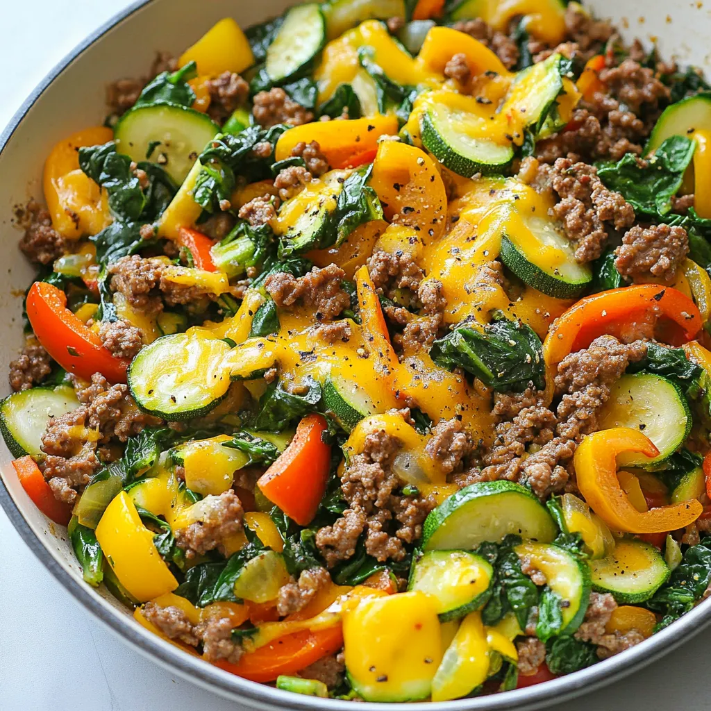 - 1 lb ground beef (85% lean) - 2 cups zucchini, diced - 1 cup bell peppers, chopped (any color) - 1 cup spinach, roughly chopped - 1 small onion, diced - 2 cloves garlic, minced The main ingredients are simple yet full of flavor. Ground beef is the star here. I like an 85% lean blend. It gives good flavor without too much fat. Zucchini adds a nice crunch. Bell peppers bring sweetness and color. Spinach is great for nutrition. Onion and garlic give a strong base to the dish. - 1 tablespoon olive oil - 1 teaspoon dried oregano - 1 teaspoon paprika - Salt and pepper to taste For seasonings, I use olive oil to sauté the veggies. Oregano adds a warm, earthy flavor. Paprika gives a touch of smokiness. Don't forget salt and pepper. They help enhance every bite. - 1/2 cup shredded cheddar cheese If you want extra creaminess, add shredded cheddar cheese. It melts beautifully and makes the dish even better. You can skip it if you prefer a lighter meal. {{ingredient_image_1}} To start, grab a large skillet and place it on the stove. Pour in one tablespoon of olive oil and turn the heat to medium. Once the oil is hot, add the diced onion and minced garlic. Sauté them for about three to four minutes. You want the onion to turn soft and clear. This step adds a great base flavor to your dish. Next, increase the heat to medium-high. Add in one pound of ground beef. Break it up with a spatula as it cooks. You need to brown the beef for about five to seven minutes. Season it with salt, pepper, dried oregano, and paprika. This blend gives the beef a rich taste that complements the other ingredients. Now it’s time to add some fresh veggies. Stir in two cups of diced zucchini and one cup of chopped bell peppers. Cook these for about five to six minutes until they are tender. Lastly, fold in one cup of roughly chopped spinach. Cook this for about two minutes until it wilts. If you want, you can sprinkle half a cup of shredded cheddar cheese on top for extra flavor. Enjoy your meal! To get the perfect beef browning, use a hot skillet. Add the ground beef after the oil is hot. This helps lock in flavor. Cook it until it’s brown, breaking it apart as it cooks. This will take about 5-7 minutes. When you cook the veggies, adjust the time based on your taste. If you like crunchier veggies, cook them for less time. If you prefer softer veggies, let them cook a bit longer. Just keep an eye on them so they don’t turn mushy. To change up the flavor, add spices and herbs. Try cumin for a warm taste or thyme for freshness. You can also use chili powder if you like some heat. Adding cheese gives a creamy touch. I love using shredded cheddar, but you can try mozzarella or pepper jack. Just sprinkle it on top before serving and let it melt into the dish. For sides, think about a fresh salad or cauliflower rice. Both pair well with this skillet meal. You can also top it with sour cream or avocado slices for added creaminess. A sprinkle of fresh herbs, like parsley or cilantro, can brighten the dish, too. Pro Tips Choose Lean Meat: Opting for 85% lean ground beef helps reduce fat while still providing flavor and moisture to the dish. Vegetable Variations: Feel free to substitute or add other low-carb vegetables like mushrooms, broccoli, or asparagus for added nutrition and variety. One-Pan Wonder: This recipe is a one-pan meal, making cleanup a breeze. Consider using a non-stick skillet for easier cooking and cleaning. Cheese Options: Experiment with different types of cheese, such as mozzarella or pepper jack, for unique flavors depending on your taste preference. {{image_2}} You can easily switch the ground beef for other meats. Ground turkey, chicken, or pork work well. You can even use plant-based meat if you want a vegan option. If you want to add different vegetables, consider using mushrooms, cauliflower, or eggplant. These will change the dish’s taste and add fun colors. Do you like your food spicy? You can add heat by using jalapeños or other peppers. Chop them up and mix them in with the onions and garlic. You can also drizzle some hot sauce on top. This will give your meal a nice kick and keep things exciting. If you want to make this dish dairy-free, simply skip the cheese. You can also use coconut milk or cashew cream for a creamy texture. If you want to make it vegan, swap the ground beef for lentils or chickpeas. This keeps the meal filling while sticking to your diet. To keep your Quick Keto Ground Beef Skillet fresh, let it cool first. Place leftovers in an airtight container. Store them in the fridge for up to three days. This keeps the flavors locked in and helps prevent spoilage. When ready to eat, just take it out and reheat. Reheating is simple. You can use a microwave or a skillet. If using a microwave, heat in short bursts. Stir the dish between bursts to ensure even heating. If using a skillet, add a splash of water or broth to help steam the dish. Heat over low to medium heat until warm. This keeps the beef juicy and the veggies crisp. Freezing is an option too! To freeze, let the dish cool completely. Then, portion it into freezer-safe containers. Be sure to leave some space at the top for expansion. Label each container with the date. When you want to eat it, remove it from the freezer. Thaw it overnight in the fridge. Then, reheat as mentioned above. This way, you have a quick meal ready whenever you need it! It takes about 25 minutes from start to finish. You will spend 10 minutes on prep. The cooking time is around 15 minutes. This makes it a fast meal for busy nights. Yes, you can prepare this dish ahead of time. Cook it fully and let it cool. Store it in an airtight container in the fridge for up to three days. You can also freeze it for up to three months. Just thaw it overnight in the fridge when you want to eat it. Here are some great swaps: - Use ground turkey or chicken instead of beef. - Replace zucchini with cauliflower rice or broccoli. - Bell peppers can be swapped for asparagus or green beans. - Use nutritional yeast instead of cheese for a dairy-free option. These changes keep your meal keto-friendly while adding variety. In this blog post, we explored a simple and tasty Quick Keto Ground Beef Skillet. We reviewed the main ingredients like ground beef, zucchini, and bell peppers. Then we outlined step-by-step instructions for cooking. Tips included how to get the perfect beef browning and ways to enhance flavors. Lastly, we discussed variations and storage options. This dish is not only easy to make, but it’s also versatile. You can swap ingredients to suit your taste and needs. Enjoy creating this quick, healthy meal!