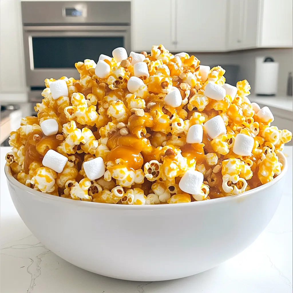 - 8 cups popped popcorn - 1 cup granulated sugar - 1/4 cup unsalted butter - 1/4 cup light corn syrup - 1/2 teaspoon salt - 1/2 teaspoon baking soda - 1 teaspoon vanilla extract - 2 cups mini marshmallows - Optional: 1/2 cup chopped nuts (e.g., pecans or peanuts) Gathering the right ingredients is key to making this tasty treat. Start with eight cups of popped popcorn. You can pop your popcorn on the stove or in an air popper. Just make sure it’s fresh and fluffy! Next, you need one cup of granulated sugar. This will give your caramel that sweet flavor we love. You’ll also need a quarter cup of unsalted butter. This adds richness to our caramel. You’ll need a quarter cup of light corn syrup. This helps keep the caramel smooth. Also, grab half a teaspoon of salt. It enhances the sweetness of the sugar. For some magic, you’ll need half a teaspoon of baking soda. This will make your caramel light and airy. You’ll also need one teaspoon of vanilla extract for that warm flavor. Finally, you’ll need two cups of mini marshmallows. They melt and blend with the caramel. If you like nuts, you can add half a cup of chopped nuts too. Pecans or peanuts work great! These ingredients will come together to make a treat everyone will love. Prepare them all before you start cooking for the best results! - Preheat your oven to 250°F (120°C) and line a large baking sheet with parchment paper. - In a medium saucepan over medium heat, combine 1 cup of granulated sugar, 1/4 cup of unsalted butter, 1/4 cup of light corn syrup, and 1/2 teaspoon of salt. Stir until the mixture starts to boil. - Let it boil without stirring for 4-5 minutes. You want it to turn a light golden color. - Remove the saucepan from heat. Quickly stir in 1/2 teaspoon of baking soda and 1 teaspoon of vanilla extract. Be careful; it will bubble up! - Place 8 cups of popped popcorn in a large mixing bowl. - Pour the caramel mixture over the popcorn. Stir to coat it evenly. - Gently fold in 2 cups of mini marshmallows and optional 1/2 cup of chopped nuts, like pecans or peanuts. - Spread the popcorn mixture evenly on the prepared baking sheet. - Bake for 20-25 minutes, stirring every 10 minutes. This helps it become crispy. - Remove from the oven and let it cool completely. Once cool, break into pieces and enjoy! To make great caramel, timing is key. Boil the mixture for 4-5 minutes. Keep the heat medium. Watch closely for the color change. You want a light golden hue. This means your caramel is just right. If it gets too dark, it may taste burnt. Presentation makes a big difference. Serve Marshmallow Caramel Corn in fun, colorful bags. You can also use decorative bowls. For extra flair, drizzle melted caramel on top. It adds a lovely shine and boosts flavor. Overcooking the popcorn is a common error. It can turn hard and chewy. Stir the popcorn enough while baking. This helps it cook evenly. If you don’t stir, some pieces may burn. Keep an eye on it for the best results. {{image_2}} You can easily change up the flavor of your Marshmallow Caramel Corn. One fun way is to add cocoa powder for a chocolate twist. This small addition gives your treat a rich cocoa flavor that kids and adults will love. You can start with two tablespoons and adjust to taste. Another great option is to include various nuts or candy. Adding nuts like pecans or peanuts gives a nice crunch. You can also mix in your favorite candy pieces. Think chocolate-covered treats or colorful candies for extra fun! If you need gluten-free options, worry not! Use gluten-free popcorn and check your corn syrup for gluten. Most brands are gluten-free, but it’s always good to check. For those who prefer vegan treats, you can substitute butter with coconut oil or vegan butter. This keeps the recipe plant-based while still being delicious. Want to add even more flavor? Consider mixing in dried fruits. Raisins, cranberries, or even chopped apricots can bring a sweet and chewy texture to your snack. You might also want to try other types of chocolate. Dark chocolate chips or white chocolate can change the taste. These options create a fun chocolatey surprise for your taste buds. To keep your marshmallow caramel corn fresh, store it in an airtight container. This helps protect it from air, which can make it stale. You can use any container that seals tightly. Glass jars or plastic bins work well. Avoid fabric bags or paper bags, as they let air in. When stored properly, your marshmallow caramel corn lasts about a week. After that, it may lose its crunch. Signs of spoilage include a soft texture or an off smell. If you notice either, it’s best to toss it. To refresh old popcorn, preheat your oven to 250°F (120°C). Spread the popcorn on a baking sheet. Heat it for about 5 to 10 minutes. This can help bring back some crunch. Keep an eye on it to avoid burning. The best way to pop popcorn is using an air popper. It gives you light and fluffy popcorn. You can also use the stovetop method. Heat a pot with some oil, then add the kernels. Shake the pot while it pops. This keeps the popcorn from burning. Avoid using microwave popcorn, as it often has added flavors that can change our treat. Yes, you can use pre-packaged popcorn. Look for plain popcorn without added butter or salt. This way, you will still get that tasty caramel and marshmallow flavor. Just remember to check the ingredient list. Some brands may add flavors that won't match well with caramel. To make this recipe nut-free, simply omit the nuts. The dish will taste just as delicious without them. If you want extra crunch, consider using sunflower seeds or pumpkin seeds. These seeds add texture and flavor without nuts. Yes, you can make Marshmallow Caramel Corn ahead of time. Store it in an airtight container to keep it fresh. It tastes best if eaten within one week. If stored correctly, it stays crunchy and delicious. To fix grainy caramel sauce, heat it gently while stirring. This helps the sugar dissolve again. If it stays grainy, add a bit of water and heat it slowly. Stir well until smooth. This should help restore the creamy texture you want. This recipe for Marshmallow Caramel Corn is both fun and easy. You learned essential steps, from gathering ingredients to perfecting the caramel. I shared tips for storage and common mistakes to avoid. With variations, you can customize flavors and adjust for dietary needs. This treat works well for parties, movie nights, or a sweet snack. Enjoy creating a delightful treat that everyone will love!