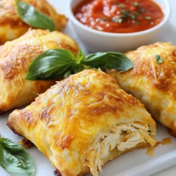 - 2 cups cooked and shredded chicken - 1 cup shredded mozzarella cheese - 1/2 cup grated Parmesan cheese - 1/2 cup marinara sauce (plus extra for serving) For this dish, I use cooked and shredded chicken. You can use rotisserie chicken for speed. The blend of mozzarella and Parmesan cheese gives a great taste. Marinara sauce adds moisture and flavor to the filling. - 1 package of puff pastry (2 sheets) - 1 teaspoon garlic powder - 1 teaspoon Italian seasoning - Salt and pepper to taste I love using puff pastry for its flaky texture. Garlic powder and Italian seasoning add a nice kick to the mix. Don’t forget to sprinkle in some salt and pepper to enhance the flavors. - 1 egg (for egg wash) - Fresh basil leaves (for garnish) An egg wash gives the pillows a shiny, golden look when baked. Fresh basil leaves make a lovely garnish. They add a burst of color and freshness to your plate. {{ingredient_image_1}} - Preheat your oven to 400°F (200°C). Line a baking sheet with parchment paper. - In a large mixing bowl, combine 2 cups of cooked and shredded chicken, 1 cup of shredded mozzarella cheese, 1/2 cup of grated Parmesan cheese, and 1/2 cup of marinara sauce. Add 1 teaspoon of garlic powder, 1 teaspoon of Italian seasoning, and salt and pepper to taste. Mix until all ingredients are well combined. - On a lightly floured surface, roll out one sheet of puff pastry to about 1/8 inch thick. Cut the sheet into 4 equal squares. - Place a generous spoonful of the chicken filling in the center of each pastry square. Fold the corners of the pastry over the filling to form a pillow shape. Press down the edges to seal. Use a fork to crimp the edges for a fun look. - In a small bowl, whisk 1 egg and brush it over the tops of each pillow for a shiny finish. - Place the pillows on the prepared baking sheet. Bake for 20-25 minutes or until they are golden brown and puffed up. After baking, let them cool for a couple of minutes before serving. Enjoy warm with extra marinara sauce on the side and garnish with fresh basil leaves. To roll out puff pastry, start with a cold sheet. It makes the dough easy to work with. Lightly flour your surface to prevent sticking. Roll it out to about 1/8 inch thick for the best results. Then, cut it into four equal squares. When sealing the edges, press firmly to close the pillows. You can use a fork to crimp the edges. This not only seals them but also gives a pretty look. Make sure no filling leaks out during baking. Adding herbs and spices can elevate your pillows. Try fresh basil or thyme to boost flavor. A pinch of red pepper flakes gives a nice kick. Experimenting with seasonings makes each batch unique. For cheese options, mozzarella is a classic choice. You can use provolone or gouda for a twist. Mixing different cheeses adds depth and richness to the filling. Pair your chicken parmesan pillows with marinara sauce for dipping. A fresh salad also complements the meal well. Garlic bread makes for a lovely side too. For garnishes, sprinkle fresh basil leaves on top. A dash of grated Parmesan adds visual appeal. These simple touches make your dish look restaurant-quality and inviting. Pro Tips Tip for Perfect Puff: Ensure your puff pastry is cold before working with it. This helps achieve a flaky and crispy texture once baked. Tip for Flavor Boost: Add a pinch of red pepper flakes to the chicken filling for a subtle kick that enhances the overall flavor profile. Tip for Even Baking: Rotate the baking sheet halfway through the baking time to ensure even browning on all sides of the pillows. Tip for Serving: Serve these pillows with a side of garlic bread and a fresh salad for a complete meal that pairs beautifully with the marinara sauce. {{image_2}} You can switch the chicken for turkey or other proteins. Ground turkey works well and keeps the dish lean. You can also use shredded beef, pork, or even tofu for a twist. For vegetarian options, mushrooms or spinach make great fillers. Sauté the mushrooms first for a deeper flavor. Spinach adds a nice color and nutrition. Get creative with your mix-ins! Try adding diced peppers or black olives for extra taste. They add a nice crunch and flavor. You can also change the cheese types. Instead of mozzarella, use provolone or gouda for a unique twist. Mixing cheeses can give you a rich and creamy filling. You can make bite-sized appetizers by cutting the pastry into smaller squares. These can be perfect for parties. For a main dish, serve the pillows with a side salad or garlic bread. This makes a complete meal. You can also drizzle some marinara sauce on top for extra flavor. To keep your chicken parmesan pillows fresh, place them in an airtight container. This helps keep moisture in and air out. You can store them in the fridge for 3 to 4 days. If you want to enjoy them later, consider freezing. When reheating, use the oven for the best results. Preheat your oven to 350°F (175°C). Place the pillows on a baking sheet, cover with foil, and heat for about 15 minutes. This method keeps them crispy. You might also use an air fryer for quick reheating. To freeze unbaked pillows, prepare them as normal but do not bake. Place them on a baking sheet and freeze for about 1 hour. Once frozen, transfer them to a freezer-safe bag. They can last up to 3 months. When ready to enjoy, bake them straight from the freezer. Preheat the oven to 400°F (200°C) and add about 5 extra minutes to the baking time. This ensures they are warm and crispy when served. Yes, you can use pre-cooked rotisserie chicken. It saves time and adds flavor. Just shred it and mix it with the other ingredients. This method works well for busy days when you want a quick meal. You can use several options for marinara sauce. Try Alfredo sauce, pesto, or even barbecue sauce. Each choice gives a new taste. Experiment to find your favorite flavor combination. The pillows are done when they are golden brown and puffed up. You should see a nice shine from the egg wash. If you tap on the top, it should sound hollow. This means the inside is cooked well. Yes, you can make these pillows ahead of time. Assemble them and place them in the fridge. Just bake them just before serving. This way, you enjoy fresh, warm pillows without much work later. In this post, we covered how to make delicious Chicken Parmesan Pillows. We explored key ingredients like chicken, cheese, and puff pastry. I shared simple steps from prepping to baking. You learned how to perfect the pastry and get creative with flavors. Lastly, we discussed storage and reheating tips. These tasty pillows are easy to adapt for any diet or occasion. Enjoy the fun of making them with family or friends!