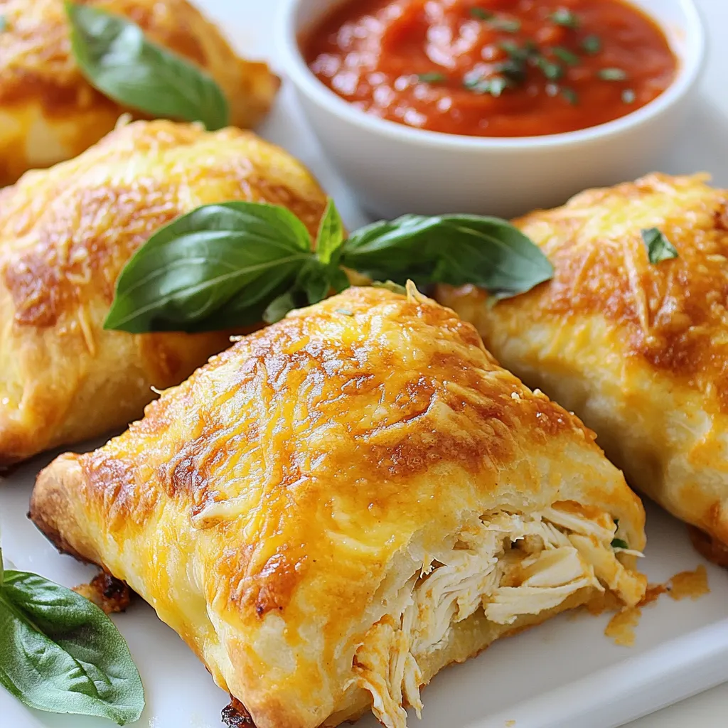 - 2 cups cooked and shredded chicken - 1 cup shredded mozzarella cheese - 1/2 cup grated Parmesan cheese - 1/2 cup marinara sauce (plus extra for serving) For this dish, I use cooked and shredded chicken. You can use rotisserie chicken for speed. The blend of mozzarella and Parmesan cheese gives a great taste. Marinara sauce adds moisture and flavor to the filling. - 1 package of puff pastry (2 sheets) - 1 teaspoon garlic powder - 1 teaspoon Italian seasoning - Salt and pepper to taste I love using puff pastry for its flaky texture. Garlic powder and Italian seasoning add a nice kick to the mix. Don’t forget to sprinkle in some salt and pepper to enhance the flavors. - 1 egg (for egg wash) - Fresh basil leaves (for garnish) An egg wash gives the pillows a shiny, golden look when baked. Fresh basil leaves make a lovely garnish. They add a burst of color and freshness to your plate. {{ingredient_image_1}} - Preheat your oven to 400°F (200°C). Line a baking sheet with parchment paper. - In a large mixing bowl, combine 2 cups of cooked and shredded chicken, 1 cup of shredded mozzarella cheese, 1/2 cup of grated Parmesan cheese, and 1/2 cup of marinara sauce. Add 1 teaspoon of garlic powder, 1 teaspoon of Italian seasoning, and salt and pepper to taste. Mix until all ingredients are well combined. - On a lightly floured surface, roll out one sheet of puff pastry to about 1/8 inch thick. Cut the sheet into 4 equal squares. - Place a generous spoonful of the chicken filling in the center of each pastry square. Fold the corners of the pastry over the filling to form a pillow shape. Press down the edges to seal. Use a fork to crimp the edges for a fun look. - In a small bowl, whisk 1 egg and brush it over the tops of each pillow for a shiny finish. - Place the pillows on the prepared baking sheet. Bake for 20-25 minutes or until they are golden brown and puffed up. After baking, let them cool for a couple of minutes before serving. Enjoy warm with extra marinara sauce on the side and garnish with fresh basil leaves. To roll out puff pastry, start with a cold sheet. It makes the dough easy to work with. Lightly flour your surface to prevent sticking. Roll it out to about 1/8 inch thick for the best results. Then, cut it into four equal squares. When sealing the edges, press firmly to close the pillows. You can use a fork to crimp the edges. This not only seals them but also gives a pretty look. Make sure no filling leaks out during baking. Adding herbs and spices can elevate your pillows. Try fresh basil or thyme to boost flavor. A pinch of red pepper flakes gives a nice kick. Experimenting with seasonings makes each batch unique. For cheese options, mozzarella is a classic choice. You can use provolone or gouda for a twist. Mixing different cheeses adds depth and richness to the filling. Pair your chicken parmesan pillows with marinara sauce for dipping. A fresh salad also complements the meal well. Garlic bread makes for a lovely side too. For garnishes, sprinkle fresh basil leaves on top. A dash of grated Parmesan adds visual appeal. These simple touches make your dish look restaurant-quality and inviting. Pro Tips Tip for Perfect Puff: Ensure your puff pastry is cold before working with it. This helps achieve a flaky and crispy texture once baked. Tip for Flavor Boost: Add a pinch of red pepper flakes to the chicken filling for a subtle kick that enhances the overall flavor profile. Tip for Even Baking: Rotate the baking sheet halfway through the baking time to ensure even browning on all sides of the pillows. Tip for Serving: Serve these pillows with a side of garlic bread and a fresh salad for a complete meal that pairs beautifully with the marinara sauce. {{image_2}} You can switch the chicken for turkey or other proteins. Ground turkey works well and keeps the dish lean. You can also use shredded beef, pork, or even tofu for a twist. For vegetarian options, mushrooms or spinach make great fillers. Sauté the mushrooms first for a deeper flavor. Spinach adds a nice color and nutrition. Get creative with your mix-ins! Try adding diced peppers or black olives for extra taste. They add a nice crunch and flavor. You can also change the cheese types. Instead of mozzarella, use provolone or gouda for a unique twist. Mixing cheeses can give you a rich and creamy filling. You can make bite-sized appetizers by cutting the pastry into smaller squares. These can be perfect for parties. For a main dish, serve the pillows with a side salad or garlic bread. This makes a complete meal. You can also drizzle some marinara sauce on top for extra flavor. To keep your chicken parmesan pillows fresh, place them in an airtight container. This helps keep moisture in and air out. You can store them in the fridge for 3 to 4 days. If you want to enjoy them later, consider freezing. When reheating, use the oven for the best results. Preheat your oven to 350°F (175°C). Place the pillows on a baking sheet, cover with foil, and heat for about 15 minutes. This method keeps them crispy. You might also use an air fryer for quick reheating. To freeze unbaked pillows, prepare them as normal but do not bake. Place them on a baking sheet and freeze for about 1 hour. Once frozen, transfer them to a freezer-safe bag. They can last up to 3 months. When ready to enjoy, bake them straight from the freezer. Preheat the oven to 400°F (200°C) and add about 5 extra minutes to the baking time. This ensures they are warm and crispy when served. Yes, you can use pre-cooked rotisserie chicken. It saves time and adds flavor. Just shred it and mix it with the other ingredients. This method works well for busy days when you want a quick meal. You can use several options for marinara sauce. Try Alfredo sauce, pesto, or even barbecue sauce. Each choice gives a new taste. Experiment to find your favorite flavor combination. The pillows are done when they are golden brown and puffed up. You should see a nice shine from the egg wash. If you tap on the top, it should sound hollow. This means the inside is cooked well. Yes, you can make these pillows ahead of time. Assemble them and place them in the fridge. Just bake them just before serving. This way, you enjoy fresh, warm pillows without much work later. In this post, we covered how to make delicious Chicken Parmesan Pillows. We explored key ingredients like chicken, cheese, and puff pastry. I shared simple steps from prepping to baking. You learned how to perfect the pastry and get creative with flavors. Lastly, we discussed storage and reheating tips. These tasty pillows are easy to adapt for any diet or occasion. Enjoy the fun of making them with family or friends!