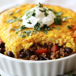 To make a delicious Cowboy Cornbread Casserole, gather these key items: - 1 cup yellow cornmeal - 1 cup buttermilk - 2 large eggs - 1 teaspoon baking powder - 1 teaspoon baking soda - 1 teaspoon salt - 1 cup shredded cheddar cheese - 1 can (15 oz) black beans, rinsed and drained - 1 can (15 oz) corn, drained - 1 cup diced bell peppers (red and green) - 1 cup diced tomatoes - 1 tablespoon taco seasoning - 1 pound ground beef or turkey - 1 onion, chopped - 1½ cups salsa You can add extra flavors or nutrients with these optional items: - Fresh cilantro for garnish - Jalapeños for heat - Sour cream or guacamole as toppings - Corn kernels for extra sweetness Each serving of this hearty casserole provides: - Calories: Approximately 350 - Protein: 20 grams - Carbohydrates: 40 grams - Fat: 15 grams - Fiber: 8 grams This dish is filling and offers a great mix of nutrients. It pairs well with a side salad for a balanced meal. Enjoy the blend of flavors and textures in every bite! {{ingredient_image_1}} To start, gather your ingredients. In a medium bowl, mix together the cornmeal, buttermilk, and eggs. Use a whisk to combine them until the mixture is smooth. Next, add in the baking powder, baking soda, and salt. These ingredients help the cornbread rise and become fluffy. Set this bowl aside while you prepare the meat mixture. Now, grab a large skillet and heat it over medium heat. Add the ground beef or turkey and cook until it is brown. Be sure to drain any excess fat from the skillet. Then, add the chopped onion and diced bell peppers. Sauté these until they are soft and fragrant. Stir in the black beans, corn, diced tomatoes, taco seasoning, and salsa. Let this cook for about five minutes. This will allow all the flavors to blend together. Take your greased 9x13 inch baking dish and pour half of the cornbread batter into the bottom. Spread it evenly across the dish. Next, add the meat mixture on top of the batter. Make sure it is spread out evenly. Finally, pour the remaining cornbread batter over the meat. Use a spatula to smooth it out. Sprinkle shredded cheddar cheese over the top of the casserole for that delicious cheesy finish. Bake in the preheated oven for 30 to 35 minutes. When the cornbread is golden brown, it’s ready! Let it cool for about ten minutes before slicing. Enjoy your hearty meal! To get that perfect cornbread texture, use fresh ingredients. Make sure your baking powder and baking soda are not expired. They help the cornbread rise and stay fluffy. Mix the wet and dry ingredients just until combined. Overmixing can make the cornbread tough. Also, let the batter rest for a few minutes. This helps the cornmeal absorb moisture, leading to a better texture. When serving your cowboy cornbread casserole, consider adding fresh cilantro on top. A squeeze of lime juice can brighten the flavors. A dollop of sour cream or guacamole adds creaminess. You can also serve it with a side of salsa for extra flavor. If you like heat, diced jalapeños are a fun addition. This dish is hearty on its own, but these small touches elevate it. For this recipe, you will need a few basic tools: - A 9x13 inch baking dish - A large skillet for cooking the meat - A medium bowl for mixing the cornbread batter - A whisk for combining the ingredients - A spatula to spread the batter evenly Having these items ready will make your cooking experience smoother. Enjoy the process! Pro Tips Choose the Right Meat: For a healthier option, consider using ground turkey or chicken instead of beef. This will lower the fat content while still delivering great flavor. Customize Your Veggies: Feel free to add or substitute other vegetables such as zucchini, corn, or even jalapeños for an extra kick! Make It Ahead: This casserole can be assembled a day in advance and stored in the refrigerator. Just bake it when you're ready to serve! Perfect Serving Suggestions: Serve with a side salad or tortilla chips for a complete meal. Don’t forget the toppings like sour cream, guacamole, or fresh cilantro! {{image_2}} You can easily make a vegetarian version of this dish. Simply swap the ground beef or turkey for a mix of your favorite veggies. You can use mushrooms, zucchini, or extra beans for protein. Keep the black beans and corn for added flavor. This option still gives you that hearty feel but without meat. If you love heat, add jalapeños to the mix. Chop up fresh or pickled jalapeños and stir them into the meat and veggie mixture. You can also sprinkle some diced jalapeños on top before baking. This adds a nice kick and boosts the flavor. Adjust the amount based on your spice preference. For a low-carb option, replace the cornmeal with almond flour or coconut flour. This will change the texture a bit, but it will still taste great. For a gluten-free version, ensure your baking powder and any other ingredients are gluten-free. This way, everyone can enjoy the casserole without worry. To store leftovers, let the casserole cool completely. Cover it tightly with plastic wrap or aluminum foil. You can also use an airtight container. Keep it in the fridge for up to three days. This helps keep the flavors fresh and tasty. When it's time to enjoy your leftovers, preheat your oven to 350°F (175°C). Place the casserole in an oven-safe dish. Cover it with foil to keep it moist. Heat for about 20-25 minutes or until warmed through. You can also use a microwave for quick reheating. Just heat in 1-minute intervals until hot. You can freeze the casserole for longer storage. After it cools, cut it into portions. Wrap each piece tightly in plastic wrap, then in foil. You can also place portions in freezer-safe bags. It will stay good for up to three months in the freezer. When ready to eat, thaw it in the fridge overnight and reheat as mentioned above. Yes, you can prepare this casserole ahead of time. Make the meat and veggie mix and the cornbread batter separately. Store them in the fridge for up to 24 hours. When you’re ready, assemble the casserole and bake it. This saves you time on busy days. To reheat, preheat your oven to 350°F (175°C). Place the casserole in a baking dish. Cover it with foil to keep moisture in. Heat for about 20 to 25 minutes. You can also use the microwave if you're in a hurry. Just heat in short bursts, checking often. Absolutely! This recipe is very flexible. You can swap ground beef for turkey or a plant-based meat. Use different beans or add more veggies like zucchini. Change the cheese type for your favorite flavor. Just keep the main structure the same for best results. We covered everything you need for a delicious cowboy cornbread casserole. You learned about key ingredients, preparation steps, and helpful tips. There are plenty of fun variations to try, too. Don’t forget about smart storage for leftovers. Cooking is all about creativity, so don’t hesitate to experiment. Enjoy making this tasty dish, and share it with your friends and family. Happy cooking!