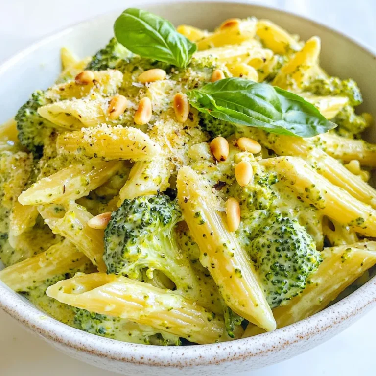 To make creamy broccoli pasta, you need the following ingredients: - 8 oz (226g) pasta (penne or farfalle work well) - 2 cups broccoli florets - 1 cup heavy cream - 1 cup grated Parmesan cheese - 2 cloves garlic, minced - 2 tablespoons olive oil - Salt and pepper to taste - 1/4 teaspoon nutmeg - 1/4 cup toasted pine nuts (optional) - Fresh basil leaves for garnish You can adjust this recipe to suit your taste. Here are some ideas: - Add cooked chicken or shrimp for protein. - Use different cheeses like feta or mozzarella. - Toss in extra veggies like bell peppers or spinach. - Swap heavy cream for a lighter option like half-and-half. Each serving of creamy broccoli pasta offers a delightful mix of flavors. Here’s the nutritional breakdown: - Calories: Approximately 500 - Protein: 18g - Carbohydrates: 50g - Fat: 25g - Fiber: 3g This dish provides a good balance of carbs, healthy fats, and protein. Enjoy a tasty meal while fueling your body! {{ingredient_image_1}} First, fill a large pot with water and add a good amount of salt. Bring it to a boil over high heat. Once boiling, add 8 ounces of your chosen pasta, like penne or farfalle. Cook it according to the package directions until it is al dente. This usually takes about 8 to 10 minutes. While the pasta cooks, remember to stir it occasionally to keep it from sticking. Once it's ready, save half a cup of the pasta water. Then, drain the pasta in a colander and set it aside. In the same pot, pour in 2 tablespoons of olive oil and heat it over medium heat. When the oil shines, add 2 minced garlic cloves. Sauté the garlic for about one minute. You want it to smell great but not burn. Next, toss in 2 cups of broccoli florets. Stir them for 3 to 4 minutes until they turn bright green and are a bit tender. Now, it's time to add 1 cup of heavy cream. Stir well and let the mixture come to a gentle simmer. Slowly whisk in 1 cup of grated Parmesan cheese. Keep whisking until the cheese melts and the sauce is smooth. If it's too thick, add some of that reserved pasta water bit by bit until it reaches the creaminess you like. Finally, season the sauce with salt, pepper, and 1/4 teaspoon of nutmeg. Now that your sauce is ready, add the drained pasta back into the pot with the creamy broccoli sauce. Toss everything together gently to coat the pasta well. You want each piece to get that rich, creamy flavor. If you like, you can top your pasta with 1/4 cup of toasted pine nuts for a nice crunch. Fresh basil leaves make a lovely garnish, too. Serve your creamy broccoli pasta warm and enjoy! To get that creamy texture, use heavy cream. It makes the sauce smooth and rich. After adding the cream, let it simmer gently. Stir in the Parmesan cheese gradually. This helps it melt evenly. If the sauce gets too thick, add a bit of the reserved pasta water. This will help you reach your desired creaminess. I recommend using a large pot for cooking pasta. A sturdy wooden spoon works well for stirring. A whisk helps to mix in the cheese. Using a fine mesh strainer is great for draining pasta. Consider having a non-stick skillet for sautéing the garlic and broccoli. These tools make the process easier and more fun. To save time, prep your ingredients first. Chop the broccoli and mince the garlic before starting. While the pasta boils, you can sauté the garlic and broccoli. This multitasking cuts down on cooking time. You can also use pre-grated cheese to skip grating. Lastly, if you have leftover pasta, this dish reheats easily. Enjoy your meal in a flash! Pro Tips Use Fresh Broccoli: Fresh broccoli florets not only enhance the flavor but also add a vibrant color to your dish. Customize the Cheese: Feel free to mix different cheeses like Asiago or Pecorino Romano for a unique flavor profile. Don't Overcook the Pasta: Ensure your pasta is cooked al dente to maintain a nice bite and prevent it from becoming mushy. Add Protein: For a heartier meal, consider adding grilled chicken, shrimp, or chickpeas for extra protein. {{image_2}} You can add more veggies to this dish. Spinach, peas, or bell peppers work great. Just chop them small and add them in while cooking the broccoli. They add color and extra nutrients to your creamy broccoli pasta. If you want a heartier meal, add protein. Grilled chicken or shrimp makes it more filling. You can also use chickpeas for a plant-based option. Cook them separately and mix them in at the end. This adds flavor and makes your meal more balanced. For a gluten-free option, use gluten-free pasta. Look for rice or quinoa pasta at the store. They cook up nicely and taste great in the creamy sauce. Just follow the package instructions for cooking time. This way, everyone can enjoy this dish! Store leftover creamy broccoli pasta in an airtight container. Let it cool first, then seal it tightly. Keep it in the fridge for up to three days. This helps preserve the flavor and texture. When you want to eat it again, just take it out and check for any changes. To freeze, place the cooled pasta in a freezer-safe bag. Squeeze out as much air as you can before sealing. This helps prevent freezer burn. You can freeze the pasta for up to three months. Label the bag with the date to keep track. When you're ready to eat, thaw it overnight in the fridge. When reheating, use a pan over low heat. Add a splash of milk or cream to keep it creamy. Stir gently to heat it evenly. You can also use a microwave. Heat it in short bursts, stirring in between. This way, the pasta stays moist and delicious. Yes, you can use other cheeses. Cheddar, feta, or gouda can work well. Each cheese gives a unique flavor. If you want a sharp taste, try aged cheddar. If you like creamy, go for gouda. Just remember to adjust the amount based on the cheese's strength. Absolutely! To make it vegan, swap the heavy cream with coconut milk or cashew cream. Use nutritional yeast instead of Parmesan for a cheesy flavor. You can also add a splash of lemon juice for zest. This keeps the dish rich and tasty without dairy. To spice things up, add red pepper flakes while cooking the garlic. You can also use a spicy cheese like pepper jack. For more heat, toss in some diced jalapeños or a splash of hot sauce. Play with the spice level until you find your perfect kick! We covered all you need to know about creamy broccoli pasta. From the key ingredients to easy step-by-step instructions, you have the tools to make a delicious meal. I also shared tips for perfect creaminess and how to customize your dish. Remember, you can add veggies, proteins, or adapt for gluten-free needs. With these storage tips, your leftovers will stay tasty. Now, it’s time to get cooking and enjoy your creation!
