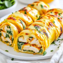 - 2 boneless, skinless chicken breasts - 1 cup shredded mozzarella cheese - 1/2 cup cream cheese, softened - 2 cloves garlic, minced - 1 teaspoon dried Italian herbs (oregano, basil, thyme) - 1 tablespoon olive oil - Salt and pepper to taste - 4 large flour tortillas - 1/2 cup spinach leaves You need chicken breasts for protein. The mozzarella cheese gives a great melt. Cream cheese adds a rich and creamy texture. Garlic brings in a lovely flavor. Italian herbs add depth to the dish. - 1/2 cup diced tomatoes (optional) - Fresh parsley for garnish (optional) Add diced tomatoes for freshness. They add a nice color and taste. Fresh parsley makes your dish pop. This is great for presentation. I suggest using large flour tortillas. They are soft and easy to wrap. You can also try whole wheat tortillas for a healthier option. Corn tortillas work too, but they are less flexible. Choose what you like best! {{ingredient_image_1}} First, preheat your oven to 375°F (190°C). This step is key for cooking the wraps evenly. Next, heat olive oil in a skillet over medium heat. While the oil heats, season the two chicken breasts with salt and pepper. Once the oil is hot, add the chicken. Cook it for about 6-7 minutes on each side. You want the chicken to be golden brown and fully cooked. When done, take it off the heat and let it rest. After a few minutes, slice the chicken into thin strips. This makes it easy to mix and wrap. In a small bowl, mix together cream cheese, minced garlic, and dried Italian herbs. Add a pinch of salt and pepper for taste. Stir until smooth and creamy. This mixture will add a rich flavor to your wraps. Set it aside for now. You will combine it with the chicken later, and it will help keep everything moist and tasty. Now it’s time to put everything together! Take a large tortilla and lay it flat on your work surface. In the center of the tortilla, place a generous portion of the chicken and creamy garlic mixture. Sprinkle some shredded mozzarella cheese over the top. You can also add spinach leaves and diced tomatoes if you like. Next, fold in the sides of the tortilla to hold the filling in. Then, roll it from the bottom up tightly. Repeat this process for the other tortillas. Once done, place the wraps seam-side down in a baking dish. Bake them in the oven for about 15 minutes. You want the wraps to be golden brown and the cheese melted. After baking, let them cool for a few minutes, then slice in half diagonally. Enjoy your cheesy garlic chicken wraps! To cook chicken breasts well, start with even thickness. This helps them cook evenly. Use a meat mallet if needed. Season both sides with salt and pepper. Heat olive oil in your skillet over medium heat. Place the chicken in the pan and don’t touch it for 6-7 minutes. Flip the chicken and cook for another 6-7 minutes. You want a nice golden brown color. Let the chicken rest before slicing. This keeps it juicy. Flavors come alive with the right herbs and spices. I love using dried Italian herbs like oregano, basil, and thyme. Mix them with cream cheese and garlic for a rich taste. Don’t skip the garlic; it adds a punch! You can also try adding a pinch of red pepper flakes for heat. Fresh herbs, like parsley, can be a great touch too. Wrapping is key to keeping your chicken and cheese inside. Start with a flat tortilla. Place your filling in the center, leaving space at the edges. Fold the sides in first. Then roll from the bottom up, tight but not too tight. This keeps everything snug. Place the seam-side down in the baking dish. This step helps them hold their shape while baking. Pro Tips Rest the Chicken: Allowing the chicken to rest after cooking helps retain its juices, making the meat more tender and flavorful. Customize Your Fillings: Feel free to add other vegetables like bell peppers or onions to the mixture for extra flavor and nutrition. Use Fresh Herbs: Fresh herbs can elevate the flavor of the wraps. Consider adding basil or cilantro for a fresh twist. Serve with Dipping Sauce: Pair the wraps with marinara or a spicy aioli for an extra layer of flavor that complements the cheesy filling. {{image_2}} You can make a tasty vegetarian version of these wraps. Instead of chicken, use grilled vegetables. Bell peppers, zucchini, and mushrooms work great. Roast them with a little olive oil, salt, and pepper until they are soft. Mix these veggies with the creamy garlic mixture. This option keeps the flavors but adds a fresh twist. Cheese can change the taste of your wraps. Mozzarella is mild and stretchy, but you can try others. Cheddar gives a sharp flavor. Feta adds a crumbly texture and tang. Cream cheese is also a great choice for a rich base. Mix and match to find your favorite combination! Adding veggies boosts nutrition and flavor. Spinach is great, but try kale or arugula for a peppery bite. You can also add roasted corn or black beans for more texture. Diced tomatoes add freshness, while onions can give a nice crunch. Be creative and use what you have at home! Keep your leftover cheesy garlic chicken wraps in an airtight container. This helps keep them fresh. You can store them in the fridge for up to three days. Make sure they cool down first. This prevents extra moisture that can make them soggy. When you're ready to enjoy the wraps again, you can reheat them easily. Preheat your oven to 350°F (175°C). Place the wraps on a baking sheet. Heat for about 10-15 minutes. You want them warm and the cheese melted. If you’re in a hurry, use a microwave. Heat each wrap for about 30 seconds. Check if it's hot; if not, heat for an extra 10-15 seconds. If you want to save some wraps for later, freezing is a great option. Wrap each one in plastic wrap or foil. Place them in a freezer-safe bag. They can stay in the freezer for up to three months. To enjoy them later, simply thaw in the fridge overnight. Reheat as mentioned above. This way, you can have a tasty meal ready anytime! Yes, you can! If you want to switch things up, try turkey or shrimp. Both options work well with the creamy garlic blend. If you prefer plant-based options, use tofu or chickpeas. Just make sure to adjust the cooking time based on what protein you choose. To add heat, mix in some crushed red pepper flakes into the garlic cream mix. You can also use spicy cheese or add jalapeños to the wrap. For a kick, serve with a hot sauce on the side. These simple changes can turn your wraps into a spicy treat. These wraps pair nicely with a fresh salad or roasted veggies. You can also serve them with marinara sauce for dipping. A side of garlic bread goes great too, adding even more flavor to your meal. Don't forget a light drink, like lemonade or iced tea, to complete the experience. Cheesy garlic chicken wraps are simple and fun to make. We covered key ingredients, cooking steps, and tips to get it just right. Consider using different cheeses or adding veggies for swaps. Store extras safely for another day, and remember you can change the protein too. I hope you enjoy making and sharing these tasty wraps with friends and family. Get creative, have fun, and savor every bite!