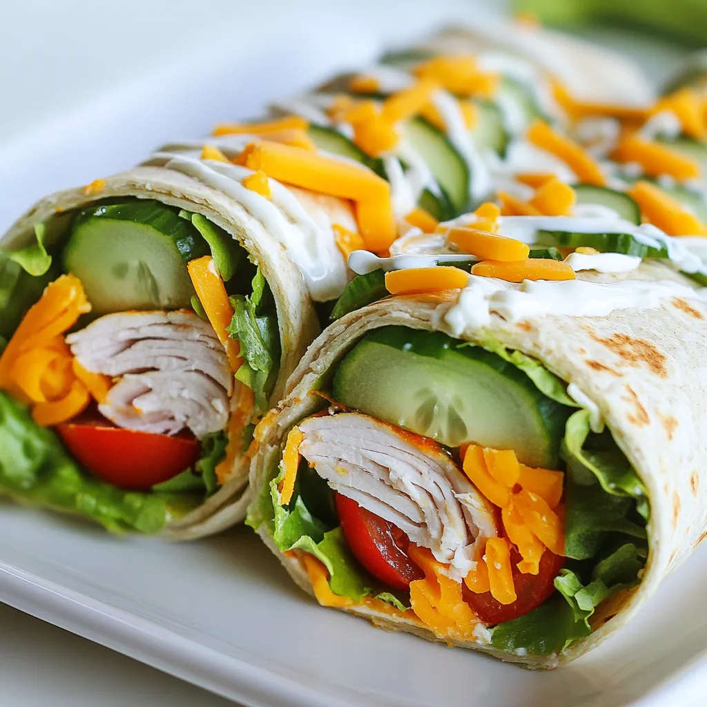 - 8 oz sliced turkey breast - 1/2 cup ranch dressing - 1 cup mixed salad greens (spinach, arugula, kale) - 1/2 cup cherry tomatoes, halved - 1/4 cup shredded cheddar cheese - 1/4 cup diced cucumbers - 4 large whole wheat tortillas - Optional: sliced avocado for garnish - Salt to taste - Pepper to taste To create a Minute Turkey Ranch Wrap, gather your main ingredients. Start with 8 oz of sliced turkey breast. This juicy turkey forms the heart of your wrap. Next, use 1/2 cup of ranch dressing. It adds creamy flavor and a tangy twist. For the greens, grab 1 cup of mixed salad greens. A mix of spinach, arugula, and kale gives your wrap a fresh crunch. Then, add 1/2 cup of halved cherry tomatoes for a burst of sweetness. You'll also need 1/4 cup of shredded cheddar cheese. This cheese brings saltiness and richness. Don’t forget 1/4 cup of diced cucumbers for a cool crunch. Use 4 large whole wheat tortillas to wrap it all up. Whole wheat adds fiber and a nutty flavor. Lastly, consider adding sliced avocado as a garnish. It makes the wrap creamier and adds healthy fats. Now let’s talk about seasoning. Add salt and pepper to taste. These simple enhancements make all the flavors pop. Adjust the seasoning to your liking for the best taste. {{ingredient_image_1}} - Lay out tortillas on a flat surface. - In a small bowl, mix ranch dressing with a pinch of salt and pepper. First, you want to lay out the tortillas. This gives you a clear workspace. Next, take your ranch dressing and season it. A little salt and pepper will boost the flavors. Mixing this well is key for taste. - Spread ranch dressing on tortillas. - Distribute turkey and toppings evenly. Now, take a generous spoonful of the ranch and spread it on each tortilla. Make sure to cover it well. Then, add the sliced turkey breast evenly across all tortillas. Top them with mixed salad greens, halved cherry tomatoes, diced cucumbers, and shredded cheddar cheese. If you like, add sliced avocado for some creaminess. - Roll and slice each wrap. Carefully roll each tortilla tightly. Start from one end and tuck in the sides as you go. This keeps everything inside. After rolling, slice each wrap in half, diagonally. You can use a toothpick to hold them together if needed. Enjoy your tasty turkey ranch wrap! When making a Minute Turkey Ranch Wrap, small errors can ruin your meal. - Overloading the wrap: Keep the fillings balanced. Too much can make it hard to roll. Aim for a handful of each topping. - Using low-quality tortillas: Choose sturdy, whole wheat tortillas. They hold up better and add flavor. You can easily boost the taste of your wrap with simple changes. - Adding herbs or spices to ranch dressing: Mix in fresh herbs like dill or parsley. A sprinkle of garlic powder can add a nice kick. - Experimenting with cheese types: Try different cheeses like pepper jack or feta. Each will give your wrap a unique flavor. How you serve your wrap can make it more appealing. - How to garnish with avocado: If you use avocado, slice it thin. Place it on top or next to the wrap for a fresh look. - Plating suggestions for serving: Cut the wrap in half and lay it on a plate. Add a few cherry tomatoes and cucumber slices around it for color. Pro Tips Use Fresh Ingredients: Fresh salad greens and ripe cherry tomatoes will elevate the flavor of your wrap significantly. Customize Your Fillings: Feel free to add other vegetables or proteins based on your preference, such as bell peppers or grilled chicken. Wrap Tightly: Ensure you roll the tortillas tightly to prevent the fillings from falling out when you slice them. Make Ahead: Prepare the wraps in advance and store them in the refrigerator for a quick grab-and-go meal. {{image_2}} You can switch turkey for grilled chicken. This gives a nice twist to the wrap. Chicken has a similar taste and works well with ranch dressing. If you want a vegan option, use plant-based turkey slices. They taste great and are healthier. You can also use hummus or a vegan ranch for a creamy base. Want some heat? Try a spicy ranch dressing. It adds a zing that wakes up your taste buds. You can also add fruits like apples or berries. They mix well with the savory flavors and add a fresh touch. You can change the wrap size to fit your needs. Use smaller tortillas for bite-sized snacks. If you’re hungry, larger wraps can hold more goodies. Another fun idea is to create a wrap bowl. Just layer all your ingredients in a bowl instead of a tortilla. It’s messy, but oh-so-delicious! To keep your Minute Turkey Ranch Wrap fresh, store it in the fridge. Place the wraps in an airtight container. This helps maintain moisture and flavor. If you plan to eat them within a day, you can keep them in a simple sandwich bag. Make sure to seal it well to avoid air exposure. You can freeze these wraps, either wrapped or unwrapped. If wrapped, use plastic wrap or foil. This prevents freezer burn. To freeze unwrapped, place the fillings in a freezer-safe bag. When you want to eat them, take them out the night before and let them thaw in the fridge. For reheating, the best method is using a skillet. Heat it on medium and add a bit of oil. Place the wrap in the skillet for a few minutes on each side. This keeps the wrap crispy. You can also use a microwave, but this may make the wrap soggy. If you choose to microwave, heat in short bursts of 20 seconds. It takes just 10 minutes to make a Minute Turkey Ranch Wrap. This time includes both prep and cooking. You can whip this up quickly, making it perfect for busy days. Yes, you can make these wraps ahead of time. For best results, prepare the filling and store it in the fridge. Keep the tortillas separate until you are ready to eat. This way, they stay fresh and do not get soggy. Great side dishes for your turkey ranch wrap include: - Fresh fruit salad - Veggie sticks with dip - Sweet potato fries - A light soup, like tomato or vegetable These will round out your meal and make it even more enjoyable. You now have a clear recipe for making Minute Turkey Ranch Wraps. We covered the key ingredients, step-by-step instructions, and tips for great flavor. Don't forget to experiment with different ingredients or wraps to suit your taste. Proper storage will keep your wraps fresh longer. Whether it's for lunch or dinner, these wraps are simple and tasty. Enjoy making your next meal a hit with friends or family!