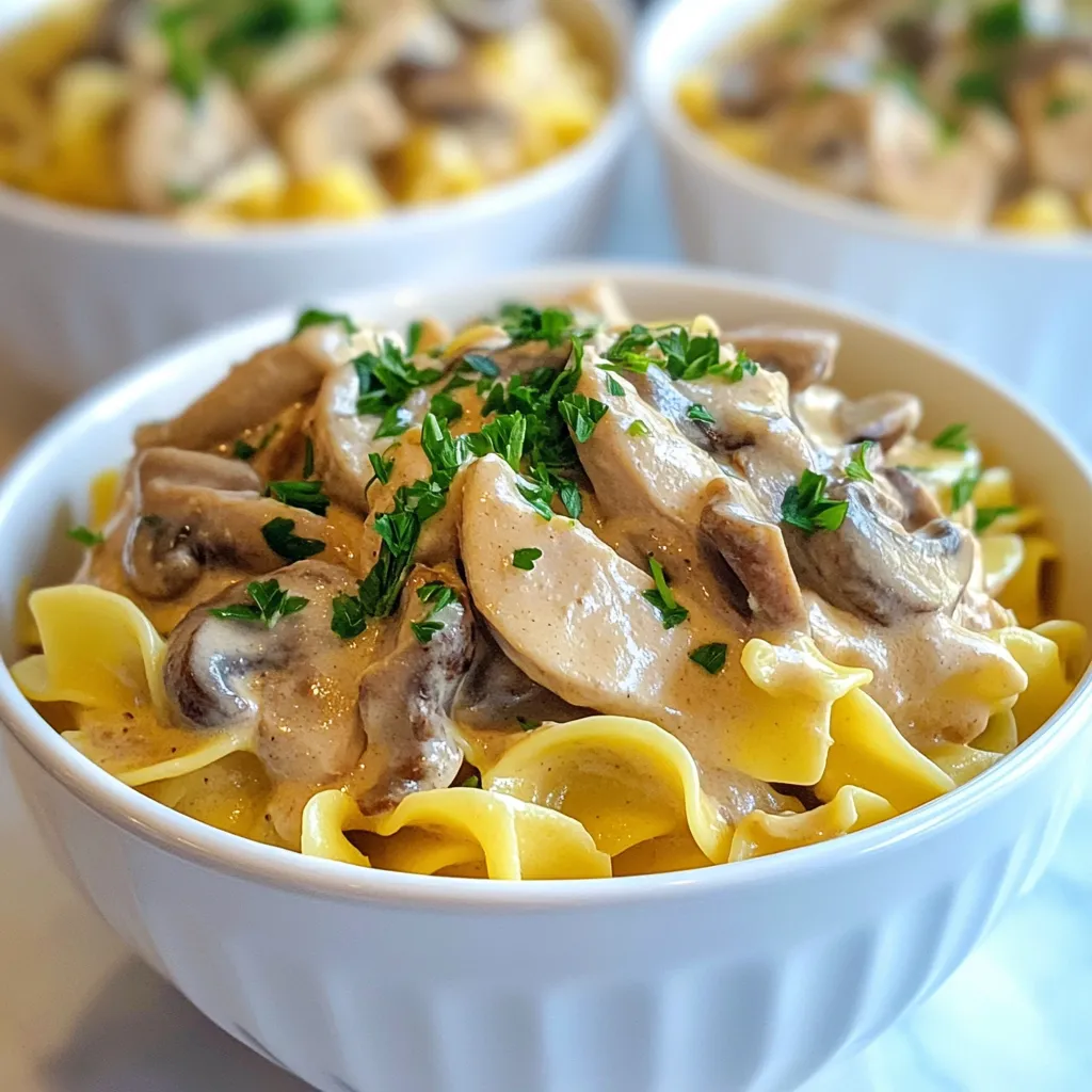 To make a delicious creamy turkey stroganoff, you need the following ingredients: - 1 lb turkey breast, thinly sliced - 1 medium onion, chopped - 2 cloves garlic, minced - 8 oz mushrooms, sliced - 1 cup chicken broth - 1 cup sour cream - 2 tablespoons flour - 2 tablespoons olive oil - 1 teaspoon paprika - Salt and pepper to taste - 8 oz egg noodles - Fresh parsley, chopped (for garnish) These ingredients work together to create a rich and creamy dish. The turkey provides lean protein, while the mushrooms add a nice earthiness. The sour cream gives the stroganoff its signature creaminess. Each ingredient plays a key role in building flavor and texture. You can easily find these items at your local grocery store. Feel free to adjust the amounts based on your family's taste. For example, add more mushrooms if you love them! Enjoy the process of gathering these fresh ingredients. It will set the stage for a tasty family dinner. {{ingredient_image_1}} First, you need to cook the egg noodles. Boil water in a large pot. Add a pinch of salt to the water. Once it boils, add the egg noodles. Cook them according to the package instructions, usually around 7-8 minutes. Stir them occasionally to prevent sticking. When done, drain the noodles and set them aside for later use. Next, heat two tablespoons of olive oil in a large skillet over medium heat. Once the oil is hot, add the chopped onion. Cook the onion until it becomes soft and translucent, about 3-4 minutes. Now, add the minced garlic and sliced mushrooms to the skillet. Cook everything for another 5 minutes until the mushrooms are tender. With the vegetables ready, push them to one side of the skillet. Take the thinly sliced turkey breast and place it on the other side. Cook the turkey until it is browned and cooked through, which should take about 6-8 minutes. Once the turkey is almost done, sprinkle two tablespoons of flour and one teaspoon of paprika over the turkey and veggies. Stir well to combine everything. Now, it's time to make the sauce. Gradually pour in one cup of chicken broth while stirring constantly. This helps avoid lumps. Bring this mixture to a gentle simmer and cook for about 5 minutes. You want the sauce to thicken slightly. After that, remove the skillet from the heat. Stir in one cup of sour cream until it is smooth. Add salt and pepper to taste. Finally, fold the cooked egg noodles into the creamy turkey mixture. Gently mix everything together until the noodles are well coated in the sauce. This step brings all the flavors together and makes for a delicious dish. Serve it hot, and enjoy! To make your creamy turkey stroganoff shine, focus on the sour cream. Use a high-quality brand for the best taste. If you want a lighter option, Greek yogurt works great too. It adds a nice tang without losing creaminess. If your sauce feels too thick, don't worry. You can add a splash of chicken broth to loosen it up. Stir it in slowly until you reach your desired consistency. Spices and herbs can take your stroganoff to the next level. Try adding a pinch of thyme or oregano for depth. A dash of garlic powder can also enhance the flavor. For a balanced meal, pair your stroganoff with steamed green beans or a simple salad. The fresh crunch will complement the rich sauce. Cook times may vary based on turkey thickness. Thin slices cook quickly, usually around six to eight minutes. If your turkey is thicker, add a few more minutes to ensure it is fully cooked. When mixing in the noodles, make sure they are well combined with the sauce. This ensures every bite is delicious and creamy. Stir gently to avoid breaking the noodles. Pro Tips Use Fresh Ingredients: Fresh turkey and vegetables enhance the flavor and texture of your stroganoff, making it more delicious. Don’t Overcook the Turkey: Cook the turkey just until browned to keep it tender and juicy; overcooking can lead to dryness. Adjust the Creaminess: For a richer sauce, feel free to add more sour cream or a splash of heavy cream to achieve your desired consistency. Experiment with Mushrooms: Try using a mix of mushrooms like cremini, shiitake, or portobello for a more complex flavor profile. {{image_2}} You can switch turkey for chicken if you prefer. Chicken breast works well in this dish. You might also try pork or beef. If you want a meatless option, use mushrooms. They add a great texture. You can use plant-based cream for a rich flavor. This makes it a fun meal for everyone. The sauce can be creamy or tomato-based. A creamy sauce is rich and smooth. Tomato sauce gives it a fresh twist. You might even mix both for something unique. Adding cheese can make it even better. Try Parmesan or cheddar for more flavor. Just melt it into the sauce for a cheesy delight. Egg noodles are classic, but you can get creative. Serve it over rice or quinoa for a change. Mashed potatoes also pair nicely with the sauce. For a crunchy touch, add crispy fried onions on top. Fresh parsley is great for garnish and adds color. You can also sprinkle some paprika for a pop of spice. To store leftovers, place the creamy turkey stroganoff in an airtight container. This keeps it fresh and safe. Make sure it cools down to room temperature before sealing. Store it in the fridge for up to three days. If you want to keep it longer, freezing is a good option. For freezing, divide the stroganoff into portions. Use freezer-safe containers or bags. Be sure to label them with the date. This helps you know when to use them. The stroganoff will stay good for about three months in the freezer. When you're ready to eat, thaw the stroganoff overnight in the fridge. To reheat, place it in a pot over medium heat. Stir it gently until hot. You may need to add a splash of chicken broth to restore its creamy texture. Enjoy every bite! You can serve this dish with a variety of sides. Here are some great ideas: - Steamed broccoli - Roasted carrots - Garlic bread - Mixed green salad - Mashed potatoes These sides add color and balance to the meal. They also help soak up the creamy sauce. Yes, you can prep this dish ahead. Here’s how: - Cook the turkey stroganoff but leave out the sour cream. - Let it cool, then store it in an airtight container. - When ready to eat, warm it up on the stove. - Stir in the sour cream just before serving. This keeps the sauce creamy and fresh. Absolutely! To make it gluten-free, you can: - Replace the flour with cornstarch or gluten-free flour. - Use gluten-free egg noodles or serve it over rice. These swaps keep the dish tasty for those with gluten sensitivity. The total time to make this dish is about 30 minutes. Here’s the breakdown: - Prep time: 15 minutes - Cooking time: 15 minutes This quick meal is perfect for busy weeknights. This blog post covered how to make creamy turkey stroganoff, from ingredients to storage tips. You learned about each step, including cooking the noodles and creating a rich sauce. I shared tips for enhancing flavors and suggested variations for different diets. Remember, this dish can adapt to your tastes. Make it your own, enjoy the cooking process, and share it with loved ones. Your kitchen will shine with this easy, tasty meal.