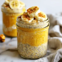 - 1 cup rolled oats - 1 cup almond milk (or any milk of choice) - 1/2 cup canned pumpkin puree - 1 tablespoon maple syrup (adjust to taste) - 1 teaspoon pumpkin spice blend (or mix of cinnamon, nutmeg, and allspice) - 1 tablespoon chia seeds - 1/2 teaspoon vanilla extract - Pinch of salt - Optional toppings: sliced bananas, walnuts, or additional pumpkin spice When making pumpkin spice overnight oats, I love using rolled oats. They soak up the milk well and stay chewy. You can pick any milk you like. Almond milk is my favorite, but cow's milk works too. Canned pumpkin puree gives these oats a rich flavor. I always keep some in my pantry. It’s easy to use, and it adds a nice creaminess. For sweetness, I use maple syrup. You can adjust the amount to fit your taste. If you want a warm flavor, pumpkin spice is perfect. You can also mix cinnamon, nutmeg, and allspice if you prefer. I like to add chia seeds for texture and health. They help thicken the oats too. A little vanilla extract adds a nice touch. Don’t forget the pinch of salt—it really brings out the flavors. For toppings, I suggest sliced bananas or walnuts. They add crunch and sweetness. If you want even more spice, sprinkle some on top before serving. {{ingredient_image_1}} To start, gather your mixing bowl. Combine these ingredients: - 1 cup rolled oats - 1 cup almond milk (or any milk of choice) - 1/2 cup canned pumpkin puree - 1 tablespoon maple syrup - 1 teaspoon pumpkin spice blend - 1 tablespoon chia seeds - 1/2 teaspoon vanilla extract - A pinch of salt Mix all the ingredients well. You want the oats to soak up the creaminess and flavor. This step is fun and easy! Once mixed, divide the mixture into two jars or airtight containers. Make sure each jar gets an equal amount. This helps with portion control. Seal your jars tightly. Place them in the fridge for at least 4 hours or overnight. This waiting time allows the oats to soften and absorb the flavors. In the morning, take the jars out. Stir the oats again. Check the consistency. If it is too thick, add a splash of milk. Now, enjoy your tasty overnight oats! To get the right texture for your pumpkin spice overnight oats, adjust the milk amount. If you want your oats thick, use less milk. For a creamier texture, add more milk. The key is to find what you like best. Presentation matters! Serve your oats in glass jars for a fun look. Layer your toppings for extra flair. You can add sliced bananas or walnuts on top. A drizzle of extra maple syrup adds sweetness and makes it look inviting. You can prepare these oats ahead of time. Store your jars in the fridge for up to five days. This way, you have quick breakfasts ready to go each morning. Just grab a jar, and you’re set! Pro Tips Use Old-Fashioned Rolled Oats: They absorb liquid well and provide the perfect chewy texture. Customize Sweetness: Adjust the maple syrup to your taste preference; you can also substitute with honey or agave. Make it Creamy: For extra creaminess, consider adding a dollop of yogurt or a splash of coconut cream before serving. Prep Ahead: These oats can last up to 5 days in the fridge, making them a great option for meal prep! {{image_2}} You can choose different types of milk for your oats. Almond milk gives a nutty flavor. Coconut milk adds creaminess and a hint of tropical taste. Regular dairy milk works well too. Each option changes the taste, so pick what you enjoy most. Want to jazz up your oats? Add chocolate chips for sweetness. Nuts bring crunch and protein. Try fruits like sliced bananas or berries for freshness. Each add-in makes your oats unique and tasty. If you follow a special diet, you can still enjoy these oats. Use oat milk or soy milk for a vegan option. Gluten-free oats are available if you need them. For nut-free, stick with regular milk or coconut milk. Everyone can enjoy this dish! Store your pumpkin spice overnight oats in airtight containers. This keeps them fresh and tasty. I recommend using glass jars for easy access. You can enjoy them for breakfast or a snack. Just make sure to seal them tight. To freeze leftover oats, divide them into servings. Place them in freezer-safe containers. Make sure they are sealed well to avoid freezer burn. When you want to eat them, thaw the oats in the fridge overnight. If you need them fast, you can also use the microwave for a quick thaw. Add a splash of almond milk if they seem dry after thawing. In the fridge, these oats last up to five days. If they smell off or look strange, it’s best to toss them. When frozen, they can stay good for up to three months. Always check for signs of spoilage before eating. Enjoy your pumpkin spice oats while they are fresh! You can use quick oats, but they change the texture. Quick oats cook faster, so they absorb liquid more quickly. The result may be mushier than rolled oats. Rolled oats offer a chewier bite and hold their shape well. For a more satisfying meal, I prefer rolled oats. These overnight oats last in the fridge for up to five days. Store them in airtight containers to keep them fresh. If you want to freeze them, they last for about three months. Just thaw in the fridge overnight before eating. Yes, you can use fresh pumpkin! Cook the pumpkin until soft, then puree it. Use the same amount as the canned pumpkin. Fresh pumpkin gives a vibrant flavor and texture. Just make sure it’s pureed well for smooth oats. This blog post covers all you need for pumpkin spice overnight oats. We explored ingredients like rolled oats, almond milk, and pumpkin puree. You learned easy steps to mix and refrigerate them. Tips for consistency and serving ideas made it simple to enjoy. Different milk options and flavor swaps let you customize these oats. Storing and freezing methods help maintain freshness and taste. Overall, this versatile dish is a quick, nutritious breakfast that you can adjust to fit your needs. Enjoy your healthy mornings with this delicious recipe!