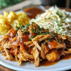 - 2 lbs boneless, skinless chicken breasts - 1 cup chicken broth - 1/2 cup barbecue sauce - Optional: 1 tablespoon honey for sweetness - 1 tablespoon olive oil - 1 teaspoon garlic powder - 1 teaspoon onion powder - 1 teaspoon smoked paprika - 1/2 teaspoon salt - 1/2 teaspoon black pepper - Optional: hamburger buns - Optional: coleslaw for topping When making pulled chicken, start with the right main ingredients. I like using boneless, skinless chicken breasts because they cook well and shred easily. You'll need chicken broth to keep the chicken moist. Barbecue sauce adds flavor and a nice glaze. If you want a touch of sweetness, honey works great! Next, we have our seasoning ingredients. Olive oil helps the spices stick to the chicken. Garlic and onion powder give a nice savory taste. Smoked paprika adds depth, while salt and black pepper bring everything together. For serving, consider using hamburger buns. They make a great base for your pulled chicken. A scoop of coleslaw on top adds crunch and extra flavor. Enjoy your delicious meal! {{ingredient_image_1}} First, you need to prepare your slow cooker. Pour one cup of chicken broth into the slow cooker. This liquid will keep your chicken moist and tasty. Next, add one tablespoon of olive oil. This helps to enhance the flavors. Now, it’s time to season the chicken breasts. Take two pounds of boneless, skinless chicken breasts. Sprinkle one teaspoon each of garlic powder, onion powder, and smoked paprika. Add half a teaspoon of salt and half a teaspoon of black pepper. Make sure to coat the chicken well for a full flavor. Now, let’s talk about cooking. You can cook on low or high settings. Cooking on low takes about 6-7 hours. This makes the chicken very tender. If you're in a hurry, cooking on high takes about 4-5 hours. Both ways work well. Once the chicken is ready, it’s time to add barbecue sauce. Drizzle half a cup of your favorite barbecue sauce over the chicken. If you want a touch of sweetness, add one tablespoon of honey. This step gives your chicken a nice glaze. When the chicken is cooked, it will be easy to shred. Use two forks to pull apart the chicken. Make sure to shred it well. This makes it easier to mix with the sauce. After shredding, return the chicken to the slow cooker. Mix it with the sauce to coat all the meat. Let it heat through for an extra 10-15 minutes. Your pulled chicken is now ready to serve! Enjoy it on hamburger buns or add coleslaw for a crunchy topping. Choosing the right chicken size is key. I suggest using 2 lbs of boneless, skinless chicken breasts. This size cooks well and yields enough for a family meal. Always check the thickness of the breasts. Thinner pieces cook faster and shred easier. Seasoning is vital for great flavor. I use garlic powder, onion powder, smoked paprika, salt, and black pepper. Mix these spices well before adding them to the chicken. This step ensures every bite is full of taste. If you want a touch of sweetness, add honey to your sauce. You can make pulled chicken in different ways. The Instant Pot method saves time. Cook on high pressure for about 15-20 minutes. Make sure to add enough broth for moisture. Oven-baked pulled chicken is another option. Preheat your oven to 350°F. Place the seasoned chicken in a baking dish with broth. Cover with foil and bake for about 45-60 minutes. Adding other spices or sauces can change the taste. Consider using chili powder for heat or smoked salt for a unique twist. You can also mix different barbecue sauces for fun flavors. Sweet vs. spicy variations can cater to your taste. For sweet, use honey or sweet barbecue sauce. For spicy, add hot sauce or cayenne pepper. Mixing flavors keeps your meals exciting. Pro Tips Use Quality Ingredients: Choose fresh, high-quality chicken breasts and your favorite barbecue sauce for the best flavor outcome. Experiment with Spices: Feel free to customize the spice blend by adding cayenne pepper for heat or brown sugar for additional sweetness. Make Ahead: This dish is perfect for meal prep! Cook a larger batch and store leftovers in the fridge for easy lunches throughout the week. Perfect Shredding Technique: To shred the chicken easily, let it cool for a few minutes after cooking, then use two forks to pull apart the meat effortlessly. {{image_2}} You can easily change the flavor of your pulled chicken. Here are two tasty ideas: - Honey BBQ pulled chicken: Add 1 tablespoon of honey along with your favorite barbecue sauce. This gives a sweet and sticky treat that kids love. - Spicy pulled chicken: Mix in some hot sauce or cayenne pepper to the barbecue sauce. This adds heat and makes the dish exciting for those who enjoy spice. Pulled chicken is very versatile. Here are some fun ways to serve it: - Pulled chicken tacos: Use soft tortillas and fill them with the shredded chicken. Top with fresh veggies, cheese, or salsa for a great meal. - Pulled chicken salads: Serve the chicken over a bed of greens. Add cucumber, tomatoes, and your favorite dressing for a light and healthy lunch. You can swap out the chicken for other meats or make this dish fit special diets: - Using turkey or pork: Try using turkey breast or pork shoulder instead of chicken. Both options work well and taste amazing. - Gluten-free and low-carb options: Use gluten-free barbecue sauce and skip the buns. Serve with lettuce wraps or as a salad to keep it low-carb. After making your pulled chicken, let it cool down. Cooling is key to keeping it fresh. Place the chicken in an airtight container. This helps to keep out air and moisture. Store it in the fridge for up to four days. You can use it in sandwiches, salads, or even tacos later on. If you want to save some for later, freezing is a great option. First, make sure the chicken is cool. Then, place it in a freezer-safe bag or container. Remove as much air as possible to prevent freezer burn. You can freeze it for up to three months. When you’re ready to eat, move it to the fridge overnight to thaw. For a faster method, you can thaw it in the microwave. To enjoy your pulled chicken again, reheating is simple. You can use the microwave or heat it on the stove. If using the microwave, cover it with a damp paper towel. This keeps it moist. If reheating on the stove, add a bit of chicken broth to keep it juicy. Heat it gently until warm. Enjoy your pulled chicken just like the first time! You can serve pulled chicken with many tasty sides. Here are some great options: - Hamburger buns: Perfect for a classic sandwich. - Coleslaw: Adds crunch and coolness. - Corn on the cob: A sweet and juicy side. - Potato salad: Creamy and satisfying. - Baked beans: A hearty flavor match. - French fries: Crispy and fun to eat. These sides complement the savory flavor of the pulled chicken well. Try mixing and matching to find your favorite combo! Pulled chicken lasts about 3 to 4 days in the fridge. To keep it fresh, store it in an airtight container. Make sure it cools down before you put it in the fridge. If you see any bad smell or mold, throw it out to stay safe. Yes, you can use frozen chicken! It is safe to cook chicken from frozen in a slow cooker. Just remember, it will take longer to cook. You may need to cook it on high for 6 to 7 hours. If you thaw it first, the cooking time will be less. Always check that the chicken reaches 165°F to ensure it’s fully cooked. This blog post covers all you need to make great pulled chicken. I shared the main ingredients and how to season them. You learned step-by-step instructions for cooking and shredding the chicken. Plus, there are tips on variations and storage. In closing, pulled chicken is simple and tasty. Use these tips to make it your own. Enjoy serving it in bowls, on buns, or in tacos. Your pulled chicken will impress everyone!