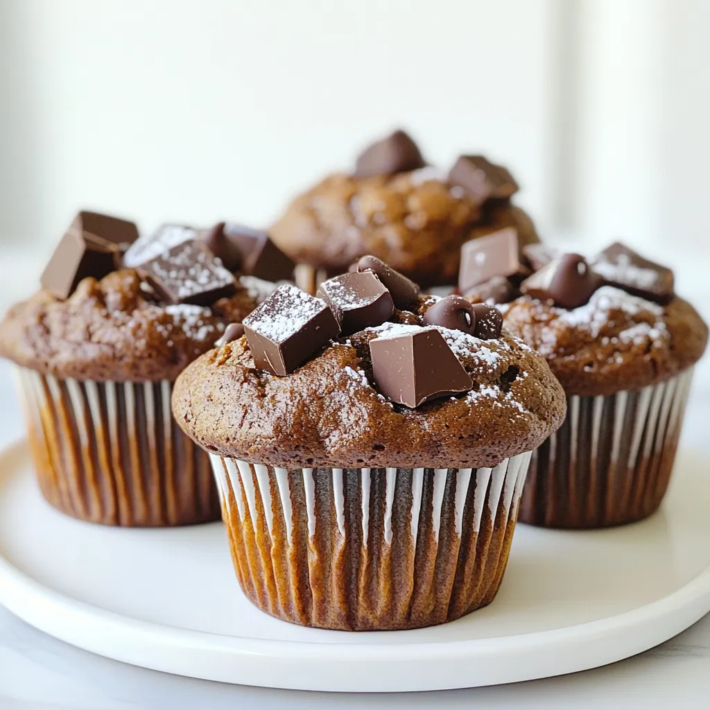 To make the best bakery-style double chocolate muffins, you need these key ingredients: - 1 ¾ cups all-purpose flour - 1 cup granulated sugar - ½ cup unsweetened cocoa powder - 1 teaspoon baking soda - ½ teaspoon baking powder - ½ teaspoon salt - 2 large eggs - ½ cup vegetable oil - 1 teaspoon vanilla extract - 1 cup milk - 1 cup semi-sweet chocolate chips - ½ cup chopped dark chocolate (optional) Each ingredient plays a crucial role. The flour gives structure, while sugar adds sweetness. Cocoa powder brings rich chocolate flavor. Baking soda and baking powder help the muffins rise. Salt enhances the sweet taste. Eggs provide moisture and bind the muffins. Vegetable oil keeps them soft. Vanilla extract adds a lovely aroma. Milk adds creaminess to the batter. Chocolate chips and chopped dark chocolate fill the muffins with gooey, melty goodness. When gathering these ingredients, always choose the best quality. Fresh ingredients yield better flavors. This muffin recipe is simple, yet the result is utterly delicious. You will love the rich chocolatey taste in every bite! 1. Preheat your oven to 350°F (175°C). This is the best temperature for baking muffins. Line a muffin tin with paper liners. This makes it easy to remove the muffins later. 2. In a large mixing bowl, sift together: - 1 ¾ cups all-purpose flour - 1 cup granulated sugar - ½ cup unsweetened cocoa powder - 1 teaspoon baking soda - ½ teaspoon baking powder - ½ teaspoon salt Sifting helps mix the dry ingredients well and adds air for a light muffin. 3. In a separate bowl, whisk together: - 2 large eggs - ½ cup vegetable oil - 1 teaspoon vanilla extract - 1 cup milk Whisk until the mixture is smooth. This step combines the wet ingredients. 4. Pour the wet ingredients into the dry ingredients. Stir gently with a spatula until just combined. It's okay if a few lumps remain. Overmixing can make your muffins tough. 5. Fold in the chocolate chips: - 1 cup semi-sweet chocolate chips - ½ cup chopped dark chocolate (optional) Make sure the chocolate is evenly distributed. This gives you pockets of melted chocolate in each muffin. 6. Divide the batter evenly among the muffin cups. Fill each cup about ¾ full. This allows room for the muffins to rise while baking. 7. Bake for approximately 18-20 minutes. Check doneness by inserting a toothpick into the center of a muffin. It’s done if it comes out clean or with a few crumbs. 8. Allow the muffins to cool in the pan for 5 minutes. Then transfer them to a wire rack to cool completely. This prevents sogginess and keeps them fluffy. - Measuring ingredients accurately: Use dry measuring cups for flour and sugar. Level them off with a knife for exact amounts. This step helps keep your muffins soft and fluffy. - Avoiding overmixing: When you mix the wet and dry ingredients, stir gently. A few lumps are okay. Overmixing can make your muffins tough. You want them light and airy. - Checking doneness with a toothpick: Insert a toothpick into the center of a muffin. If it comes out clean or with a few crumbs, they are ready. This tip ensures you don’t end up with raw batter inside. - Dusting with powdered sugar: Sprinkle a light layer of powdered sugar on top of the muffins. It adds a nice touch and looks beautiful for serving. - Drizzling melted chocolate: Melt some chocolate and drizzle it over the muffins. This makes them even more tempting and adds extra chocolate flavor. - Pairing with beverages: Enjoy these muffins warm with a glass of milk or a cup of coffee. They balance perfectly with these drinks, enhancing the chocolate experience. {{image_2}} You can easily adjust this recipe to fit your needs. If you want a healthier option, try using whole wheat flour. It adds great flavor and nutrition. You can also swap out the granulated sugar for coconut sugar. It gives the muffins a nice caramel taste. For those who are dairy-free, use almond milk or oat milk. You can replace the eggs with flax eggs or applesauce. Both work well and keep the muffins moist. To make your muffins even more special, think about adding some nuts. Chopped walnuts or pecans add a nice crunch. You can also mix in some dried fruit like cherries or cranberries for a fruity twist. When it comes to chocolate, don't hesitate to switch things up. Use dark chocolate chips for a richer taste, or try white chocolate for a sweeter treat. Mixing different chocolate types can create amazing flavor layers in each bite. To keep your muffins fresh, store them at room temperature. Place them in an airtight container. This helps maintain their soft texture. They will stay good for up to three days. If you want to keep them longer, freezing is a great option. Wrap each muffin in plastic wrap, then put them in a freezer bag. They can last up to three months in the freezer. Just remember to label the bag with the date. When it's time to enjoy your muffins again, reheating is key. The best way to reheat them is in the oven. Preheat your oven to 350°F (175°C). Place the muffins on a baking sheet for about 5 to 7 minutes. This method keeps them warm and moist. You can also use a microwave. Heat them for about 10 to 15 seconds. This is quicker but can make them a bit dry. To keep them soft, add a small cup of water in the microwave. The steam helps maintain moisture and texture. Can I use whole wheat flour instead of all-purpose flour? Yes, you can use whole wheat flour. It may make the muffins a bit denser. I recommend using half whole wheat and half all-purpose flour for the best texture. How do I know when the muffins are done baking? Check the muffins around 18 minutes. Insert a toothpick in the center. If it comes out clean or with a few crumbs, they are done. Can I make the batter ahead of time? Yes, you can prepare the batter a few hours before baking. Just cover it and refrigerate it. Stir gently before pouring it into the muffin cups. What can I serve with double chocolate muffins? These muffins pair well with milk or coffee. You can also serve them with whipped cream or a scoop of ice cream for a special treat. Enjoy! This post covered how to make double chocolate muffins. We discussed the need for the right ingredients and detailed steps for baking. Tips like measuring correctly and checking doneness are key for perfect results. You can also try fun variations with different flavors and storage tips to keep muffins fresh. Baking these muffins is simple and rewarding. Enjoy your tasty treats with friends, or savor them alone. Dive into this delicious adventure, and happy baking!