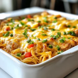 - 2 cups cooked spaghetti - 1 lb boneless, skinless chicken breasts, cubed - 1 cup diced tomatoes (canned or fresh) - 1 cup bell peppers (red and green), diced - 1/2 cup onion, finely chopped - 1 teaspoon garlic powder - 1 cup cheddar cheese, shredded - 1 cup cream cheese, softened - 1/4 cup green onions, sliced (for garnish) The ingredients for Spicy Southern Chicken Spaghetti Casserole blend well to create a warm dish. Start with two cups of cooked spaghetti. I recommend using al dente pasta for the best texture. Next, you'll need a pound of boneless, skinless chicken breasts, cubed for even cooking. For a touch of freshness, add one cup of diced tomatoes. You can use canned or fresh tomatoes based on your preference. The vegetables bring color and crunch. Dice one cup of bell peppers—both red and green work well. Don't forget your onion! A half cup, finely chopped, adds flavor. One teaspoon of garlic powder gives depth to your dish. For the creamy goodness, mix in one cup of shredded cheddar cheese and one cup of softened cream cheese. These cheeses create a rich and cheesy base. Finally, add a quarter cup of sliced green onions for garnish. They add a pop of color and flavor when serving. With these ingredients, you create a satisfying meal that warms the soul. {{ingredient_image_1}} - Preheat the oven to 350°F (175°C). - In a large skillet, heat 1 tablespoon of olive oil over medium heat. - Sauté 1/2 cup of finely chopped onion until it turns clear, about 3-4 minutes. - Add 1 pound of cubed chicken breasts to the skillet. - Season the chicken with 1 teaspoon of garlic powder, 1 teaspoon of Cajun seasoning, and 1/2 teaspoon of crushed red pepper flakes. - Cook the chicken until it’s browned and fully cooked, about 5-7 minutes. - Stir in 1 cup of diced tomatoes and 1 cup of diced bell peppers. - Cook for another 3-4 minutes until the veggies soften. - In a large bowl, combine 2 cups of cooked spaghetti, 1 cup of softened cream cheese, and 1/2 of the 1 cup of shredded cheddar cheese. - Mix well until all the spaghetti is coated. - Add the chicken and vegetable mix to the spaghetti. - Stir gently so everything combines evenly. - Transfer the mixture into a greased 9x13 inch casserole dish. - Sprinkle the remaining cheddar cheese on top. - Cover the dish with foil and bake for 20 minutes. - Remove the foil and bake for another 10-15 minutes. - Bake until the cheese is bubbly and golden brown. - Let it cool for a few minutes before serving. - Garnish with sliced green onions for extra flavor. To make your Spicy Southern Chicken Spaghetti Casserole pop, you can adjust the spice levels. If you love heat, add more crushed red pepper flakes. Start with a little and test as you go. This way, you find your perfect spice level. Using fresh herbs is another great way to boost flavor. Try adding fresh parsley or cilantro just before serving. These herbs add brightness and freshness to each bite. For the best chicken, cook the cubed chicken in a hot skillet. This helps develop a nice brown crust. Use medium heat and don’t crowd the pan. This keeps the chicken juicy. To ensure cheesy goodness throughout your casserole, mix the cream cheese well with the spaghetti. Make sure every strand is coated. When you layer in the cheddar cheese, sprinkle it evenly. This way, every bite is cheesy and delicious. Pro Tips Use Leftover Chicken: For a quicker prep time, use leftover rotisserie chicken instead of cooking fresh chicken. Shred or cube it and toss it in with the vegetables. Cheese Variations: Feel free to mix different types of cheese such as pepper jack or mozzarella for a unique flavor profile. Just ensure it melts well! Make it Ahead: This casserole can be assembled a day in advance. Just cover it tightly and store it in the refrigerator. Bake it right before serving! Adjusting Spice Levels: If you’re serving kids or those who prefer milder dishes, reduce the crushed red pepper flakes or omit them altogether. You can always add hot sauce at the table! {{image_2}} You can easily customize your Spicy Southern Chicken Spaghetti Casserole. For cheese, try using mozzarella or pepper jack. These cheeses melt well and add different flavors. If you prefer a vegetarian dish, swap the chicken for chickpeas or tofu. These options still give you protein without meat. You can also use any veggies you like. Spinach, zucchini, or mushrooms work great. Just remember to adjust the cooking time based on the vegetables you choose. This casserole pairs well with many side dishes. A fresh green salad adds crunch and color. You can also serve it with garlic bread for a hearty meal. Both sides balance the spicy casserole nicely. This dish is perfect for potlucks or family gatherings. It feeds a crowd and is easy to transport. You can prepare it ahead of time and bake it when you need it. Everyone will love digging into this comforting and flavorful meal! To store your leftover Spicy Southern Chicken Spaghetti Casserole, place it in an airtight container. This helps keep it fresh for up to three days. Make sure to cool the casserole to room temperature before sealing. This prevents moisture buildup, which can make the dish soggy. To freeze the casserole, let it cool completely. Then, cut it into portions and wrap each piece tightly in plastic wrap. Place the wrapped portions in a freezer-safe bag or container. This protects against freezer burn and keeps the flavors intact. When you’re ready to eat, thaw it in the fridge overnight. Reheat in the oven at 350°F (175°C) until it's hot throughout. This method helps maintain its flavor and texture. Can I prepare this casserole ahead of time? Yes, you can prepare this casserole ahead of time. Cook and mix all the ingredients, then place them in the casserole dish. Cover it and store it in the fridge for up to 24 hours. When ready to bake, just preheat the oven and bake as directed. This makes it easy for busy weeknights. How can I make it spicier or milder? To make it spicier, add more crushed red pepper flakes or a splash of hot sauce. You can also use spicy sausage instead of chicken for a kick. If you prefer it milder, reduce the red pepper flakes and Cajun seasoning. You can also add more cream cheese to balance the heat. What can I substitute for cream cheese? If you need a substitute for cream cheese, use Greek yogurt or sour cream. Both options add creaminess. They also enhance the flavor. You can also try ricotta cheese for a different texture. Is it possible to use whole grain spaghetti? Absolutely! Whole grain spaghetti is a great choice. It adds fiber and nutrients. Just cook it according to the package instructions. Then, mix it in as you would with regular spaghetti. This swap keeps your dish healthy without losing flavor. This blog post shared a delicious spaghetti casserole recipe. We covered key ingredients like chicken, cheese, and veggies. I provided simple steps for preparation and baking. You can also enhance flavor and try different ingredient swaps. Remember to store leftovers properly to keep them fresh. With this recipe, you can make a tasty meal that everyone will enjoy. I hope you feel inspired to create this dish and share it with family and friends.