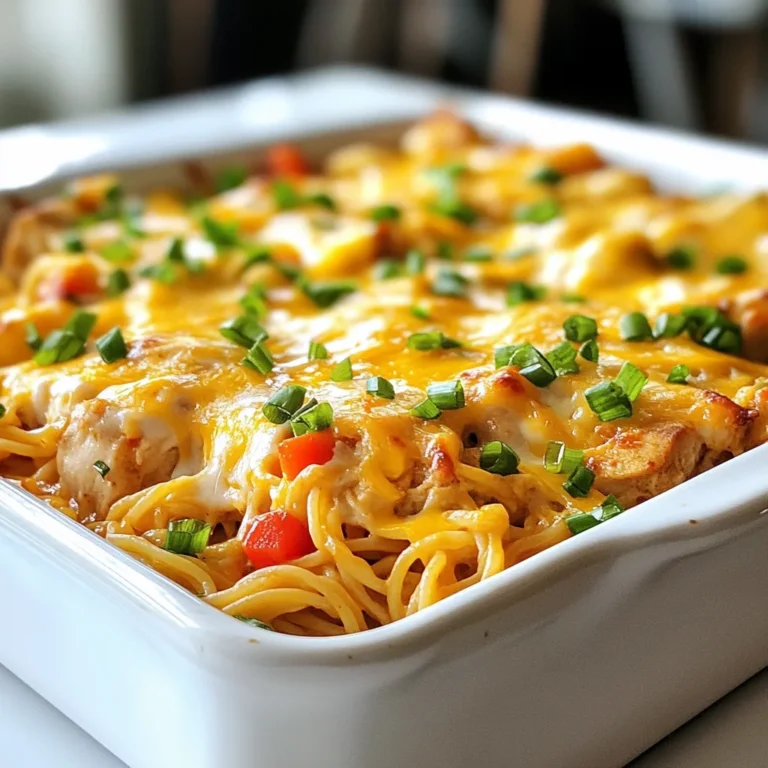 - 2 cups cooked spaghetti - 1 lb boneless, skinless chicken breasts, cubed - 1 cup diced tomatoes (canned or fresh) - 1 cup bell peppers (red and green), diced - 1/2 cup onion, finely chopped - 1 teaspoon garlic powder - 1 cup cheddar cheese, shredded - 1 cup cream cheese, softened - 1/4 cup green onions, sliced (for garnish) The ingredients for Spicy Southern Chicken Spaghetti Casserole blend well to create a warm dish. Start with two cups of cooked spaghetti. I recommend using al dente pasta for the best texture. Next, you'll need a pound of boneless, skinless chicken breasts, cubed for even cooking. For a touch of freshness, add one cup of diced tomatoes. You can use canned or fresh tomatoes based on your preference. The vegetables bring color and crunch. Dice one cup of bell peppers—both red and green work well. Don't forget your onion! A half cup, finely chopped, adds flavor. One teaspoon of garlic powder gives depth to your dish. For the creamy goodness, mix in one cup of shredded cheddar cheese and one cup of softened cream cheese. These cheeses create a rich and cheesy base. Finally, add a quarter cup of sliced green onions for garnish. They add a pop of color and flavor when serving. With these ingredients, you create a satisfying meal that warms the soul. {{ingredient_image_1}} - Preheat the oven to 350°F (175°C). - In a large skillet, heat 1 tablespoon of olive oil over medium heat. - Sauté 1/2 cup of finely chopped onion until it turns clear, about 3-4 minutes. - Add 1 pound of cubed chicken breasts to the skillet. - Season the chicken with 1 teaspoon of garlic powder, 1 teaspoon of Cajun seasoning, and 1/2 teaspoon of crushed red pepper flakes. - Cook the chicken until it’s browned and fully cooked, about 5-7 minutes. - Stir in 1 cup of diced tomatoes and 1 cup of diced bell peppers. - Cook for another 3-4 minutes until the veggies soften. - In a large bowl, combine 2 cups of cooked spaghetti, 1 cup of softened cream cheese, and 1/2 of the 1 cup of shredded cheddar cheese. - Mix well until all the spaghetti is coated. - Add the chicken and vegetable mix to the spaghetti. - Stir gently so everything combines evenly. - Transfer the mixture into a greased 9x13 inch casserole dish. - Sprinkle the remaining cheddar cheese on top. - Cover the dish with foil and bake for 20 minutes. - Remove the foil and bake for another 10-15 minutes. - Bake until the cheese is bubbly and golden brown. - Let it cool for a few minutes before serving. - Garnish with sliced green onions for extra flavor. To make your Spicy Southern Chicken Spaghetti Casserole pop, you can adjust the spice levels. If you love heat, add more crushed red pepper flakes. Start with a little and test as you go. This way, you find your perfect spice level. Using fresh herbs is another great way to boost flavor. Try adding fresh parsley or cilantro just before serving. These herbs add brightness and freshness to each bite. For the best chicken, cook the cubed chicken in a hot skillet. This helps develop a nice brown crust. Use medium heat and don’t crowd the pan. This keeps the chicken juicy. To ensure cheesy goodness throughout your casserole, mix the cream cheese well with the spaghetti. Make sure every strand is coated. When you layer in the cheddar cheese, sprinkle it evenly. This way, every bite is cheesy and delicious. Pro Tips Use Leftover Chicken: For a quicker prep time, use leftover rotisserie chicken instead of cooking fresh chicken. Shred or cube it and toss it in with the vegetables. Cheese Variations: Feel free to mix different types of cheese such as pepper jack or mozzarella for a unique flavor profile. Just ensure it melts well! Make it Ahead: This casserole can be assembled a day in advance. Just cover it tightly and store it in the refrigerator. Bake it right before serving! Adjusting Spice Levels: If you’re serving kids or those who prefer milder dishes, reduce the crushed red pepper flakes or omit them altogether. You can always add hot sauce at the table! {{image_2}} You can easily customize your Spicy Southern Chicken Spaghetti Casserole. For cheese, try using mozzarella or pepper jack. These cheeses melt well and add different flavors. If you prefer a vegetarian dish, swap the chicken for chickpeas or tofu. These options still give you protein without meat. You can also use any veggies you like. Spinach, zucchini, or mushrooms work great. Just remember to adjust the cooking time based on the vegetables you choose. This casserole pairs well with many side dishes. A fresh green salad adds crunch and color. You can also serve it with garlic bread for a hearty meal. Both sides balance the spicy casserole nicely. This dish is perfect for potlucks or family gatherings. It feeds a crowd and is easy to transport. You can prepare it ahead of time and bake it when you need it. Everyone will love digging into this comforting and flavorful meal! To store your leftover Spicy Southern Chicken Spaghetti Casserole, place it in an airtight container. This helps keep it fresh for up to three days. Make sure to cool the casserole to room temperature before sealing. This prevents moisture buildup, which can make the dish soggy. To freeze the casserole, let it cool completely. Then, cut it into portions and wrap each piece tightly in plastic wrap. Place the wrapped portions in a freezer-safe bag or container. This protects against freezer burn and keeps the flavors intact. When you’re ready to eat, thaw it in the fridge overnight. Reheat in the oven at 350°F (175°C) until it's hot throughout. This method helps maintain its flavor and texture. Can I prepare this casserole ahead of time? Yes, you can prepare this casserole ahead of time. Cook and mix all the ingredients, then place them in the casserole dish. Cover it and store it in the fridge for up to 24 hours. When ready to bake, just preheat the oven and bake as directed. This makes it easy for busy weeknights. How can I make it spicier or milder? To make it spicier, add more crushed red pepper flakes or a splash of hot sauce. You can also use spicy sausage instead of chicken for a kick. If you prefer it milder, reduce the red pepper flakes and Cajun seasoning. You can also add more cream cheese to balance the heat. What can I substitute for cream cheese? If you need a substitute for cream cheese, use Greek yogurt or sour cream. Both options add creaminess. They also enhance the flavor. You can also try ricotta cheese for a different texture. Is it possible to use whole grain spaghetti? Absolutely! Whole grain spaghetti is a great choice. It adds fiber and nutrients. Just cook it according to the package instructions. Then, mix it in as you would with regular spaghetti. This swap keeps your dish healthy without losing flavor. This blog post shared a delicious spaghetti casserole recipe. We covered key ingredients like chicken, cheese, and veggies. I provided simple steps for preparation and baking. You can also enhance flavor and try different ingredient swaps. Remember to store leftovers properly to keep them fresh. With this recipe, you can make a tasty meal that everyone will enjoy. I hope you feel inspired to create this dish and share it with family and friends.
