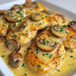 - Chicken Breasts - Mushrooms - Garlic - Heavy Cream - Chicken Broth - Olive Oil and Butter - Dried Thyme - Salt and Pepper - Fresh Parsley For this dish, I use two boneless, skinless chicken breasts. They cook quickly and stay juicy. Next, I add eight ounces of mushrooms. You can choose cremini or button mushrooms. Sliced mushrooms add great texture and flavor. Four cloves of minced garlic give a strong, savory taste. One cup of heavy cream makes the sauce rich and smooth. One cup of chicken broth adds depth to the flavor. I use one tablespoon each of olive oil and butter. They work well to cook the chicken. A teaspoon of dried thyme adds an herby aroma. I always season with salt and pepper to taste. Fresh parsley is perfect for garnishing. It adds a nice pop of color and freshness. Gather these ingredients to make your Creamy Garlic Mushroom Chicken. Each one plays a key role in the dish. Enjoy the creamy, savory delight! {{ingredient_image_1}} Start by seasoning the chicken breasts. Use salt and pepper on both sides. This adds flavor right away. You want to make sure the chicken is well coated. Set the seasoned chicken aside for later. Grab a large skillet and heat olive oil and butter on medium-high. When the oil is hot, add the chicken breasts. Cook them for about 5-6 minutes on each side. Look for a nice golden brown color. Once cooked through, remove the chicken from the skillet and set it aside. In the same skillet, toss in the sliced mushrooms. Sauté them for about 5 minutes. You want them soft and a little brown. Then add the minced garlic. Cook for another 1-2 minutes. Stir often so the garlic does not burn. Pour in the chicken broth next. Use a wooden spoon to scrape up any bits stuck to the bottom. This adds great flavor! Bring it to a simmer and let it reduce for about 3-4 minutes. The sauce will get a bit thicker. Now, lower the heat. Stir in the heavy cream and dried thyme. Mix it well. Let the sauce simmer for about 5 minutes until it thickens. Taste it and add more salt and pepper if you wish. Return the cooked chicken to the skillet. Spoon some sauce over the chicken. Let it simmer for another 2-3 minutes. This allows the chicken to soak up the tasty sauce. Once ready, serve the chicken on plates. Garnish it with chopped fresh parsley. This adds a nice touch. Enjoy your creamy garlic mushroom chicken with rice or pasta for a complete meal! For this dish, I love using cremini or button mushrooms. Both types offer great flavor. Cremini mushrooms have a slightly deeper taste. They add a rich, earthy note. Button mushrooms are milder, making them easy to enjoy. You can also mix both for a fun twist. Always choose fresh mushrooms for the best taste. Look for firm, smooth caps with no dark spots. Cooking chicken right is key to this meal. First, season the chicken breasts well with salt and pepper. Use a hot skillet with olive oil and butter. This helps create a nice golden crust. Cook each side for about 5-6 minutes. The chicken should be cooked through and no longer pink. Let it rest after cooking. This keeps it juicy and tender. Seasoning is vital for great flavor. In this recipe, I use garlic and dried thyme. Garlic gives a strong, savory kick. Be careful not to burn it; it cooks fast. Thyme adds earthiness and warmth. Adjust salt and pepper to your taste. Always taste the sauce before serving. You can also add a splash of lemon juice for brightness. To make a complete meal, serve with sides. Mashed potatoes work well and soak up the sauce. You can also pair it with rice or pasta for a filling dish. Steamed veggies like green beans or broccoli add color and nutrition. Don’t forget to garnish with fresh parsley. It adds a pop of color and fresh flavor. Enjoy your meal! Pro Tips Use Fresh Herbs: Fresh thyme can elevate the flavor of the dish. If you have it on hand, use fresh herbs instead of dried for a more vibrant taste. Don’t Rush the Sauté: Allow the mushrooms to brown properly before adding the garlic. This adds depth to their flavor and enhances the overall dish. Check Chicken Temperature: For perfectly cooked chicken, use a meat thermometer. The internal temperature should reach 165°F (75°C) for safe consumption. Pair with Sides: This creamy garlic mushroom chicken pairs beautifully with rice, pasta, or a side of steamed vegetables to soak up the delicious sauce. {{image_2}} If you want a lighter dish, use half-and-half instead of heavy cream. It gives a nice creaminess but with fewer calories. You can also try coconut cream for a dairy-free option. It adds a subtle sweetness that pairs well with garlic and mushrooms. You can swap chicken breasts for chicken thighs. Thighs are juicier and add more flavor. If you like seafood, shrimp works great in this dish too. It cooks quickly and absorbs the sauce well. For a beef option, thinly sliced steak can also be delicious. To make this dish vegetarian, replace chicken with firm tofu or tempeh. Both options soak up flavors well. You can also add more vegetables like spinach or bell peppers for added texture. Use vegetable broth in place of chicken broth to keep the flavor rich. Want more flavor? Add fresh herbs like basil or rosemary for a twist. A pinch of red pepper flakes can give it a nice kick. For a smoky taste, try adding smoked paprika. Experimenting with these extras will make this dish your own! To keep your creamy garlic mushroom chicken fresh, store it in an airtight container. Let the dish cool to room temperature before sealing. This step helps prevent moisture build-up. For best taste, enjoy the dish within three days. Reheat the chicken in a skillet on medium heat. Add a splash of chicken broth or cream to keep it moist. Stir gently until warmed through. You can also use the microwave. Heat in short bursts, stirring in between, to avoid drying it out. You can freeze creamy garlic mushroom chicken for easy meals later. To freeze, let it cool completely. Transfer to a freezer-safe container or bag. It can last up to three months in the freezer. When ready to eat, thaw in the fridge overnight before reheating. Yes, you can use chicken thighs. They add rich flavor and stay juicy. Thighs cook similarly to breasts, but may take a bit longer. Just check they reach 165°F for safe eating. To thicken the sauce, mix 1 tablespoon of cornstarch with 2 tablespoons of cold water. Stir this mix into the sauce while it simmers. It will thicken quickly. You can also simmer the sauce longer to reduce it. You can serve this dish with many sides. Here are some great options: - Rice - Mashed potatoes - Pasta - Steamed vegetables - A fresh salad These sides will soak up the sauce and add balance to your meal. Leftover Creamy Garlic Mushroom Chicken lasts for about 3 to 4 days in the fridge. Store it in an airtight container. Always reheat it to at least 165°F before eating. Yes, you can make this recipe ahead of time. Cook it fully and store it in the fridge. Just reheat it gently when you are ready to serve. Keep an eye on the sauce; it may need a little extra cream or broth when reheating. This blog post covered how to make a tasty Creamy Garlic Mushroom Chicken. You learned about the key ingredients and step-by-step instructions. We explored tips for the best flavors and variations to try. I also shared storage tips and answered common questions, ensuring you can make this dish easily. Remember, cooking is fun, so feel free to experiment and enjoy the process!