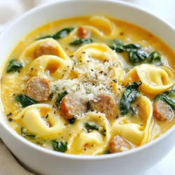 - 1 tablespoon olive oil - 1 pound Italian sausage, casings removed - 1 medium onion, diced - 3 cloves garlic, minced - 4 cups chicken broth - 1 cup heavy cream - 1 package (9 ounces) cheese tortellini - 4 cups fresh spinach, roughly chopped - 1 teaspoon Italian seasoning - Salt and pepper to taste - Grated Parmesan cheese for serving To make Creamy Sausage Spinach Tortellini Soup, you need simple, tasty ingredients. First, I use olive oil to sauté. It adds flavor and healthy fats. Then, I choose Italian sausage for its rich taste. I remove the casings for easy cooking. Next, I chop a medium onion and mince three cloves of garlic. These aromatic veggies build the base of the soup. They create a strong, inviting smell as they cook. For the broth, I rely on four cups of chicken broth. It adds depth and warmth. I pour in one cup of heavy cream for creaminess. This makes the soup feel rich and comforting. I also add a package of cheese tortellini. It gives the soup a fun, chewy texture. Fresh spinach is a must for color and nutrients. I use four cups, roughly chopped. Italian seasoning enhances the soup's flavor profile. Finally, I season with salt and pepper to taste. I finish with grated Parmesan cheese. It adds a salty kick and makes the soup even better. - Additional vegetables (e.g., carrots, celery) - Different types of cheese - Spices or herbs for enhanced flavor If you want to change things up, consider optional add-ins. Extra veggies like carrots or celery add color and texture. You can also swap in different cheeses for a unique taste. Adding spices or herbs can enhance the flavor too. Consider red pepper flakes for heat or fresh herbs for brightness. These tweaks let you customize your soup to fit your taste. {{ingredient_image_1}} - Heating the olive oil Start by heating 1 tablespoon of olive oil in a large pot over medium heat. This oil will help cook the sausage and add flavor. - Cooking the Italian sausage Next, add 1 pound of Italian sausage to the pot. Use a wooden spoon to break it apart. Cook for about 5-7 minutes until it turns brown and is fully cooked. - Sautéing onions and garlic Add 1 medium diced onion and 3 minced garlic cloves to the pot. Sauté these for 3-4 minutes until the onion is soft and clear. This step builds a great base flavor. - Adding broth and cream Pour in 4 cups of chicken broth and bring it to a gentle boil. Then lower the heat and stir in 1 cup of heavy cream. This gives the soup its rich, creamy texture. - Incorporating tortellini Add a 9-ounce package of cheese tortellini to the pot. Cook them according to the package instructions, usually about 3-5 minutes. You will know they are ready when they float. - Stirring in spinach Lastly, fold in 4 cups of roughly chopped spinach and 1 teaspoon of Italian seasoning. Cook for about 2 minutes until the spinach wilts down and turns bright green. - Adjusting seasoning Take a moment to taste your soup. Add salt and pepper to enhance the flavors as needed. This step makes sure your soup is just right. - Serving suggestions Ladle the soup into rustic bowls. Top each bowl with grated Parmesan cheese for extra flavor. Pair with crusty bread to soak up that creamy goodness! To get the best texture, focus on creamy balance. Start by browning the sausage well. This step adds flavor. Make sure to break it up as it cooks. You want it in small pieces. Sauté the onion and garlic until they are soft and fragrant. This step adds depth to the soup. When adding the broth and cream, stir slowly. This helps combine the flavors well. Prep your ingredients ahead of time. Chop the onion and garlic the night before. You can also remove the sausage from its casing in advance. If you’re busy, consider store-bought tortellini. They cook quickly and save time. You can also use pre-washed spinach to cut down on prep time. Pair this soup with crusty bread. It soaks up the creamy broth nicely. For bowl presentation, use rustic bowls. Top each bowl with extra Parmesan cheese. Add a few fresh spinach leaves as a pop of color. This makes the dish look inviting, and it tastes great too! Pro Tips Use Fresh Ingredients: Fresh spinach and high-quality Italian sausage will enhance the flavor of your soup significantly. Adjust Creaminess: For a lighter version, reduce the amount of heavy cream or substitute with half-and-half. Make It Ahead: This soup can be made in advance and stored in the refrigerator. Just reheat gently when ready to serve. Experiment with Cheese: Try adding different types of cheese, like mozzarella or fontina, for a unique twist on flavor. {{image_2}} You can easily make this soup fit your diet. If you need gluten-free options, look for gluten-free tortellini. Many brands offer great choices that taste just as good. For a dairy-free version, use coconut cream instead of heavy cream. This swap keeps the soup creamy and rich without dairy. Want to give your soup a kick? Add red pepper flakes while cooking. Start with a pinch and adjust to your taste. If you prefer a different protein, try chicken. Just cook it the same way as the sausage. Shredded rotisserie chicken is a quick option, too. Use seasonal veggies to change the soup each time you make it. In winter, root veggies like carrots or parsnips add great flavor. For summer, try zucchini or bell peppers. They add freshness and bright colors to your bowl. To store leftover creamy sausage spinach tortellini soup, let it cool first. Use an airtight container to keep it fresh. Place the container in the fridge. The soup stays good for about 3 to 4 days. Make sure to reheat it well before serving again. You can freeze this soup if you want to save some for later. First, let the soup cool completely. Pour it into freezer-safe bags or containers. Leave some space at the top for expansion. This soup can last in the freezer for up to 3 months. To reheat, thaw it overnight in the fridge. Then, heat it on the stove over low heat. Stir often to mix the flavors back together. If the soup is too thick, add a splash of broth or cream. Enjoy your warm bowl of soup! Can I use frozen tortellini instead? Yes, you can use frozen tortellini. Just add them directly to the soup. They will cook in about 5-7 minutes. Frozen tortellini works well and saves time. How do I make the soup thicker? To thicken the soup, you can add more heavy cream. Another option is to mix in a bit of cornstarch with water. Stir this mixture into the soup, and heat until thickened. Is there a vegetarian version of this soup? Yes, you can make it vegetarian by using vegetable broth and omitting the sausage. You can add mushrooms or other hearty veggies for texture and flavor. What can I substitute for Italian sausage? For a substitute, try ground turkey or chicken. You can also use plant-based sausage for a meat-free option. Season with Italian herbs to mimic the flavor. How long does this soup last in the fridge? The soup lasts about 3-4 days in the fridge. Store it in an airtight container for best results. What to serve with creamy soup? Crusty bread pairs well with this creamy soup. You can also serve it with a fresh salad for a light meal. Can I add more spinach? Absolutely! Feel free to add more spinach if you like. It adds great flavor and nutrition to the soup. This blog post covered everything you need for a delicious creamy soup. We explored essential ingredients like olive oil, Italian sausage, tortellini, and fresh spinach. I shared step-by-step cooking instructions to make the process simple. You also learned tips for perfecting the soup and a few tasty variations. As you cook, feel free to get creative with ingredients and flavor. Enjoy making your soup unique! The right choices will help you serve a dish that warms both heart and home.