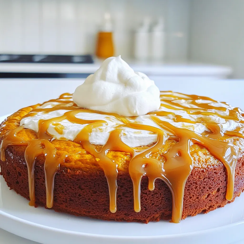 To make your Pumpkin Caramel Butter Cake, gather these ingredients: - 1 cup unsalted butter, softened - 1 ½ cups brown sugar, packed - 1 cup granulated sugar - 4 large eggs - 1 cup canned pumpkin puree - 2 teaspoons vanilla extract - 3 cups all-purpose flour - 1 teaspoon baking powder - 1 teaspoon baking soda - ½ teaspoon salt - 1 teaspoon ground cinnamon - ½ teaspoon ground nutmeg - ¼ teaspoon ground ginger - 1 cup caramel sauce (store-bought or homemade) - Optional: Whipped cream for serving If you need to substitute, here are some ideas: - Use coconut oil for unsalted butter. - Replace brown sugar with coconut sugar. - For eggs, use flaxseed meal mixed with water. - Use gluten-free flour in place of all-purpose flour. These swaps can help you fit your dietary needs without losing flavor. This cake serves about 12 people. Each serving has roughly: - Calories: 320 - Fat: 15g - Carbohydrates: 51g - Protein: 4g - Fiber: 1g These values can change based on your ingredient choices. Be sure to check labels for the most accurate numbers. 1. Start by preheating your oven to 350°F (175°C). This helps the cake cook evenly. 2. Grease and flour a 9x13 inch baking dish. You can also use parchment paper. This makes it easy to take the cake out later. 3. In a large bowl, cream together 1 cup of softened butter, 1 ½ cups of brown sugar, and 1 cup of granulated sugar. Mix until light and fluffy, about 3-4 minutes. 4. Add 4 large eggs one at a time. Make sure to mix well after each egg. 5. Next, add 1 cup of canned pumpkin puree and 2 teaspoons of vanilla extract. Mix until everything is combined. 6. In another bowl, whisk together 3 cups of all-purpose flour, 1 teaspoon of baking powder, 1 teaspoon of baking soda, ½ teaspoon of salt, 1 teaspoon of ground cinnamon, ½ teaspoon of ground nutmeg, and ¼ teaspoon of ground ginger. 7. Gradually add the dry mix to the wet mix. Stir gently until just combined. Be careful not to overmix. 1. Pour half of the batter into your prepared baking dish. Spread it evenly across the bottom. 2. Drizzle half of the 1 cup of caramel sauce over the batter. 3. Pour the remaining batter on top. Use a knife to swirl in the remaining caramel for a marbled look. 4. Place the dish in the preheated oven. Bake for 35-45 minutes. Check with a toothpick; it should come out clean when done. 1. Once baked, allow the cake to cool in the pan for at least 10 minutes. 2. For extra sweetness, drizzle more caramel sauce on top. 3. Serve the cake warm or at room temperature. A dollop of whipped cream on top makes it even better. Enjoy! To get the best texture for your cake, use room temperature butter and eggs. This helps them mix well and makes the cake light and fluffy. When you cream the butter and sugars, mix until it is light and airy. This usually takes about three to four minutes. Mix the dry ingredients separately before adding them to the wet mix. This helps to avoid lumps. Be careful not to overmix once you add the flour. Stop mixing as soon as you see no dry flour. Here are some tools that can make your baking easier: - Mixing bowls: Use a large bowl for wet ingredients and a separate one for dry. - Electric mixer: This speeds up creaming butter and sugar. - Rubber spatula: Great for scraping the bowl and mixing gently. - 9x13 inch baking dish: This is perfect for baking your cake. - Toothpick: Use it to check if the cake is done. Having the right tools will help you bake with ease. Here are mistakes to watch out for: - Not measuring ingredients: Use measuring cups and spoons for accuracy. - Skipping the butter softening step: Cold butter does not mix well and can lead to a dense cake. - Overmixing the batter: This can make the cake tough. Mix just until combined. - Not checking for doneness: Always test with a toothpick before removing the cake from the oven. Avoiding these mistakes will help you create a perfect pumpkin caramel butter cake every time! {{image_2}} You can make this cake gluten-free! Use a gluten-free flour blend instead of regular flour. Look for blends that have xanthan gum in them. This helps give the cake a nice texture. Follow the same mixing steps as in the recipe. Bake it just like the original. This option makes it friendly for those with gluten needs. To make this cake dairy-free, swap the unsalted butter for coconut oil or a dairy-free butter. Use a dairy-free milk, like almond or oat milk, instead of regular milk in any whipped cream you want to add. This keeps the cake moist and tasty without dairy. The flavor stays rich and delicious! Get creative with flavors! You can add chopped nuts like pecans or walnuts for a nice crunch. Chocolate chips make it even sweeter. Try adding dried fruit like cranberries for a pop of color and taste. For a spicier kick, mix in some cayenne pepper or extra ginger. These small changes can make each bite unique and fun! To store your leftover pumpkin caramel butter cake, first let it cool completely. Once cool, cover it tightly with plastic wrap or aluminum foil. You can also place it in an airtight container. This helps keep the cake moist and fresh. Stored this way, the cake can last for up to 4 days in the fridge. If you want to keep your cake longer, freezing is a great option. Cut the cake into slices for easy serving later. Wrap each slice in plastic wrap, then place them in a freezer bag. Squeeze out as much air as you can before sealing. This way, the cake stays fresh for up to 3 months. When you’re ready to enjoy, just thaw it in the fridge overnight. To bring back the warm, soft texture of your cake, gently reheat it. You can use the microwave for a quick fix. Heat a slice for about 15-20 seconds. If you prefer the oven, preheat it to 350°F (175°C). Place the slice on a baking sheet and warm it for about 10 minutes. Don’t forget to add a drizzle of caramel sauce or a dollop of whipped cream before serving! Yes, you can use fresh pumpkin. First, pick a sugar pumpkin. Cut it, cook it, and scoop out the flesh. Puree it until smooth. This gives a fresh taste. Just remember, fresh pumpkin can have more moisture. You may need to adjust the flour in the recipe. Start with half a cup less. Then, check the batter's thickness. You can use white sugar mixed with molasses. For every cup of brown sugar, use one cup of white sugar and one tablespoon of molasses. Mix them well. This gives a similar flavor and color. If you don’t have molasses, use regular white sugar. The taste will change slightly, but the cake will still be tasty. This cake can last up to five days when stored right. Keep it in an airtight container at room temperature. If you want it to last longer, you can freeze it. Wrap it well in plastic wrap and then foil. It can last for up to three months in the freezer. Just thaw it in the fridge before serving. This blog post covered the key ingredients, step-by-step baking instructions, and useful tips. I shared ways to modify the recipe for gluten-free and dairy-free diets. We also looked at how to store leftovers properly. In conclusion, you can create a delicious cake that suits your needs. Following these steps will help you bake with confidence. Enjoy your cake, and don’t forget to share your results!