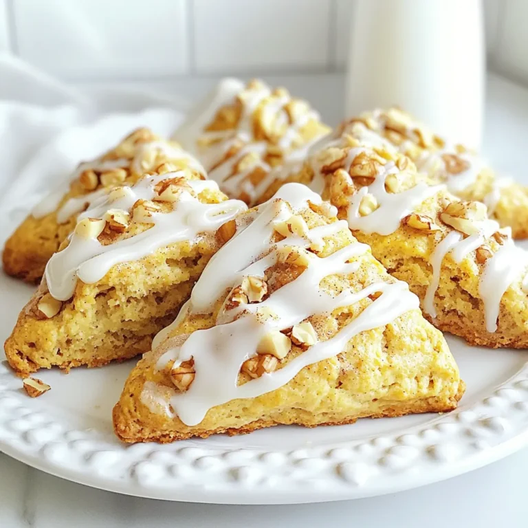 To make these tasty scones, you need a few key items: - 2 cups all-purpose flour - 1/4 cup brown sugar - 1 tablespoon baking powder - 1 teaspoon ground cinnamon - 1/2 teaspoon ground nutmeg - 1/4 teaspoon ground ginger - 1/4 teaspoon salt - 1/2 cup cold unsalted butter, cubed - 1/2 cup pumpkin puree - 1/4 cup heavy cream - 1 large egg - 1 teaspoon vanilla extract These ingredients give the scones a soft and moist texture. The spices add warmth and flavor, making them perfect for fall. You can make your scones unique by adding extras. Consider these options: - 1/2 cup chopped walnuts or pecans - Chocolate chips - Dried cranberries These add-ins can enhance the taste and add a nice crunch. If you run out of an ingredient, here are some swaps you can use: - Replace all-purpose flour with a gluten-free blend. - Use honey or maple syrup instead of brown sugar. - Swap heavy cream for almond or coconut milk. These substitutes help you adapt the recipe to your needs while still enjoying delicious scones. {{ingredient_image_1}} First, set your oven to 400°F (200°C). This heat helps the scones rise well. Next, line a baking sheet with parchment paper. This keeps the scones from sticking and makes cleanup easy. In a large bowl, add 2 cups of all-purpose flour, 1/4 cup of brown sugar, and 1 tablespoon of baking powder. Then, mix in 1 teaspoon of ground cinnamon, 1/2 teaspoon of ground nutmeg, 1/4 teaspoon of ground ginger, and 1/4 teaspoon of salt. Whisk these dry ingredients together until they're well mixed. In another bowl, pour in 1/2 cup of pumpkin puree, 1/4 cup of heavy cream, and crack in 1 large egg. Add 1 teaspoon of vanilla extract. Whisk these ingredients until the mixture is smooth and well blended. Now, pour the wet mixture into the dry ingredients. Stir until just combined. If you want, fold in 1/2 cup of chopped walnuts or pecans for extra flavor. Transfer the dough to a floured surface. Gently knead it a few times until it holds together. Shape it into a round disc about 1 inch thick. Cut the dough into 8 equal triangles, like a pizza. Place the scones on the prepared baking sheet. Leave space between them. Bake for 15 to 18 minutes. They should turn golden-brown, and a toothpick should come out clean when tested. Once done, let them cool before adding icing. To get the best dough, start with cold butter. Cold butter makes the scones fluffy. Use your fingers or a pastry cutter to mix the butter into the flour. Stop when it looks like coarse crumbs. If the dough is too sticky, add more flour slowly. If it’s too dry, add a bit of cream. When you bake, preheat your oven to 400°F (200°C). This helps the scones rise. Line your baking sheet with parchment paper to prevent sticking. Space the scones apart, so they cook evenly. Bake for 15-18 minutes. They should be golden-brown and firm. Always check with a toothpick. If it comes out clean, they are done. For the icing, mix powdered sugar and milk in a small bowl. Start with 1 tablespoon of milk. If it’s too thick, add more milk slowly. Whisk until smooth. Once the scones cool, drizzle or spread the icing on top. This adds a sweet touch that makes them extra special. Pro Tips Use Cold Butter: Make sure your butter is very cold; this helps create flaky layers in the scones. Don’t Overmix: Mix the wet and dry ingredients just until combined to avoid tough scones. Chill the Dough: For even better texture, chill the dough for 15-20 minutes before cutting and baking. Adjust Icing Consistency: Add more milk to the icing for a drizzle or less for a thicker spread. {{image_2}} You can easily switch up the flavor of pumpkin scones. Here are some fun ideas: - Chocolate Chip: Add 1/2 cup of chocolate chips to the dough for a sweet twist. - Cranberry: Mix in 1/2 cup of dried cranberries for a tart flavor. - Maple: Replace some of the brown sugar with maple syrup for a rich taste. - Spices: Try adding cardamom or allspice for deeper flavor notes. Each of these options can make your scones unique and exciting. You can make these scones gluten-free. Just follow these steps: - Flour: Substitute all-purpose flour with a 1:1 gluten-free flour blend. - Baking Powder: Ensure your baking powder is gluten-free. - Texture: The texture may vary, so don't worry if they feel different. With these swaps, you can enjoy the same great taste without the gluten. These pumpkin scones are great for any occasion. Here are some serving ideas: - Breakfast: Serve warm with butter or cream cheese for a hearty start. - Coffee Break: Pair with your favorite coffee or tea for a cozy afternoon snack. - Dessert: Drizzle icing on top and enjoy as a sweet treat after dinner. Don’t forget to share them with friends or family! They will love these tasty scones. To keep your leftover scones fresh, place them in an airtight container. This helps prevent them from drying out. You can store them at room temperature for up to two days. If you want to keep them longer, refrigerate them. Just remember, refrigerating can change their texture a bit. Freezing scones is a great way to enjoy them later. First, let the scones cool completely. Then, wrap each one in plastic wrap. Place them in a freezer bag or container. Make sure to label it with the date. Frozen scones can last for up to three months. When you're ready to enjoy them, you can thaw them overnight in the fridge. To reheat your scones, preheat your oven to 350°F (175°C). Place the scones on a baking sheet. Heat them for about 10-15 minutes. This will help restore their warmth and texture. If you prefer a softer scone, you can microwave them for about 15-20 seconds. Just be careful not to overheat, or they may get tough. Enjoy your Starbucks Style pumpkin scones fresh again! You can add more spices for a bolder taste. Try using more cinnamon or nutmeg. You can also mix in some chocolate chips or dried fruit. A touch of maple syrup can enhance sweetness too. These tweaks create a richer flavor profile. Don't be afraid to experiment with flavors you love. Yes, you can use fresh pumpkin! Just make sure to cook and puree it first. Fresh pumpkin gives a lovely taste and texture. It may add some moisture, so adjust the flour if needed. Aim for a similar consistency to canned pumpkin puree. Serve pumpkin scones warm for the best flavor. You can add a drizzle of icing on top. Pair them with coffee or tea for a cozy treat. Enjoy them for breakfast or as a snack. You can also serve them with butter or cream cheese. Homemade scones last about 2-3 days at room temperature. Store them in an airtight container to keep them fresh. You can also freeze them for up to a month. Just make sure to wrap them well before freezing. Reheat them in the oven for a fresh taste. In this post, we covered how to make tasty Starbucks-style pumpkin scones. I shared essential ingredients and optional add-ins to customize your scones. You learned step-by-step instructions for baking, tips for the perfect dough and icing, and how to store your scones. Don’t forget to try the fun variations we discussed. Enjoy your baking journey, and share these scones with friends and family! You'll impress everyone with your skills.