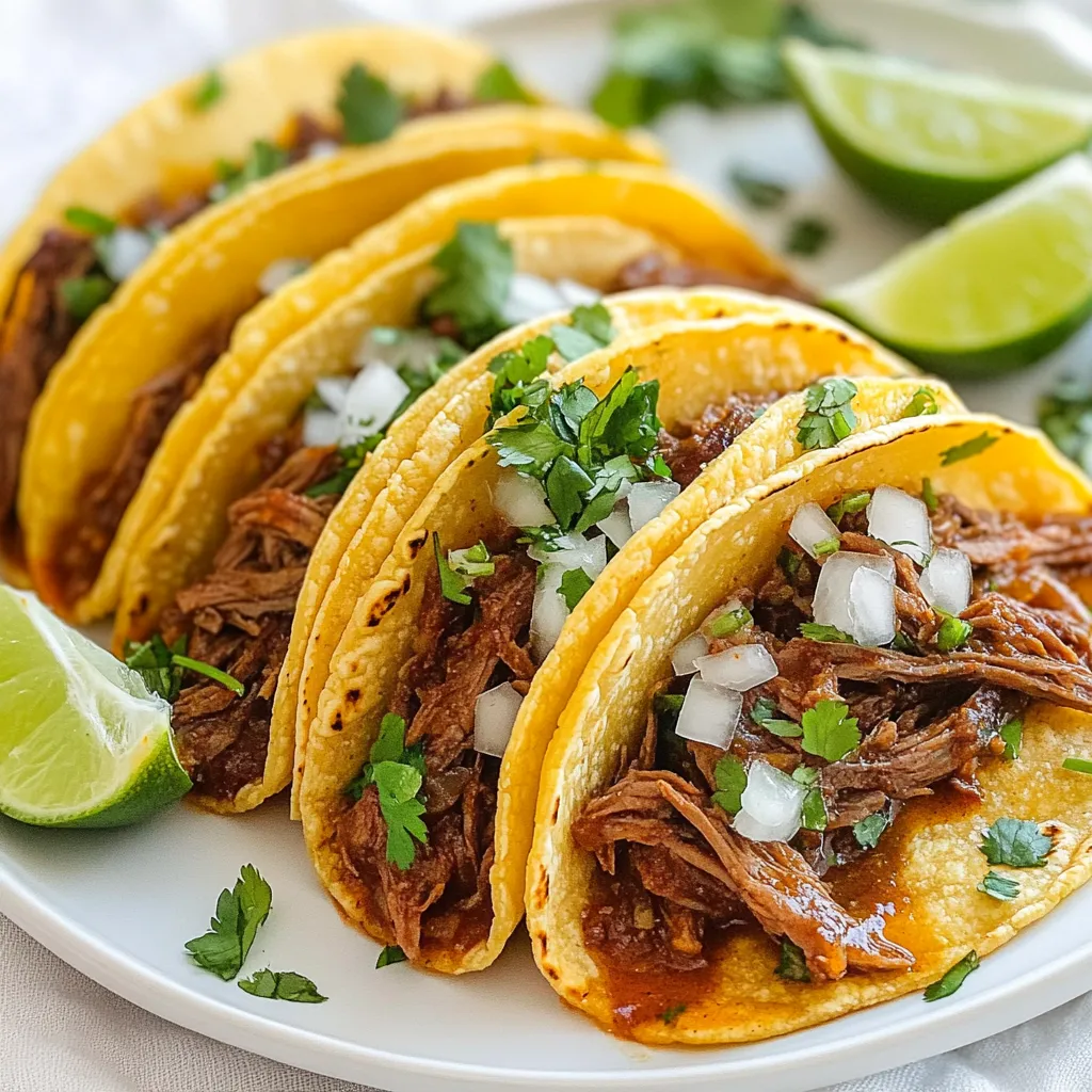 To make the best birria tacos, you need a few key items. Here’s what you’ll need: - 2 lbs beef chuck roast, cut into chunks - 2 dried guajillo chilies, seeds removed - 2 dried ancho chilies, seeds removed - 1 medium onion, quartered - 5 cloves garlic, minced - 2 tsp ground cumin - 2 tsp oregano - 1 tsp smoked paprika - 4 cups beef broth - 2 tablespoons apple cider vinegar - Salt and pepper, to taste - Corn tortillas - Fresh cilantro, chopped for garnish - Diced onions and lime wedges for serving It’s important to measure ingredients carefully. Here’s a simple guide: - For meat, use 2 pounds. Chuck roast gives great flavor. - Use 2 dried guajillo and 2 ancho chilies for rich taste. - Mince 5 cloves of garlic for strong flavor. - Measure 2 teaspoons each of cumin and oregano. - Use 1 teaspoon of smoked paprika for a hint of smokiness. - Add 4 cups of beef broth for a savory base. - 2 tablespoons of apple cider vinegar balance the flavors. - Adjust salt and pepper to your taste. Choosing the right ingredients makes a big difference. Here’s how to select the best: - Beef: Look for fresh, well-marbled chuck roast. It should be bright red with minimal browning. - Chilies: Choose dried chilies that feel smooth and look vibrant. Avoid any with dark spots or damage. - Onion and Garlic: Pick firm onions and plump garlic bulbs. They should feel heavy for their size. - Herbs and Spices: Buy ground spices in small amounts for freshness. Check the date on the package. - Tortillas: Select high-quality corn tortillas. They should be soft and pliable, not dry or crumbly. By following these tips, you’ll ensure your birria tacos are both flavorful and satisfying. {{ingredient_image_1}} First, you need to toast the dried chiles. Use a small pan over medium heat. Add the guajillo and ancho chiles. Toast them for about 2-3 minutes. You want them fragrant but not burnt. After toasting, soak the chiles in hot water. Let them soak for 15 minutes until soft. After that, drain the water. Next, grab a blender. Add the softened chiles, quartered onion, and minced garlic. Include ground cumin, oregano, and smoked paprika. Pour in 1 cup of beef broth. Blend everything until smooth. Taste the sauce and add salt and pepper as needed. This sauce is the heart of your tacos. Now, it's time to cook the beef. In a large pot or Dutch oven, add beef chunks. Pour in the chili sauce and remaining beef broth. Add apple cider vinegar. Bring the mixture to a simmer over medium-high heat. Then, reduce the heat to low. Cover and let it cook for 2.5 to 3 hours. The meat should be tender and shred easily. After cooking, remove the beef and shred it with two forks. Strain the broth, discarding solids. Mix some of the broth back with the shredded beef. To prepare the tacos, heat a skillet over medium heat. Lightly toast corn tortillas on both sides. Fill each tortilla with the shredded beef mixture. For garnishing, use chopped cilantro and diced onions. Serve with lime wedges for fresh juice. This adds a bright touch to your tacos. Enjoy every bite of your delicious Birria tacos! When making birria tacos, watch out for a few common mistakes. First, do not skip toasting the chiles. This step brings out their rich flavors. If you burn them, the sauce will taste bitter. Second, avoid using too much salt early on. You can always add more later, but you can't take it out. Finally, do not rush the cooking time. The meat needs time to become tender. If you try to cook it too fast, it will not shred well. To make your birria tacos stand out, think about adding layers of flavor. You can use fresh herbs like oregano and cilantro. Consider adding a squeeze of lime juice right before serving. This brightens the dish and balances the rich meat. Experiment with spices too. Adding a pinch of cinnamon or clove can create a warm, complex taste. Don't forget to taste as you go. Adjust salt and pepper to your liking for the best result. Using the right tools can make cooking easier. A large pot or Dutch oven is perfect for simmering the beef. It helps keep the heat steady and cooks the meat evenly. A blender is essential for making a smooth sauce. If you have one, an immersion blender can also work well. For serving, get a skillet to toast the tortillas. A good pair of tongs will help you handle everything safely. These tools will help you create the best birria tacos. Pro Tips Choose the Right Cut: For tender and flavorful birria, use beef chuck roast as it has a good amount of fat that keeps the meat juicy during cooking. Chili Toasting: Toasting the dried chilies enhances their flavor. Be careful not to burn them, as this can introduce bitterness. Broth Balance: Adjust the amount of broth based on your desired consistency. If you prefer a thicker sauce, use less broth when mixing back with the shredded beef. Resting Time: Let the shredded beef rest in the broth for a while before serving. This allows the flavors to meld and ensures each bite is packed with taste. {{image_2}} You can enjoy birria tacos without meat. Use jackfruit or mushrooms instead. Jackfruit mimics pulled meat well. It absorbs flavors and adds texture. For mushrooms, use shiitake or portobello. They have a rich flavor. Cook them just like the beef. Blend your spices and sauce with the same care. This way, you keep the essence of birria. If you want variety, try different proteins. Pork shoulder works great too. It gets tender and juicy. Chicken is another option. Use thighs for more flavor. For a lighter option, go with turkey. Each meat brings its unique taste. Just follow the same cooking steps. Make sure to adjust cooking times as needed. Birria tacos shine in many styles. You can use corn or flour tortillas. Corn tortillas add authentic flavor. Flour tortillas offer a soft bite. Serve them crispy or soft. Try frying the tortillas in the leftover broth for added taste. Garnish with diced onions and fresh cilantro. A squeeze of lime adds brightness. For a twist, add avocado or cheese. These toppings enhance the taco experience. To keep your leftover birria fresh, place it in an airtight container. Make sure to store the meat and broth together. This helps the meat stay moist. You can keep it in the fridge for up to four days. When you're ready to enjoy your birria again, reheat it on the stove. Pour the meat and broth into a pot and warm over medium heat. Stir often until it's hot. You can also use a microwave if you're in a hurry. Just cover the container and heat in short bursts to avoid drying it out. If you want to save birria for a long time, freezing is a great option. Let the meat and broth cool completely before transferring to freezer-safe bags. Remove as much air as possible to avoid freezer burn. You can freeze it for up to three months. When you’re ready to eat, thaw it overnight in the fridge and reheat as described above. Birria tacos are a tasty Mexican dish. They feature tender meat, usually beef, cooked in a rich, spicy broth. The meat is shredded and placed inside warm corn tortillas. You can add toppings like onions and cilantro. The broth is often served on the side for dipping, adding more flavor to each bite. Yes, you can make Birria tacos in a slow cooker! Start by toasting the chilies and blending the sauce as usual. Then, place the beef, sauce, and broth in the slow cooker. Cook on low for 6-8 hours or until the meat is tender. This method is simple and lets the flavors develop nicely. Several sides go well with Birria tacos. You can serve them with: - Mexican rice - Refried beans - Grilled corn - Salsa and chips These sides complement the rich flavors of the tacos and make a satisfying meal. Yes, there are gluten-free options for Birria tacos. Use corn tortillas, which are naturally gluten-free. Always check labels for any added ingredients that may contain gluten. You can enjoy this dish without worry! This blog post covered all the key steps to make tasty Birria Tacos. We explored essential ingredients, helpful tips, and step-by-step instructions for preparation and cooking. I discussed delicious variations to try and how to store leftovers for future meals. Now, you have all the tools to create a fun feast. Enjoy your cooking and share your taco creations with friends and family. They will love your skills!