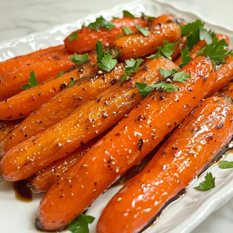 - 1 pound baby carrots (or regular carrots cut into sticks) - 3 tablespoons balsamic vinegar - 2 tablespoons honey or maple syrup - 1 tablespoon olive oil - 1 teaspoon fresh rosemary, chopped (or ½ teaspoon dried rosemary) - 1 teaspoon garlic powder - Salt and pepper to taste - Fresh parsley for garnish These ingredients work together to create a simple and tasty dish. The baby carrots offer a sweet and crisp base. Balsamic vinegar adds a rich flavor that makes these carrots shine. Honey or maple syrup enhances the sweetness and balances the tang of the vinegar. Olive oil helps the carrots roast perfectly. Fresh rosemary gives a fragrant note that pairs well with the sweet and sour elements. Garlic powder adds depth and warmth. Finally, salt and pepper round out the flavors and bring it all together. - Additional herbs (such as thyme or dill) - Other vegetables to mix (like bell peppers or zucchini) - Different sweeteners (like agave syrup or brown sugar) Feel free to get creative! Adding herbs like thyme or dill can change the flavor a bit. You can also mix in other veggies for more color and taste. If you want to switch things up, try different sweeteners. Each choice brings its own unique twist to the dish. - Preheat the oven to 425°F (220°C). - In a large bowl, whisk together: - 3 tablespoons balsamic vinegar - 2 tablespoons honey or maple syrup - 1 tablespoon olive oil - 1 teaspoon fresh rosemary, chopped (or ½ teaspoon dried rosemary) - 1 teaspoon garlic powder - Salt and pepper to taste Start by preheating your oven. This helps the carrots cook evenly. Next, mix the balsamic vinegar, honey (or maple syrup), olive oil, rosemary, garlic powder, salt, and pepper. Whisk until it’s well blended. This mixture will cover the carrots with rich flavor. - Toss carrots in the balsamic mixture. - Ensure even coating for maximum flavor. Add your carrots to the bowl with the balsamic mix. Toss them well. Make sure every carrot gets a nice coat of the mixture. This step is key for a burst of flavor in each bite. - Spread carrots on a lined baking sheet. - Roast for 20-25 minutes, stirring halfway through. Now, lay the coated carrots on a baking sheet lined with parchment paper. This makes cleanup easy. Roast them in the oven for 20 to 25 minutes. Halfway through, give them a stir. This helps them cook evenly and caramelize nicely. You want them tender but still a little firm. Enjoy the wonderful smell filling your kitchen! For even cooking, cut the carrots into similar sizes. If you use baby carrots, they are good as they are. For regular carrots, cut them into sticks about the same width. This step helps them cook evenly. Place the baking sheet in the middle rack of the oven. This position allows hot air to circulate around the carrots. It helps them cook and caramelize well. You can add spices like paprika or cumin for extra flavor. Fresh herbs such as thyme or dill also work nicely. If you want a sweeter taste, increase the honey or maple syrup. A little more can change the dish to your liking. Serve the roasted carrots on a large, colorful plate. Drizzle leftover glaze from the baking sheet on top for shine. For added flair, sprinkle sesame seeds or cracked black pepper. Fresh parsley as a garnish looks great and adds flavor too. {{image_2}} You can change the type of carrots you use. Baby carrots work great, but regular carrots cut into sticks taste just as good. If you want a vegan option for honey, maple syrup is a perfect choice. You can also try agave syrup. For the vinegar, balsamic is best, but red or white wine vinegar can add a different twist. Experimenting with these substitutions allows you to discover new flavors. If you want a faster method, try the air fryer. Set it to 400°F (200°C) and cook for about 15 minutes. Check them halfway and shake the basket for even cooking. Grilling is another option. It gives the carrots a smoky flavor. Just toss them on the grill after coating them. Cook for about 10-15 minutes, turning often. Balsamic roasted carrots go well with many main dishes. They pair nicely with grilled chicken or fish. You can also serve them with a hearty steak. For sides, mashed potatoes or quinoa make great choices. A fresh salad with lemon dressing can balance the sweetness of the carrots too. Each of these pairings enhances the overall meal experience. To store leftover balsamic roasted carrots, let them cool first. Place them in an airtight container. This helps keep them fresh. You can store them in the fridge for up to five days. If you want to freeze them, use a freezer-safe bag. Squeeze out as much air as you can. They can last in the freezer for up to three months. When you want to reheat your carrots, you have two good options: the oven or the microwave. To use the oven, preheat it to 350°F (175°C). Place the carrots on a baking sheet and warm them for about 10-15 minutes. This keeps them crispy. If you choose the microwave, put the carrots in a bowl. Heat them in short bursts of 30 seconds. Stir between each burst to keep them even. This way, you keep the flavor and texture. Balsamic roasted carrots will last about five days in the fridge. If they start to smell off or look slimy, it’s best to toss them. Always check for signs of spoilage to keep your meals safe. Yes, you can use regular carrots. They will have a different texture and sweetness. Regular carrots are larger and denser. This may require longer cooking time to get them tender. Slice them into sticks for even cooking. Baby carrots are sweeter and cook faster. Both options will taste great when roasted with balsamic glaze. This recipe is indeed healthy. Carrots are rich in vitamins and fiber. They can help with vision and digestion. Balsamic vinegar adds flavor without many calories. It also contains antioxidants. This dish offers a tasty way to enjoy nutritious ingredients. To reduce sweetness, use less honey or maple syrup. You can also skip the sweetener altogether. Add more balsamic vinegar to keep flavor strong. For a savory twist, try adding garlic or spices. You can mix in other vegetables too, like broccoli or zucchini, for more taste without added sugar. Balsamic roasted carrots are easy and delicious. They use simple ingredients like carrots and balsamic vinegar. Follow the steps to achieve the best flavor. Experiment with variations to suit your taste. Remember, this dish pairs well with many meals. Store leftovers wisely for future enjoyment. Keep it fresh and tasty. Enjoy this simple recipe anytime you want a healthy side. Try new twists and make it your own. You will love how versatile and enjoyable this dish can be!