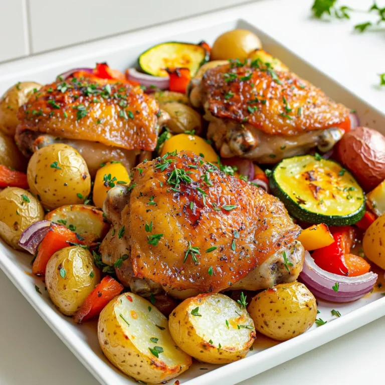 To make this herb roasted chicken and veggies, gather these items: - 4 bone-in, skin-on chicken thighs - 2 cups baby potatoes, halved - 1 red bell pepper, chopped - 1 yellow bell pepper, chopped - 1 zucchini, sliced - 1 red onion, quartered - 4 cloves garlic, minced - 3 tablespoons olive oil - 1 tablespoon fresh rosemary, chopped - 1 tablespoon fresh thyme, chopped - 1 teaspoon paprika - Salt and pepper to taste - Fresh parsley for garnish Herbs make this dish pop. Fresh rosemary and thyme add a great taste. They bring a bright flavor that blends well with chicken. If you want a stronger flavor, use dried herbs. Just remember, dried herbs are more potent. Use only half the amount when switching to dried. Paprika gives a warm color and mild spice. It complements the herbs nicely. You need a few tools for this recipe. A large bowl helps mix the chicken and veggies. A whisk works well for blending the olive oil and herbs. You also need a large baking sheet. Lining it with parchment paper makes cleanup easy. A meat thermometer is key to check the chicken's doneness. This ensures you serve safe and tender meat. Start by preheating your oven to 425°F (220°C). This high heat helps the chicken get crispy. While the oven warms up, line a large baking sheet with parchment paper. This makes cleanup easy and helps the food not stick. In a large bowl, mix the chicken thighs with baby potatoes, red bell pepper, yellow bell pepper, zucchini, and red onion. This blend gives great color and flavor. In a separate small bowl, whisk olive oil, minced garlic, chopped rosemary, chopped thyme, paprika, salt, and pepper. This herb mix adds a lovely taste. Pour it over the chicken and veggies. Toss everything together until well coated. Next, take the marinated chicken and place it skin side up on the baking sheet. Spread the veggies around the chicken, leaving space between them. This helps them roast evenly and get that nice caramelization. Roast your dish in the preheated oven for 35-40 minutes. The chicken should reach an internal temperature of 165°F (75°C). The veggies should be tender and caramelized. Stir the veggies halfway through cooking to ensure they brown well. When done, let it rest for a few minutes before serving. Enjoy! To get the best taste, use a good marinade. Mix olive oil, garlic, herbs, salt, and pepper in a bowl. This helps the chicken and veggies soak up the flavors. Let them marinate for at least 30 minutes. For even better results, marinate overnight in the fridge. This way, the herbs will really shine through. When placing the chicken and veggies on the pan, don’t crowd them. Overcrowding makes them steam instead of roast. Give them space so they can brown nicely. If you have too much food, use two pans. This helps everything cook evenly and develop that tasty caramelization. Always check that your chicken is cooked well. Use a meat thermometer to check the thickest part. It should read 165°F (75°C) for safe eating. If you don’t have a thermometer, cut into the chicken. The juices should run clear, and the meat should not be pink. This ensures you serve a safe and delicious meal. {{image_2}} You can change the veggies in this dish. Try using carrots, broccoli, or asparagus. Sweet potatoes also add great flavor. Just cut them into even pieces for a good roast. Using seasonal vegetables can make this dish fresh and fun. Mix and match your favorites to keep it exciting. If you want to switch proteins, consider using bone-in chicken breasts or drumsticks. These options also work well with the same marinade. You can even try turkey thighs or pork chops. For a meat-free option, use firm tofu or tempeh. Just remember to adjust cooking times for different proteins. Experiment with herbs to change the taste. Basil and oregano can give a Mediterranean twist. For a spicy kick, add some chili flakes or cayenne pepper. You can also use lemon zest for a bright flavor. The key is to find herbs and spices you love. Mix and match to create your own signature dish! To store your herb roasted chicken and veggies, let them cool first. Use an airtight container. Place the chicken and veggies in the container. You can keep them in the fridge for up to three days. If you want to save them longer, consider freezing. When you're ready to enjoy leftovers, preheat your oven to 350°F (175°C). Place the chicken and veggies on a baking sheet. Cover them with foil to keep moisture in. Heat for about 20 minutes or until warm. This keeps the chicken juicy and the veggies tasty. If you want to freeze the dish, let it cool completely. Transfer the chicken and veggies into freezer-safe bags or containers. Squeeze out as much air as you can. Label the bags with the date. You can freeze them for up to three months. When ready to eat, thaw in the fridge overnight and reheat as mentioned above. Yes, you can use boneless chicken thighs. They cook faster than bone-in thighs. Adjust your cooking time to about 25-30 minutes. Always check the internal temperature to be sure. This recipe is naturally gluten-free. All the ingredients listed do not contain gluten. Just ensure that any pre-made ingredients, like broth or sauces, are gluten-free. You can use many herbs. Oregano, basil, and sage are great options. Each adds a unique twist. Fresh or dried versions work well. Feel free to mix and match based on your taste. The chicken is done when it reaches 165°F (75°C). Use a meat thermometer to check the thickest part. The juices should run clear. If you see any pink, cook it a bit longer. This blog post covers all you need to know for a great sheet pan meal. We discussed the right ingredients, flavors, and equipment. You learned step-by-step instructions for marinating and roasting. I shared helpful tips to boost flavor and avoid common mistakes. We explored variations with different veggies and proteins. Lastly, I explained how to store and reheat leftovers safely. Remember, mastering this dish is about having fun in the kitchen. Enjoy experimenting with flavors and make it your own!