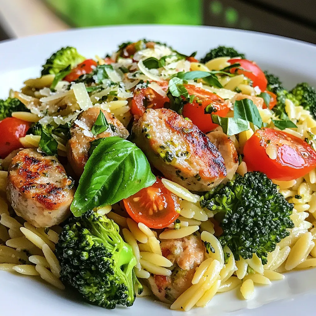 - 8 oz orzo pasta - 2 chicken sausages, sliced - 2 cups broccoli florets - 1 cup cherry tomatoes, halved The main stars of this dish are the orzo and chicken sausage. The orzo gives a lovely base that holds the other flavors. Chicken sausage adds a nice savory touch. Broccoli florets bring great color and crunch. Cherry tomatoes add sweetness and juiciness. - 1 small onion, diced - 2 garlic cloves, minced - 2 tablespoons olive oil - 1 teaspoon Italian seasoning Onion and garlic work together to build a rich flavor. They add depth and make the dish smell amazing. Olive oil keeps everything moist and helps with cooking. Italian seasoning gives a nice blend of herbs that ties the dish together. - 1/4 cup grated parmesan cheese - Fresh basil for garnish Parmesan cheese adds a salty and creamy finish. It melts beautifully over the warm orzo. Fresh basil adds a bright touch. Just sprinkle some on top for a fresh kick. {{ingredient_image_1}} To cook orzo, bring a large pot of salted water to a boil. Add the orzo pasta when the water is bubbling. Cook it according to the package instructions until it is al dente. This typically takes about 8-10 minutes. Stir occasionally to keep it from sticking. Once done, carefully drain the orzo in a colander. Set it aside for later use. Next, heat a tablespoon of olive oil in a large skillet over medium heat. Once the oil is hot, add the sliced chicken sausages. Sauté the sausages for about 5-7 minutes. You want them to turn golden brown and cook through. Stir them often to prevent burning. Once browned, remove the sausages from the skillet and set them aside. In the same skillet, add another tablespoon of olive oil. Then, toss in the diced onion and minced garlic. Sauté these for about 3-4 minutes. You want the onion to turn translucent and fragrant. Next, add the broccoli florets and halved cherry tomatoes to the skillet. Stir these together and cook for another 5-6 minutes. The broccoli should become tender and bright green. Once done, you can move to the next step. To avoid overcooked orzo, follow these steps: - Cook it al dente: Check the orzo a minute before the package time ends. It should still have a slight bite. - Use plenty of water: This helps the orzo move freely and cook evenly. For the best flavor: - Salt your water: Add a good amount of salt to the boiling water before cooking the orzo. This adds flavor right from the start. - Toss with olive oil: After draining, mix the orzo with a bit of olive oil. This helps keep it from sticking. To brown sausage evenly: - Don’t overcrowd the pan: Cook in batches if you have a lot of sausage. This ensures even cooking. - Let it sit: After adding sausage to the pan, don’t stir it right away. Let it brown for a couple of minutes first. For cooking vegetables: - Use medium heat: This helps the onions and garlic become soft and fragrant without burning. - Stir often: Keep the vegetables moving in the pan. This ensures they cook evenly and stay bright in color. For the best accompaniments: - Pair with a salad: A light green salad complements this dish well. It adds freshness. - Serve with crusty bread: A slice of warm bread is perfect for scooping up orzo. For presentation tips: - Use a large bowl: Serve the dish in a big, colorful bowl. This makes it look inviting. - Garnish: A sprinkle of fresh basil and parmesan cheese adds a lovely touch. Pro Tips Choose Quality Sausages: Opt for high-quality chicken sausages for the best flavor. Look for those made with natural ingredients and minimal fillers. Cook Broccoli Perfectly: To keep broccoli vibrant and crisp, avoid overcooking. It should be tender yet still bright green when added to the skillet. Customize Your Veggies: Feel free to add or substitute other vegetables like bell peppers, zucchini, or spinach for a different flavor profile and added nutrition. Use Fresh Herbs: Fresh basil adds a burst of flavor. Consider adding other herbs like parsley or oregano for extra freshness and depth. {{image_2}} You can switch up the chicken sausage to fit your taste. Try turkey sausage or even pork sausage. For a lighter option, consider a plant-based sausage. You can also add a variety of vegetables. Bell peppers, zucchini, or spinach work great. Each veggie brings its unique taste and color to the dish. To boost the flavor, add herbs and spices. Fresh thyme or rosemary adds depth. A pinch of red pepper flakes can give a nice kick too. Different cheese options can change the whole dish. Feta cheese adds a tangy taste. Goat cheese is creamy and rich. You can even try a mix of cheeses for a fun twist. For gluten-free needs, swap the orzo for gluten-free pasta. Quinoa is another great option that adds a nutty flavor. If you want a vegan version, skip the sausage and cheese. Use mushrooms for a meaty texture. You can also add nutritional yeast for a cheesy flavor without dairy. To store leftovers of Chicken Sausage Broccoli Orzo, let it cool first. Place the orzo in an airtight container. This helps keep it fresh and safe to eat. Use glass or plastic containers. Glass keeps odors from escaping and is easy to clean. For reheating, the best method is using the stove. Heat a non-stick pan over low heat. Add a splash of water or broth to keep it moist. Stir it often to avoid sticking. You can also use a microwave. Place the orzo in a microwave-safe bowl and cover it. Heat it for one minute, then stir and heat again if needed. This way, it stays soft and tasty. You can freeze Chicken Sausage Broccoli Orzo for later. First, let it cool completely. Then, place it in a freezer-safe bag or container. Remove as much air as possible to prevent freezer burn. It can last up to three months in the freezer. To thaw, move it to the fridge overnight. You can reheat it once it is fully thawed. To cook orzo, bring a large pot of salted water to a boil. Add orzo and cook until al dente, about 8-10 minutes. Drain it well. Common cooking mistakes include not using enough water or salt. Timing is key; start checking the pasta after 8 minutes to avoid mushiness. Yes, you can make Chicken Sausage Broccoli Orzo in advance. Best practices include cooking the orzo and sausage, then mixing them just before serving. Store it in an airtight container. It can stay fresh in the fridge for up to 3 days. Popular pairings include a fresh garden salad or garlic bread. These sides add freshness and crunch. For a balanced meal, consider serving a light soup or roasted vegetables for added nutrients. In this post, we explored how to make a tasty Chicken Sausage Broccoli Orzo. You learned about key ingredients, including orzo, chicken sausage, and fresh vegetables. We discussed cooking techniques and shared tips to perfect your dish. Remember, you can also make it your own with different ingredients or flavors. Enjoy experimenting with this easy recipe. It’s quick, healthy, and packed with taste. Prepare it any night of the week and impress your family or friends!